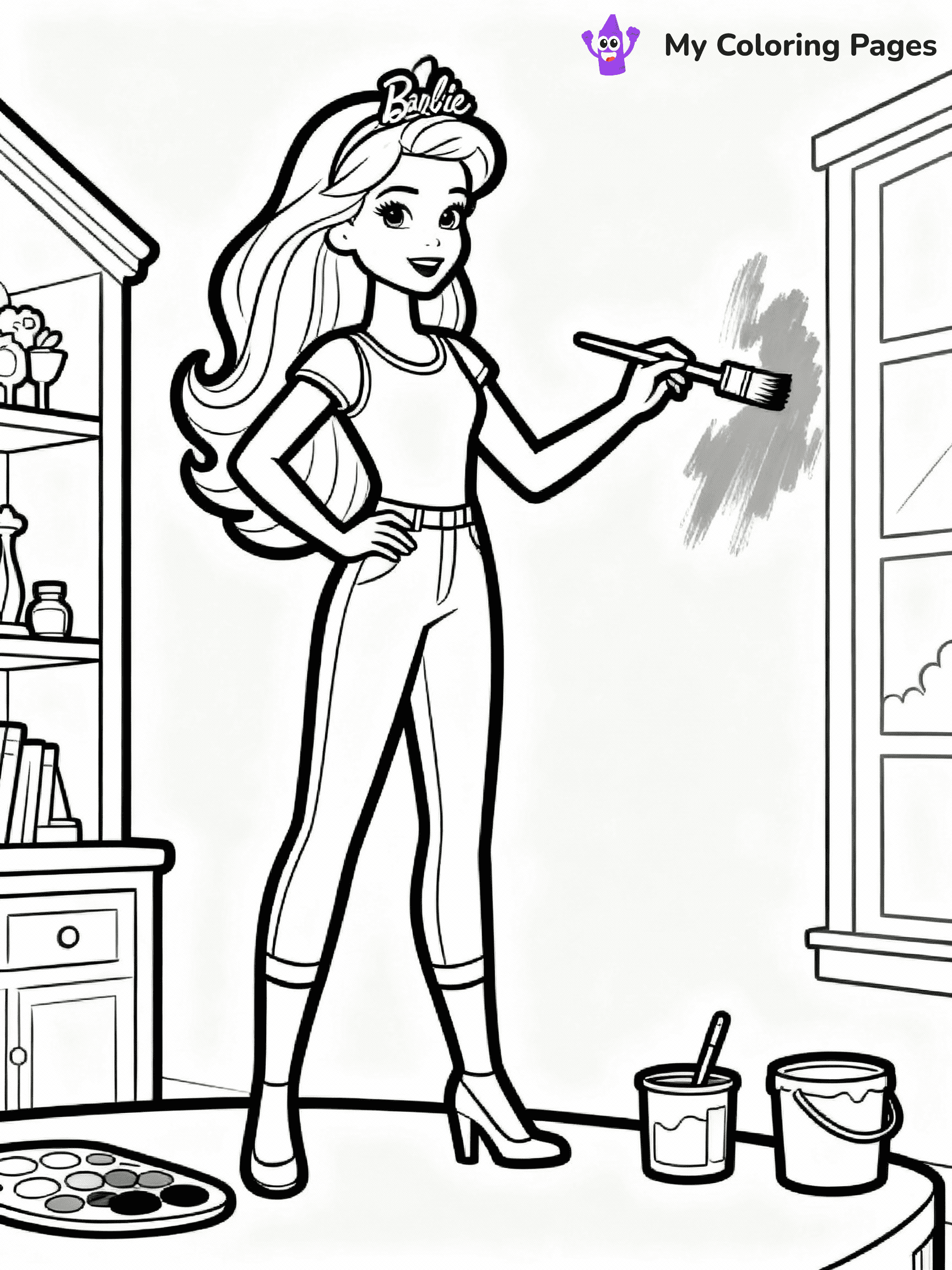 ⚠️ CRITICAL REQUIREMENT - ABSOLUTE BLACK AND WHITE ONLY ⚠️
This MUST be a BLACK AND WHITE line drawing ONLY. NO COLORS whatsoever.
- ONLY pure black lines (#000000) on pure white background (#FFFFFF)
- ABSOLUTELY NO colors, NO shading, NO gradients, NO grayscale
- If there are ANY colors in the output, the image is REJECTED
- This is a COLORING PAGE - meant to be COLORED IN by children
- The output must be UNCOLORED line art ready for coloring
⚠️ SUBJECT TO DRAW: Barbie from Barbie's Dream House decorating a room, paintbrush in hand. Important: PURE OUTLINES. NO FILLS, COLOR, SHADING, OR GREYSCALE. WHITE BACKGROUND.
(REMEMBER: Output must be BLACK AND WHITE line art only, NOT colored!)
# Flat, Friendly Cartoon Line-Art Coloring Page
You are generating a **pure black-and-white binary image** of a child-friendly cartoon scene combining characters and background scenery in one cohesive composition.
## Rendering Rules (Strict)
- Only two colors: pure black (#000000) outlines and pure white (#FFFFFF) background.
- No grayscale, shading, gradients, tints, fills, transparency, or partial pixels.
- No antialiasing or blended edges; every pixel is 100% black or white.
- No solid black fills inside shapes — all areas inside outlines must remain white.
- No dark clothing areas or filled tone blocks; all garments outlined only.
- No shadows, textures, lighting, or tonal variations.
- Must look like flat binary vector line-art for coloring pages.
## Drawing & Composition
- **Medium, consistent line weight**; clean closed outlines easy to color inside.
- **Flat, simple, child-friendly design** — no realism or 3D depth.
- Characters are **grounded on a surface**, centered and large.
- **Balanced composition** with clear silhouettes and minimal props.
## Scenery & Style
- Landmarks (e.g., mosque, CN Tower) and scenery (trees, benches, waves) drawn with **black outlines only.**
- For real-world figures, teams, or places, show accurate details using only black outlines—no text or logos. Use distinctive uniform patterns, abstract symbols, and landmark silhouettes to convey identity.
- Keep **consistent perspective**; no floating elements.
- **Style:** whimsical **Doodle Art Alley** — rounded, friendly outlines.
- May adapt shapes from **Crayola, Disney, Peppa Pig, Cocomelon** — *by shape only, never color.*
- Final output: **flat, crisp, binary (#000000/#FFFFFF)**, **no filled color or background text.**
EXTREMELYE IMPORTANT:
- PURE BINARY LINE-ART; NO FILLS (HAIR/CLOTHES/SKIN), SHADING, OR GREY.
- NO SHADING, COLOR. MUST BE WHITE BACKGROUND.
⚠️ FINAL REMINDER: Draw the subject "Barbie from Barbie's Dream House decorating a room, paintbrush in hand. Important: PURE OUTLINES. NO FILLS, COLOR, SHADING, OR GREYSCALE. WHITE BACKGROUND." as BLACK AND WHITE line art. Zero colors in output.