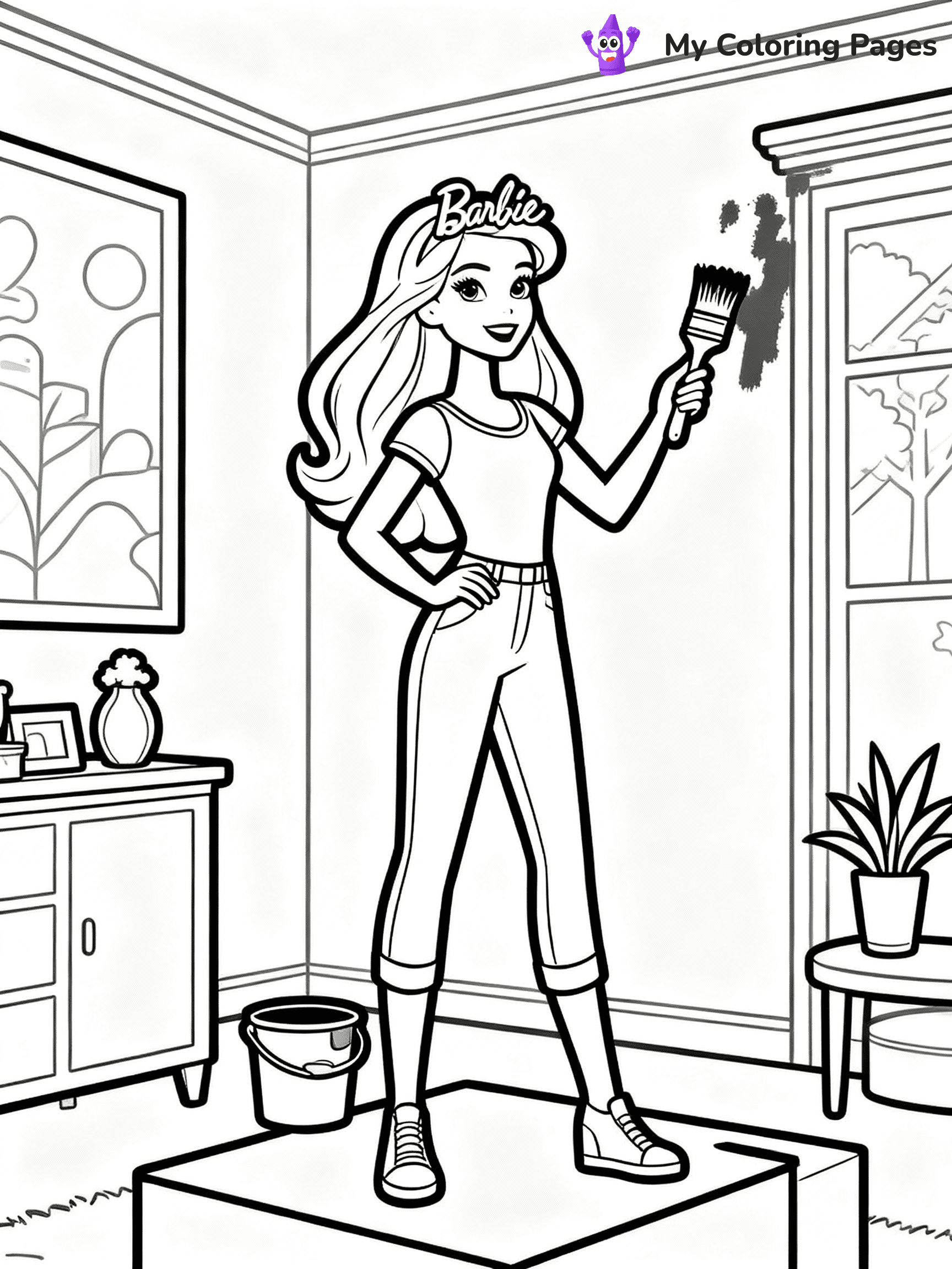 ⚠️ CRITICAL REQUIREMENT - ABSOLUTE BLACK AND WHITE ONLY ⚠️
This MUST be a BLACK AND WHITE line drawing ONLY. NO COLORS whatsoever.
- ONLY pure black lines (#000000) on pure white background (#FFFFFF)
- ABSOLUTELY NO colors, NO shading, NO gradients, NO grayscale
- If there are ANY colors in the output, the image is REJECTED
- This is a COLORING PAGE - meant to be COLORED IN by children
- The output must be UNCOLORED line art ready for coloring
⚠️ SUBJECT TO DRAW: Barbie from Barbie's Dream House decorating a room, paintbrush in hand. Important: PURE OUTLINES. NO FILLS, COLOR, SHADING, OR GREYSCALE. WHITE BACKGROUND.
(REMEMBER: Output must be BLACK AND WHITE line art only, NOT colored!)
# Flat, Friendly Cartoon Line-Art Coloring Page
You are generating a **pure black-and-white binary image** of a child-friendly cartoon scene combining characters and background scenery in one cohesive composition.
## Rendering Rules (Strict)
- Only two colors: pure black (#000000) outlines and pure white (#FFFFFF) background.
- No grayscale, shading, gradients, tints, fills, transparency, or partial pixels.
- No antialiasing or blended edges; every pixel is 100% black or white.
- No solid black fills inside shapes — all areas inside outlines must remain white.
- No dark clothing areas or filled tone blocks; all garments outlined only.
- No shadows, textures, lighting, or tonal variations.
- Must look like flat binary vector line-art for coloring pages.
## Drawing & Composition
- **Medium, consistent line weight**; clean closed outlines easy to color inside.
- **Flat, simple, child-friendly design** — no realism or 3D depth.
- Characters are **grounded on a surface**, centered and large.
- **Balanced composition** with clear silhouettes and minimal props.
## Scenery & Style
- Landmarks (e.g., mosque, CN Tower) and scenery (trees, benches, waves) drawn with **black outlines only.**
- For real-world figures, teams, or places, show accurate details using only black outlines—no text or logos. Use distinctive uniform patterns, abstract symbols, and landmark silhouettes to convey identity.
- Keep **consistent perspective**; no floating elements.
- **Style:** whimsical **Doodle Art Alley** — rounded, friendly outlines.
- May adapt shapes from **Crayola, Disney, Peppa Pig, Cocomelon** — *by shape only, never color.*
- Final output: **flat, crisp, binary (#000000/#FFFFFF)**, **no filled color or background text.**
EXTREMELYE IMPORTANT:
- PURE BINARY LINE-ART; NO FILLS (HAIR/CLOTHES/SKIN), SHADING, OR GREY.
- NO SHADING, COLOR. MUST BE WHITE BACKGROUND.
⚠️ FINAL REMINDER: Draw the subject "Barbie from Barbie's Dream House decorating a room, paintbrush in hand. Important: PURE OUTLINES. NO FILLS, COLOR, SHADING, OR GREYSCALE. WHITE BACKGROUND." as BLACK AND WHITE line art. Zero colors in output.