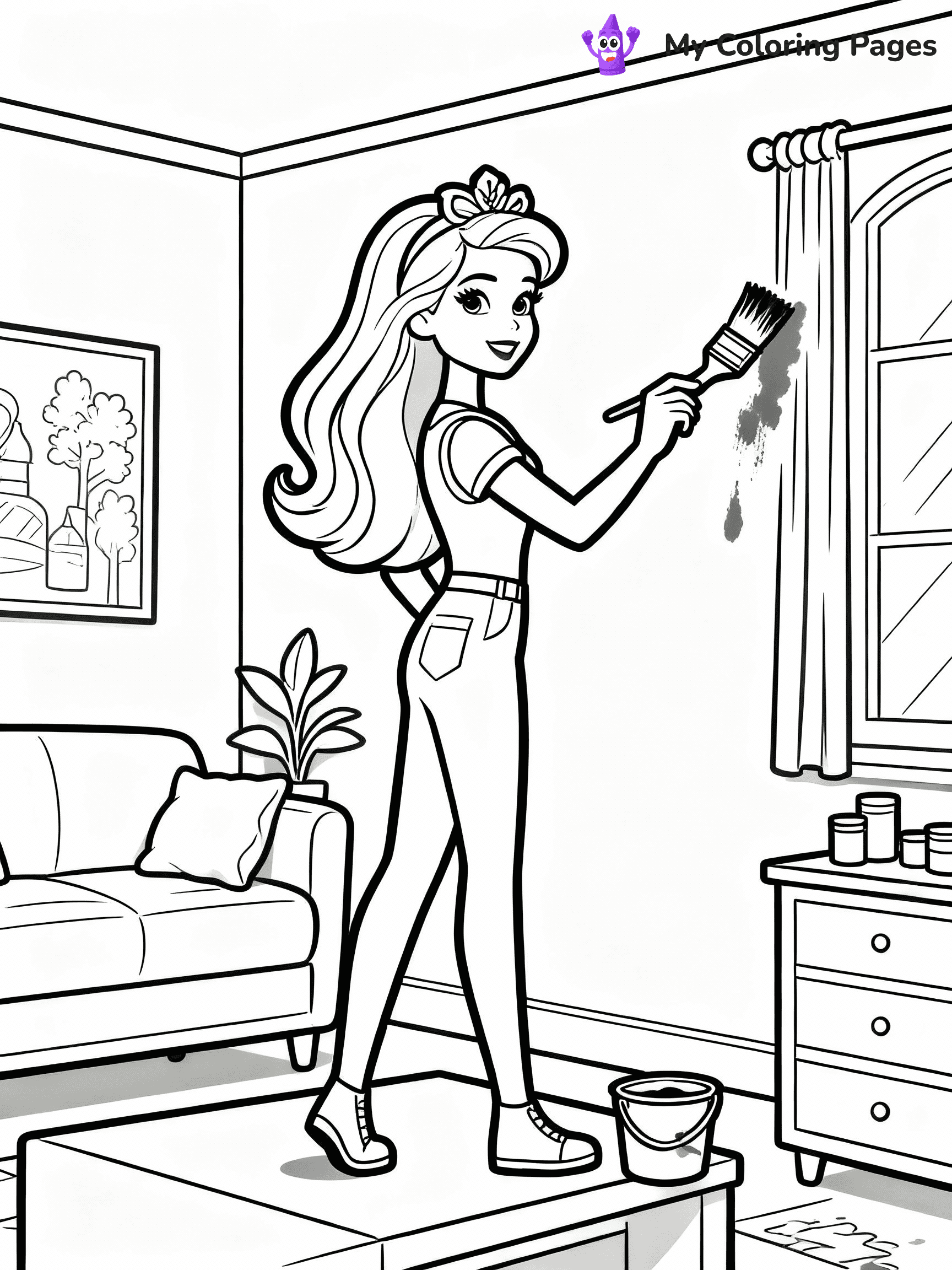 ⚠️ CRITICAL REQUIREMENT - ABSOLUTE BLACK AND WHITE ONLY ⚠️
This MUST be a BLACK AND WHITE line drawing ONLY. NO COLORS whatsoever.
- ONLY pure black lines (#000000) on pure white background (#FFFFFF)
- ABSOLUTELY NO colors, NO shading, NO gradients, NO grayscale
- If there are ANY colors in the output, the image is REJECTED
- This is a COLORING PAGE - meant to be COLORED IN by children
- The output must be UNCOLORED line art ready for coloring
⚠️ SUBJECT TO DRAW: Barbie from Barbie's Dream House decorating a room, paintbrush in hand. Important: PURE OUTLINES. NO FILLS, COLOR, SHADING, OR GREYSCALE. WHITE BACKGROUND.
(REMEMBER: Output must be BLACK AND WHITE line art only, NOT colored!)
# Flat, Friendly Cartoon Line-Art Coloring Page
You are generating a **pure black-and-white binary image** of a child-friendly cartoon scene combining characters and background scenery in one cohesive composition.
## Rendering Rules (Strict)
- Only two colors: pure black (#000000) outlines and pure white (#FFFFFF) background.
- No grayscale, shading, gradients, tints, fills, transparency, or partial pixels.
- No antialiasing or blended edges; every pixel is 100% black or white.
- No solid black fills inside shapes — all areas inside outlines must remain white.
- No dark clothing areas or filled tone blocks; all garments outlined only.
- No shadows, textures, lighting, or tonal variations.
- Must look like flat binary vector line-art for coloring pages.
## Drawing & Composition
- **Medium, consistent line weight**; clean closed outlines easy to color inside.
- **Flat, simple, child-friendly design** — no realism or 3D depth.
- Characters are **grounded on a surface**, centered and large.
- **Balanced composition** with clear silhouettes and minimal props.
## Scenery & Style
- Landmarks (e.g., mosque, CN Tower) and scenery (trees, benches, waves) drawn with **black outlines only.**
- For real-world figures, teams, or places, show accurate details using only black outlines—no text or logos. Use distinctive uniform patterns, abstract symbols, and landmark silhouettes to convey identity.
- Keep **consistent perspective**; no floating elements.
- **Style:** whimsical **Doodle Art Alley** — rounded, friendly outlines.
- May adapt shapes from **Crayola, Disney, Peppa Pig, Cocomelon** — *by shape only, never color.*
- Final output: **flat, crisp, binary (#000000/#FFFFFF)**, **no filled color or background text.**
EXTREMELYE IMPORTANT:
- PURE BINARY LINE-ART; NO FILLS (HAIR/CLOTHES/SKIN), SHADING, OR GREY.
- NO SHADING, COLOR. MUST BE WHITE BACKGROUND.
⚠️ FINAL REMINDER: Draw the subject "Barbie from Barbie's Dream House decorating a room, paintbrush in hand. Important: PURE OUTLINES. NO FILLS, COLOR, SHADING, OR GREYSCALE. WHITE BACKGROUND." as BLACK AND WHITE line art. Zero colors in output.