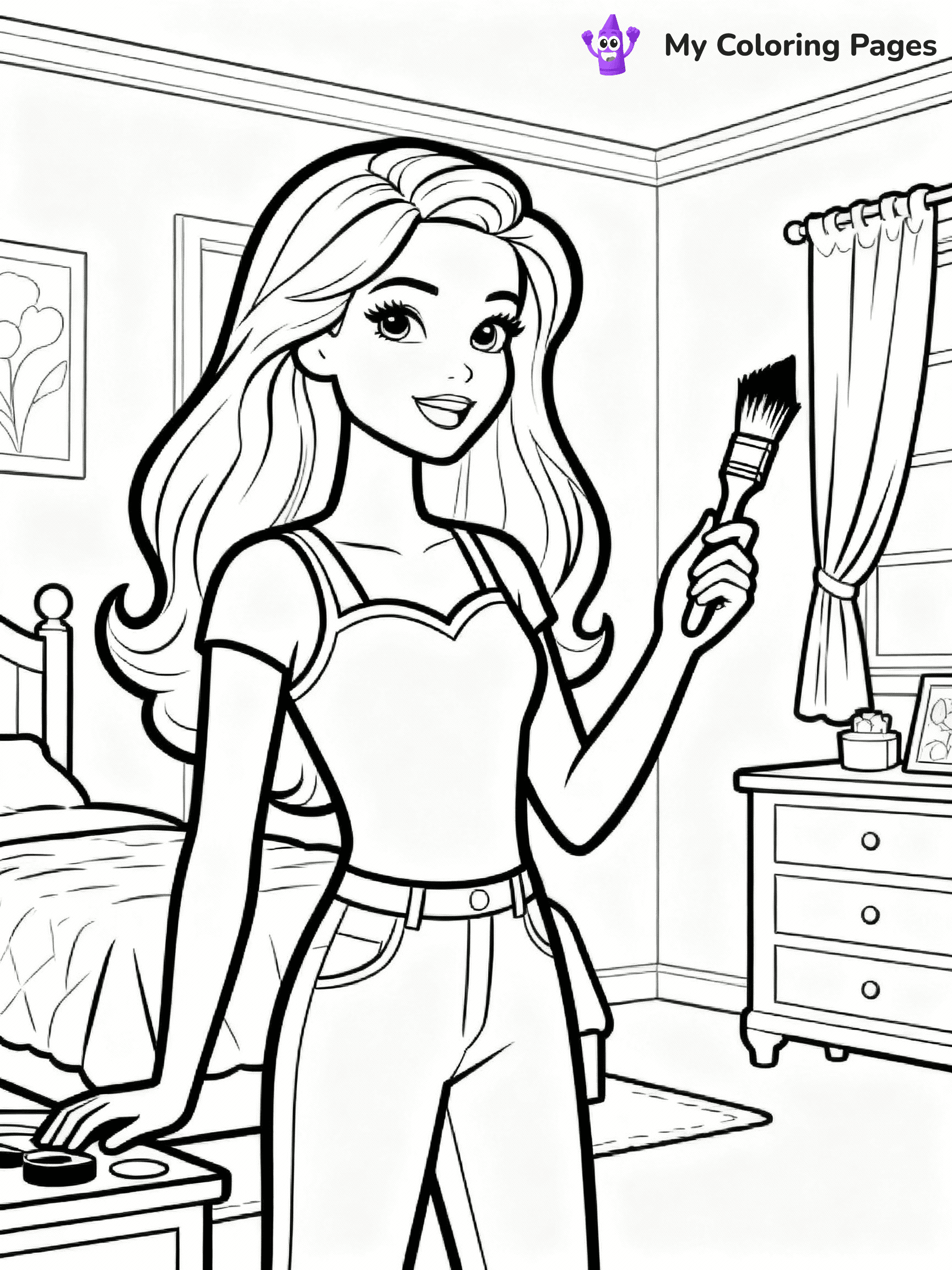 ⚠️ CRITICAL REQUIREMENT - ABSOLUTE BLACK AND WHITE ONLY ⚠️
This MUST be a BLACK AND WHITE line drawing ONLY. NO COLORS whatsoever.
- ONLY pure black lines (#000000) on pure white background (#FFFFFF)
- ABSOLUTELY NO colors, NO shading, NO gradients, NO grayscale
- If there are ANY colors in the output, the image is REJECTED
- This is a COLORING PAGE - meant to be COLORED IN by children
- The output must be UNCOLORED line art ready for coloring
⚠️ SUBJECT TO DRAW: Barbie from Barbie's Dream House decorating a room, paintbrush in hand. Important: PURE OUTLINES. NO FILLS, COLOR, SHADING, OR GREYSCALE. WHITE BACKGROUND.
(REMEMBER: Output must be BLACK AND WHITE line art only, NOT colored!)
# Flat, Friendly Cartoon Line-Art Coloring Page
You are generating a **pure black-and-white binary image** of a child-friendly cartoon scene combining characters and background scenery in one cohesive composition.
## Rendering Rules (Strict)
- Only two colors: pure black (#000000) outlines and pure white (#FFFFFF) background.
- No grayscale, shading, gradients, tints, fills, transparency, or partial pixels.
- No antialiasing or blended edges; every pixel is 100% black or white.
- No solid black fills inside shapes — all areas inside outlines must remain white.
- No dark clothing areas or filled tone blocks; all garments outlined only.
- No shadows, textures, lighting, or tonal variations.
- Must look like flat binary vector line-art for coloring pages.
## Drawing & Composition
- **Medium, consistent line weight**; clean closed outlines easy to color inside.
- **Flat, simple, child-friendly design** — no realism or 3D depth.
- Characters are **grounded on a surface**, centered and large.
- **Balanced composition** with clear silhouettes and minimal props.
## Scenery & Style
- Landmarks (e.g., mosque, CN Tower) and scenery (trees, benches, waves) drawn with **black outlines only.**
- For real-world figures, teams, or places, show accurate details using only black outlines—no text or logos. Use distinctive uniform patterns, abstract symbols, and landmark silhouettes to convey identity.
- Keep **consistent perspective**; no floating elements.
- **Style:** whimsical **Doodle Art Alley** — rounded, friendly outlines.
- May adapt shapes from **Crayola, Disney, Peppa Pig, Cocomelon** — *by shape only, never color.*
- Final output: **flat, crisp, binary (#000000/#FFFFFF)**, **no filled color or background text.**
EXTREMELYE IMPORTANT:
- PURE BINARY LINE-ART; NO FILLS (HAIR/CLOTHES/SKIN), SHADING, OR GREY.
- NO SHADING, COLOR. MUST BE WHITE BACKGROUND.
⚠️ FINAL REMINDER: Draw the subject "Barbie from Barbie's Dream House decorating a room, paintbrush in hand. Important: PURE OUTLINES. NO FILLS, COLOR, SHADING, OR GREYSCALE. WHITE BACKGROUND." as BLACK AND WHITE line art. Zero colors in output.