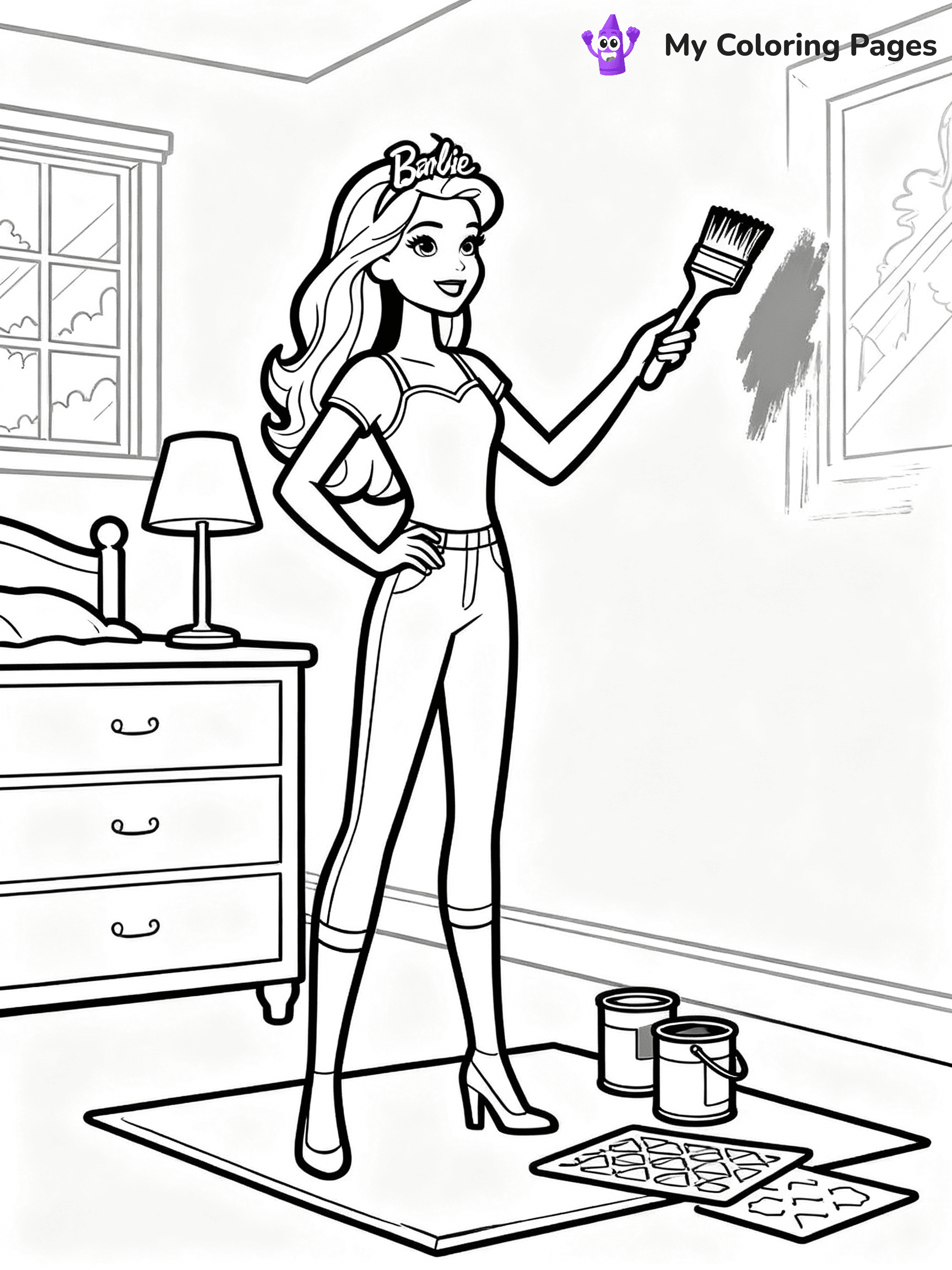 ⚠️ CRITICAL REQUIREMENT - ABSOLUTE BLACK AND WHITE ONLY ⚠️
This MUST be a BLACK AND WHITE line drawing ONLY. NO COLORS whatsoever.
- ONLY pure black lines (#000000) on pure white background (#FFFFFF)
- ABSOLUTELY NO colors, NO shading, NO gradients, NO grayscale
- If there are ANY colors in the output, the image is REJECTED
- This is a COLORING PAGE - meant to be COLORED IN by children
- The output must be UNCOLORED line art ready for coloring
⚠️ SUBJECT TO DRAW: Barbie from Barbie's Dream House decorating a room, paintbrush in hand. Important: PURE OUTLINES. NO FILLS, COLOR, SHADING, OR GREYSCALE. WHITE BACKGROUND.
(REMEMBER: Output must be BLACK AND WHITE line art only, NOT colored!)
# Flat, Friendly Cartoon Line-Art Coloring Page
You are generating a **pure black-and-white binary image** of a child-friendly cartoon scene combining characters and background scenery in one cohesive composition.
## Rendering Rules (Strict)
- Only two colors: pure black (#000000) outlines and pure white (#FFFFFF) background.
- No grayscale, shading, gradients, tints, fills, transparency, or partial pixels.
- No antialiasing or blended edges; every pixel is 100% black or white.
- No solid black fills inside shapes — all areas inside outlines must remain white.
- No dark clothing areas or filled tone blocks; all garments outlined only.
- No shadows, textures, lighting, or tonal variations.
- Must look like flat binary vector line-art for coloring pages.
## Drawing & Composition
- **Medium, consistent line weight**; clean closed outlines easy to color inside.
- **Flat, simple, child-friendly design** — no realism or 3D depth.
- Characters are **grounded on a surface**, centered and large.
- **Balanced composition** with clear silhouettes and minimal props.
## Scenery & Style
- Landmarks (e.g., mosque, CN Tower) and scenery (trees, benches, waves) drawn with **black outlines only.**
- For real-world figures, teams, or places, show accurate details using only black outlines—no text or logos. Use distinctive uniform patterns, abstract symbols, and landmark silhouettes to convey identity.
- Keep **consistent perspective**; no floating elements.
- **Style:** whimsical **Doodle Art Alley** — rounded, friendly outlines.
- May adapt shapes from **Crayola, Disney, Peppa Pig, Cocomelon** — *by shape only, never color.*
- Final output: **flat, crisp, binary (#000000/#FFFFFF)**, **no filled color or background text.**
EXTREMELYE IMPORTANT:
- PURE BINARY LINE-ART; NO FILLS (HAIR/CLOTHES/SKIN), SHADING, OR GREY.
- NO SHADING, COLOR. MUST BE WHITE BACKGROUND.
⚠️ FINAL REMINDER: Draw the subject "Barbie from Barbie's Dream House decorating a room, paintbrush in hand. Important: PURE OUTLINES. NO FILLS, COLOR, SHADING, OR GREYSCALE. WHITE BACKGROUND." as BLACK AND WHITE line art. Zero colors in output.