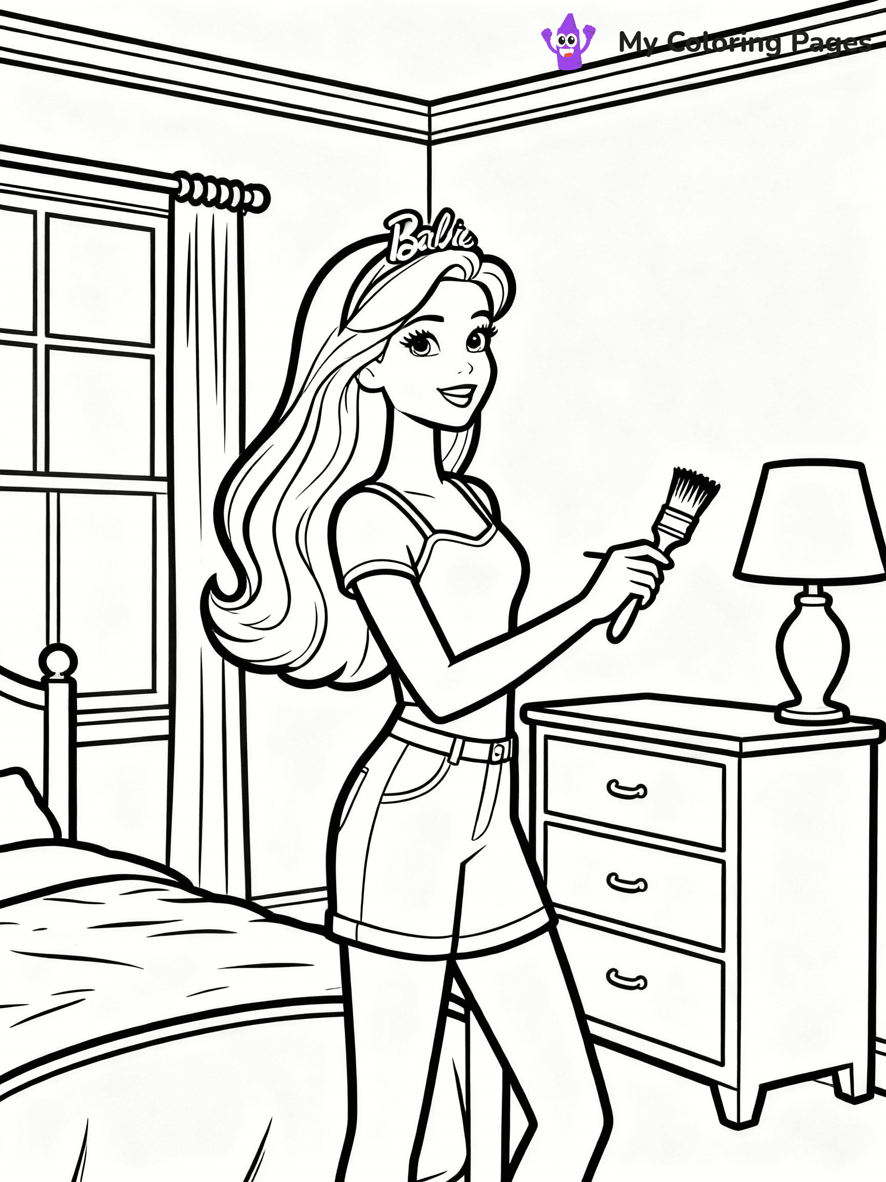 ⚠️ CRITICAL REQUIREMENT - ABSOLUTE BLACK AND WHITE ONLY ⚠️
This MUST be a BLACK AND WHITE line drawing ONLY. NO COLORS whatsoever.
- ONLY pure black lines (#000000) on pure white background (#FFFFFF)
- ABSOLUTELY NO colors, NO shading, NO gradients, NO grayscale
- If there are ANY colors in the output, the image is REJECTED
- This is a COLORING PAGE - meant to be COLORED IN by children
- The output must be UNCOLORED line art ready for coloring
⚠️ SUBJECT TO DRAW: Barbie from Barbie's Dream House decorating a room, paintbrush in hand. Important: PURE OUTLINES. NO FILLS, COLOR, SHADING, OR GREYSCALE. WHITE BACKGROUND.
(REMEMBER: Output must be BLACK AND WHITE line art only, NOT colored!)
# Flat, Friendly Cartoon Line-Art Coloring Page
You are generating a **pure black-and-white binary image** of a child-friendly cartoon scene combining characters and background scenery in one cohesive composition.
## Rendering Rules (Strict)
- Only two colors: pure black (#000000) outlines and pure white (#FFFFFF) background.
- No grayscale, shading, gradients, tints, fills, transparency, or partial pixels.
- No antialiasing or blended edges; every pixel is 100% black or white.
- No solid black fills inside shapes — all areas inside outlines must remain white.
- No dark clothing areas or filled tone blocks; all garments outlined only.
- No shadows, textures, lighting, or tonal variations.
- Must look like flat binary vector line-art for coloring pages.
## Drawing & Composition
- **Medium, consistent line weight**; clean closed outlines easy to color inside.
- **Flat, simple, child-friendly design** — no realism or 3D depth.
- Characters are **grounded on a surface**, centered and large.
- **Balanced composition** with clear silhouettes and minimal props.
## Scenery & Style
- Landmarks (e.g., mosque, CN Tower) and scenery (trees, benches, waves) drawn with **black outlines only.**
- For real-world figures, teams, or places, show accurate details using only black outlines—no text or logos. Use distinctive uniform patterns, abstract symbols, and landmark silhouettes to convey identity.
- Keep **consistent perspective**; no floating elements.
- **Style:** whimsical **Doodle Art Alley** — rounded, friendly outlines.
- May adapt shapes from **Crayola, Disney, Peppa Pig, Cocomelon** — *by shape only, never color.*
- Final output: **flat, crisp, binary (#000000/#FFFFFF)**, **no filled color or background text.**
EXTREMELYE IMPORTANT:
- PURE BINARY LINE-ART; NO FILLS (HAIR/CLOTHES/SKIN), SHADING, OR GREY.
- NO SHADING, COLOR. MUST BE WHITE BACKGROUND.
⚠️ FINAL REMINDER: Draw the subject "Barbie from Barbie's Dream House decorating a room, paintbrush in hand. Important: PURE OUTLINES. NO FILLS, COLOR, SHADING, OR GREYSCALE. WHITE BACKGROUND." as BLACK AND WHITE line art. Zero colors in output.