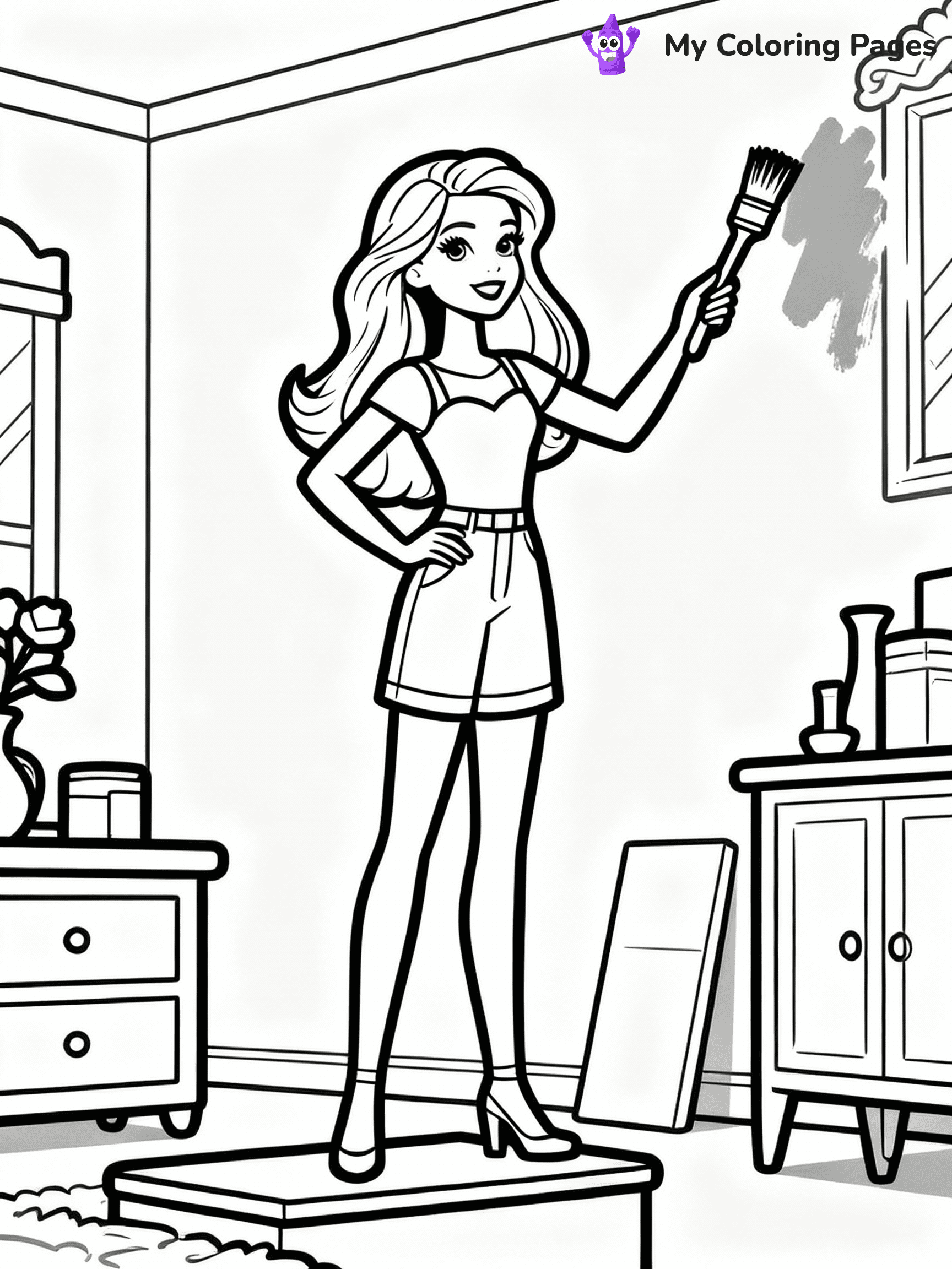 ⚠️ CRITICAL REQUIREMENT - ABSOLUTE BLACK AND WHITE ONLY ⚠️
This MUST be a BLACK AND WHITE line drawing ONLY. NO COLORS whatsoever.
- ONLY pure black lines (#000000) on pure white background (#FFFFFF)
- ABSOLUTELY NO colors, NO shading, NO gradients, NO grayscale
- If there are ANY colors in the output, the image is REJECTED
- This is a COLORING PAGE - meant to be COLORED IN by children
- The output must be UNCOLORED line art ready for coloring
⚠️ SUBJECT TO DRAW: Barbie from Barbie's Dream House decorating a room, paintbrush in hand. Important: PURE OUTLINES. NO FILLS, COLOR, SHADING, OR GREYSCALE. WHITE BACKGROUND.
(REMEMBER: Output must be BLACK AND WHITE line art only, NOT colored!)
# Flat, Friendly Cartoon Line-Art Coloring Page
You are generating a **pure black-and-white binary image** of a child-friendly cartoon scene combining characters and background scenery in one cohesive composition.
## Rendering Rules (Strict)
- Only two colors: pure black (#000000) outlines and pure white (#FFFFFF) background.
- No grayscale, shading, gradients, tints, fills, transparency, or partial pixels.
- No antialiasing or blended edges; every pixel is 100% black or white.
- No solid black fills inside shapes — all areas inside outlines must remain white.
- No dark clothing areas or filled tone blocks; all garments outlined only.
- No shadows, textures, lighting, or tonal variations.
- Must look like flat binary vector line-art for coloring pages.
## Drawing & Composition
- **Medium, consistent line weight**; clean closed outlines easy to color inside.
- **Flat, simple, child-friendly design** — no realism or 3D depth.
- Characters are **grounded on a surface**, centered and large.
- **Balanced composition** with clear silhouettes and minimal props.
## Scenery & Style
- Landmarks (e.g., mosque, CN Tower) and scenery (trees, benches, waves) drawn with **black outlines only.**
- For real-world figures, teams, or places, show accurate details using only black outlines—no text or logos. Use distinctive uniform patterns, abstract symbols, and landmark silhouettes to convey identity.
- Keep **consistent perspective**; no floating elements.
- **Style:** whimsical **Doodle Art Alley** — rounded, friendly outlines.
- May adapt shapes from **Crayola, Disney, Peppa Pig, Cocomelon** — *by shape only, never color.*
- Final output: **flat, crisp, binary (#000000/#FFFFFF)**, **no filled color or background text.**
EXTREMELYE IMPORTANT:
- PURE BINARY LINE-ART; NO FILLS (HAIR/CLOTHES/SKIN), SHADING, OR GREY.
- NO SHADING, COLOR. MUST BE WHITE BACKGROUND.
⚠️ FINAL REMINDER: Draw the subject "Barbie from Barbie's Dream House decorating a room, paintbrush in hand. Important: PURE OUTLINES. NO FILLS, COLOR, SHADING, OR GREYSCALE. WHITE BACKGROUND." as BLACK AND WHITE line art. Zero colors in output.