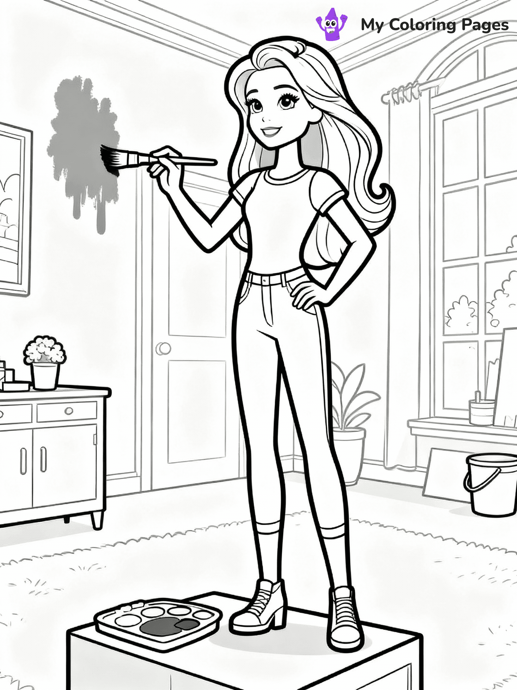 ⚠️ CRITICAL REQUIREMENT - ABSOLUTE BLACK AND WHITE ONLY ⚠️
This MUST be a BLACK AND WHITE line drawing ONLY. NO COLORS whatsoever.
- ONLY pure black lines (#000000) on pure white background (#FFFFFF)
- ABSOLUTELY NO colors, NO shading, NO gradients, NO grayscale
- If there are ANY colors in the output, the image is REJECTED
- This is a COLORING PAGE - meant to be COLORED IN by children
- The output must be UNCOLORED line art ready for coloring
⚠️ SUBJECT TO DRAW: Barbie from Barbie's Dream House decorating a room, paintbrush in hand. Important: PURE OUTLINES. NO FILLS, COLOR, SHADING, OR GREYSCALE. WHITE BACKGROUND.
(REMEMBER: Output must be BLACK AND WHITE line art only, NOT colored!)
# Flat, Friendly Cartoon Line-Art Coloring Page
You are generating a **pure black-and-white binary image** of a child-friendly cartoon scene combining characters and background scenery in one cohesive composition.
## Rendering Rules (Strict)
- Only two colors: pure black (#000000) outlines and pure white (#FFFFFF) background.
- No grayscale, shading, gradients, tints, fills, transparency, or partial pixels.
- No antialiasing or blended edges; every pixel is 100% black or white.
- No solid black fills inside shapes — all areas inside outlines must remain white.
- No dark clothing areas or filled tone blocks; all garments outlined only.
- No shadows, textures, lighting, or tonal variations.
- Must look like flat binary vector line-art for coloring pages.
## Drawing & Composition
- **Medium, consistent line weight**; clean closed outlines easy to color inside.
- **Flat, simple, child-friendly design** — no realism or 3D depth.
- Characters are **grounded on a surface**, centered and large.
- **Balanced composition** with clear silhouettes and minimal props.
## Scenery & Style
- Landmarks (e.g., mosque, CN Tower) and scenery (trees, benches, waves) drawn with **black outlines only.**
- For real-world figures, teams, or places, show accurate details using only black outlines—no text or logos. Use distinctive uniform patterns, abstract symbols, and landmark silhouettes to convey identity.
- Keep **consistent perspective**; no floating elements.
- **Style:** whimsical **Doodle Art Alley** — rounded, friendly outlines.
- May adapt shapes from **Crayola, Disney, Peppa Pig, Cocomelon** — *by shape only, never color.*
- Final output: **flat, crisp, binary (#000000/#FFFFFF)**, **no filled color or background text.**
EXTREMELYE IMPORTANT:
- PURE BINARY LINE-ART; NO FILLS (HAIR/CLOTHES/SKIN), SHADING, OR GREY.
- NO SHADING, COLOR. MUST BE WHITE BACKGROUND.
⚠️ FINAL REMINDER: Draw the subject "Barbie from Barbie's Dream House decorating a room, paintbrush in hand. Important: PURE OUTLINES. NO FILLS, COLOR, SHADING, OR GREYSCALE. WHITE BACKGROUND." as BLACK AND WHITE line art. Zero colors in output.