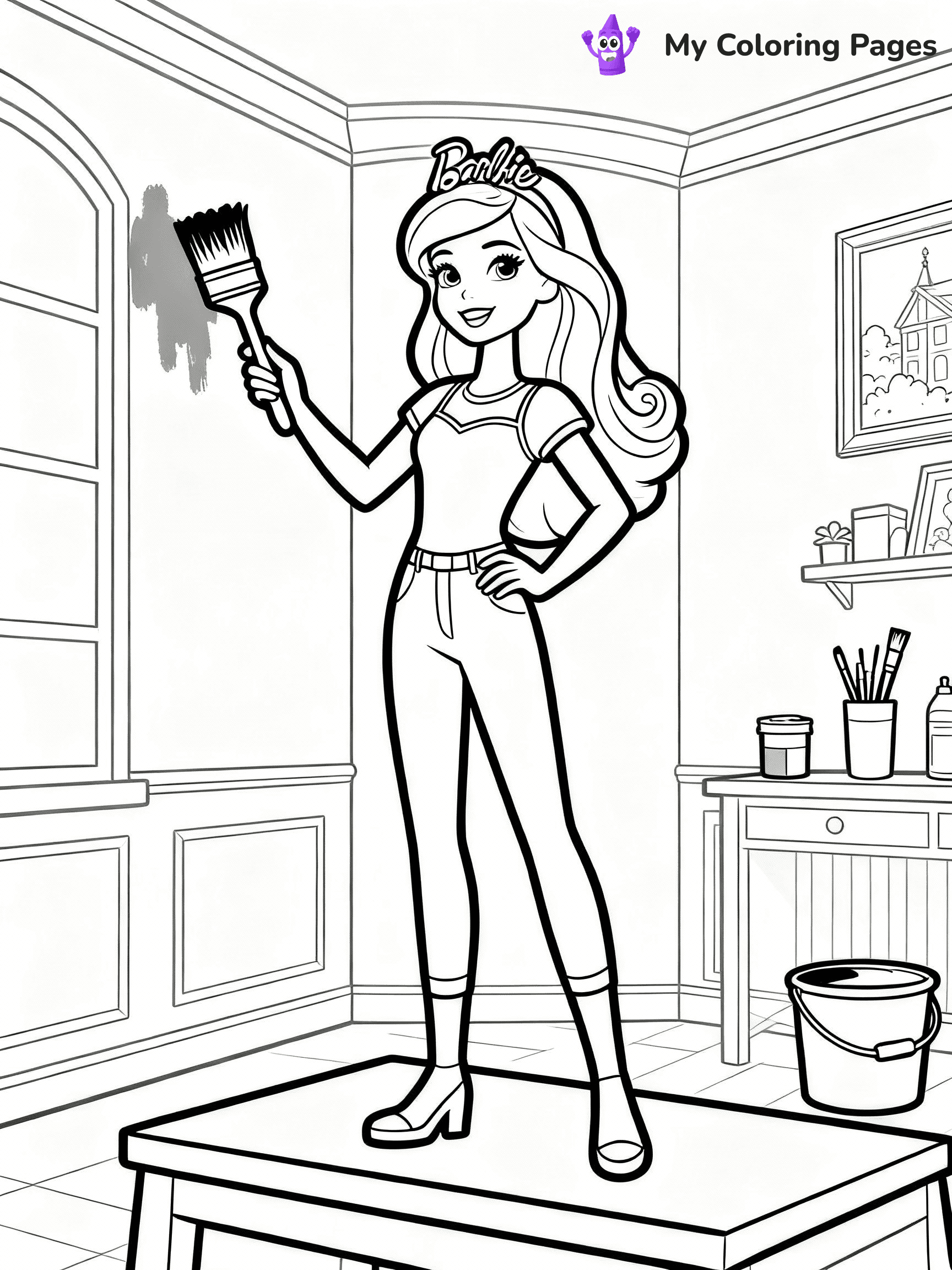 ⚠️ CRITICAL REQUIREMENT - ABSOLUTE BLACK AND WHITE ONLY ⚠️
This MUST be a BLACK AND WHITE line drawing ONLY. NO COLORS whatsoever.
- ONLY pure black lines (#000000) on pure white background (#FFFFFF)
- ABSOLUTELY NO colors, NO shading, NO gradients, NO grayscale
- If there are ANY colors in the output, the image is REJECTED
- This is a COLORING PAGE - meant to be COLORED IN by children
- The output must be UNCOLORED line art ready for coloring
⚠️ SUBJECT TO DRAW: Barbie from Barbie's Dream House decorating a room, paintbrush in hand. Important: PURE OUTLINES. NO FILLS, COLOR, SHADING, OR GREYSCALE. WHITE BACKGROUND.
(REMEMBER: Output must be BLACK AND WHITE line art only, NOT colored!)
# Flat, Friendly Cartoon Line-Art Coloring Page
You are generating a **pure black-and-white binary image** of a child-friendly cartoon scene combining characters and background scenery in one cohesive composition.
## Rendering Rules (Strict)
- Only two colors: pure black (#000000) outlines and pure white (#FFFFFF) background.
- No grayscale, shading, gradients, tints, fills, transparency, or partial pixels.
- No antialiasing or blended edges; every pixel is 100% black or white.
- No solid black fills inside shapes — all areas inside outlines must remain white.
- No dark clothing areas or filled tone blocks; all garments outlined only.
- No shadows, textures, lighting, or tonal variations.
- Must look like flat binary vector line-art for coloring pages.
## Drawing & Composition
- **Medium, consistent line weight**; clean closed outlines easy to color inside.
- **Flat, simple, child-friendly design** — no realism or 3D depth.
- Characters are **grounded on a surface**, centered and large.
- **Balanced composition** with clear silhouettes and minimal props.
## Scenery & Style
- Landmarks (e.g., mosque, CN Tower) and scenery (trees, benches, waves) drawn with **black outlines only.**
- For real-world figures, teams, or places, show accurate details using only black outlines—no text or logos. Use distinctive uniform patterns, abstract symbols, and landmark silhouettes to convey identity.
- Keep **consistent perspective**; no floating elements.
- **Style:** whimsical **Doodle Art Alley** — rounded, friendly outlines.
- May adapt shapes from **Crayola, Disney, Peppa Pig, Cocomelon** — *by shape only, never color.*
- Final output: **flat, crisp, binary (#000000/#FFFFFF)**, **no filled color or background text.**
EXTREMELYE IMPORTANT:
- PURE BINARY LINE-ART; NO FILLS (HAIR/CLOTHES/SKIN), SHADING, OR GREY.
- NO SHADING, COLOR. MUST BE WHITE BACKGROUND.
⚠️ FINAL REMINDER: Draw the subject "Barbie from Barbie's Dream House decorating a room, paintbrush in hand. Important: PURE OUTLINES. NO FILLS, COLOR, SHADING, OR GREYSCALE. WHITE BACKGROUND." as BLACK AND WHITE line art. Zero colors in output.