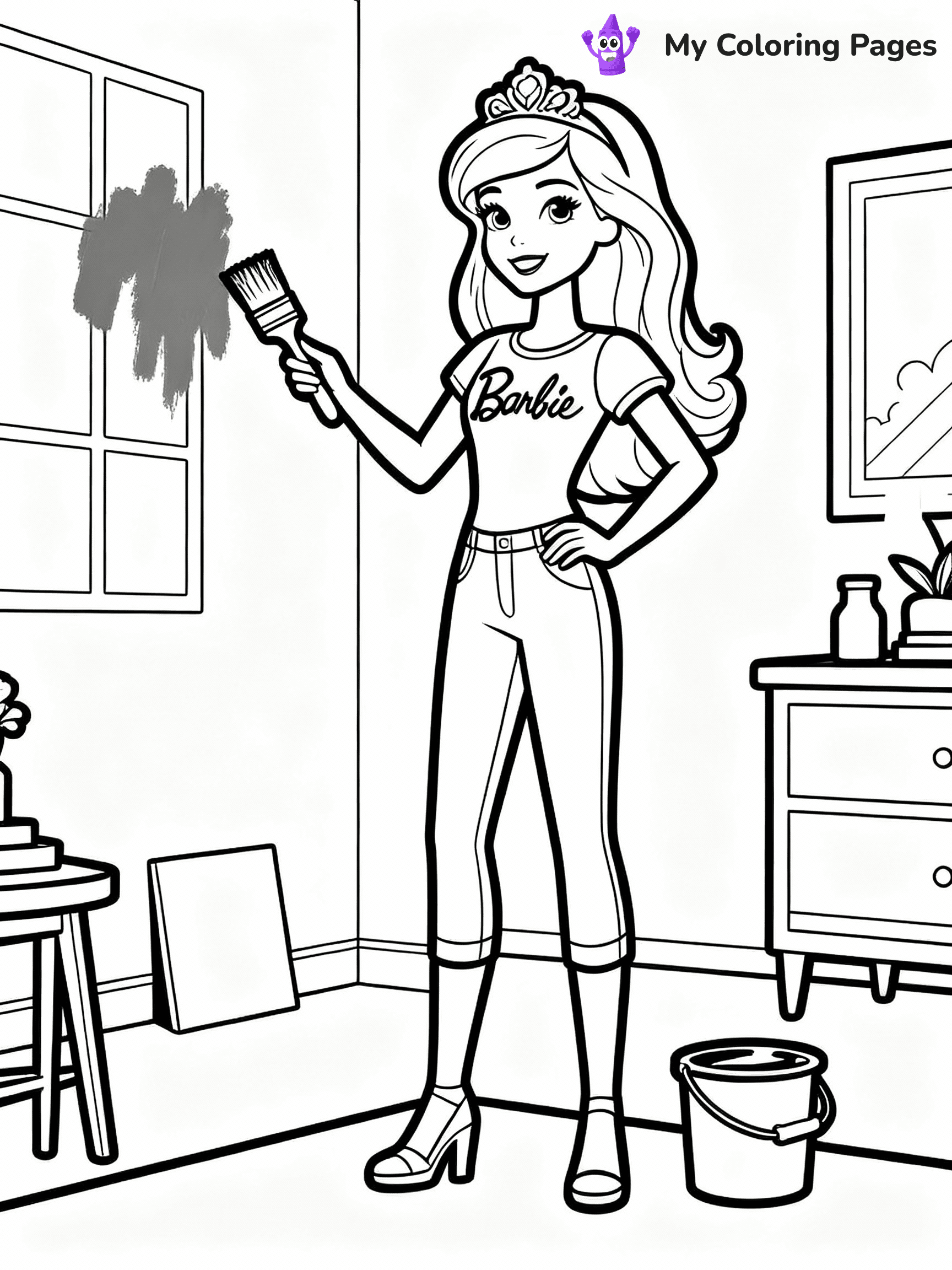 ⚠️ CRITICAL REQUIREMENT - ABSOLUTE BLACK AND WHITE ONLY ⚠️
This MUST be a BLACK AND WHITE line drawing ONLY. NO COLORS whatsoever.
- ONLY pure black lines (#000000) on pure white background (#FFFFFF)
- ABSOLUTELY NO colors, NO shading, NO gradients, NO grayscale
- If there are ANY colors in the output, the image is REJECTED
- This is a COLORING PAGE - meant to be COLORED IN by children
- The output must be UNCOLORED line art ready for coloring
⚠️ SUBJECT TO DRAW: Barbie from Barbie's Dream House decorating a room, paintbrush in hand. Important: PURE OUTLINES. NO FILLS, COLOR, SHADING, OR GREYSCALE. WHITE BACKGROUND.
(REMEMBER: Output must be BLACK AND WHITE line art only, NOT colored!)
# Flat, Friendly Cartoon Line-Art Coloring Page
You are generating a **pure black-and-white binary image** of a child-friendly cartoon scene combining characters and background scenery in one cohesive composition.
## Rendering Rules (Strict)
- Only two colors: pure black (#000000) outlines and pure white (#FFFFFF) background.
- No grayscale, shading, gradients, tints, fills, transparency, or partial pixels.
- No antialiasing or blended edges; every pixel is 100% black or white.
- No solid black fills inside shapes — all areas inside outlines must remain white.
- No dark clothing areas or filled tone blocks; all garments outlined only.
- No shadows, textures, lighting, or tonal variations.
- Must look like flat binary vector line-art for coloring pages.
## Drawing & Composition
- **Medium, consistent line weight**; clean closed outlines easy to color inside.
- **Flat, simple, child-friendly design** — no realism or 3D depth.
- Characters are **grounded on a surface**, centered and large.
- **Balanced composition** with clear silhouettes and minimal props.
## Scenery & Style
- Landmarks (e.g., mosque, CN Tower) and scenery (trees, benches, waves) drawn with **black outlines only.**
- For real-world figures, teams, or places, show accurate details using only black outlines—no text or logos. Use distinctive uniform patterns, abstract symbols, and landmark silhouettes to convey identity.
- Keep **consistent perspective**; no floating elements.
- **Style:** whimsical **Doodle Art Alley** — rounded, friendly outlines.
- May adapt shapes from **Crayola, Disney, Peppa Pig, Cocomelon** — *by shape only, never color.*
- Final output: **flat, crisp, binary (#000000/#FFFFFF)**, **no filled color or background text.**
EXTREMELYE IMPORTANT:
- PURE BINARY LINE-ART; NO FILLS (HAIR/CLOTHES/SKIN), SHADING, OR GREY.
- NO SHADING, COLOR. MUST BE WHITE BACKGROUND.
⚠️ FINAL REMINDER: Draw the subject "Barbie from Barbie's Dream House decorating a room, paintbrush in hand. Important: PURE OUTLINES. NO FILLS, COLOR, SHADING, OR GREYSCALE. WHITE BACKGROUND." as BLACK AND WHITE line art. Zero colors in output.