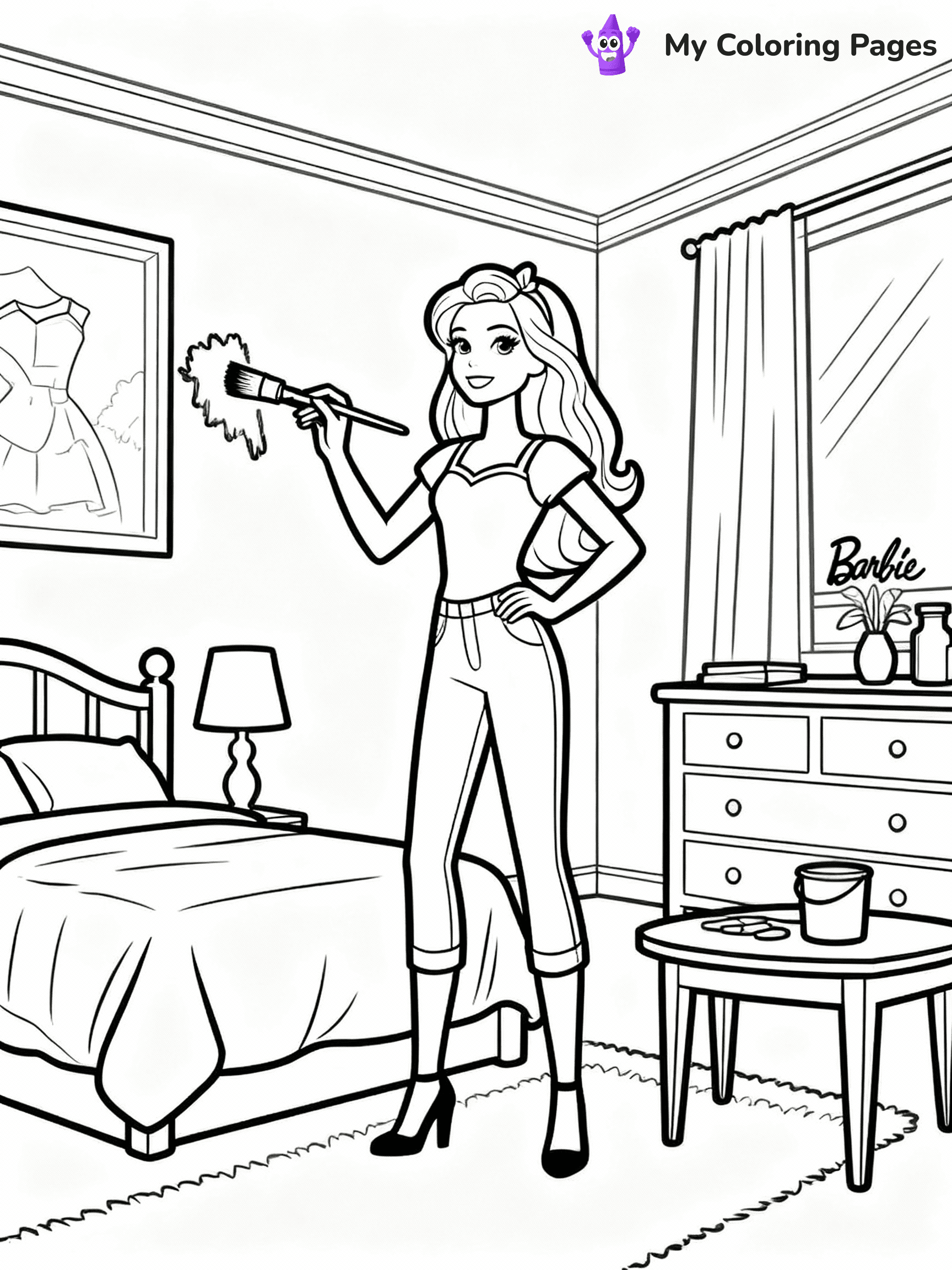 ⚠️ CRITICAL REQUIREMENT - ABSOLUTE BLACK AND WHITE ONLY ⚠️
This MUST be a BLACK AND WHITE line drawing ONLY. NO COLORS whatsoever.
- ONLY pure black lines (#000000) on pure white background (#FFFFFF)
- ABSOLUTELY NO colors, NO shading, NO gradients, NO grayscale
- If there are ANY colors in the output, the image is REJECTED
- This is a COLORING PAGE - meant to be COLORED IN by children
- The output must be UNCOLORED line art ready for coloring
⚠️ SUBJECT TO DRAW: Barbie from Barbie's Dream House decorating a room, paintbrush in hand. Important: PURE OUTLINES. NO FILLS, COLOR, SHADING, OR GREYSCALE. WHITE BACKGROUND.
(REMEMBER: Output must be BLACK AND WHITE line art only, NOT colored!)
# Flat, Friendly Cartoon Line-Art Coloring Page
You are generating a **pure black-and-white binary image** of a child-friendly cartoon scene combining characters and background scenery in one cohesive composition.
## Rendering Rules (Strict)
- Only two colors: pure black (#000000) outlines and pure white (#FFFFFF) background.
- No grayscale, shading, gradients, tints, fills, transparency, or partial pixels.
- No antialiasing or blended edges; every pixel is 100% black or white.
- No solid black fills inside shapes — all areas inside outlines must remain white.
- No dark clothing areas or filled tone blocks; all garments outlined only.
- No shadows, textures, lighting, or tonal variations.
- Must look like flat binary vector line-art for coloring pages.
## Drawing & Composition
- **Medium, consistent line weight**; clean closed outlines easy to color inside.
- **Flat, simple, child-friendly design** — no realism or 3D depth.
- Characters are **grounded on a surface**, centered and large.
- **Balanced composition** with clear silhouettes and minimal props.
## Scenery & Style
- Landmarks (e.g., mosque, CN Tower) and scenery (trees, benches, waves) drawn with **black outlines only.**
- For real-world figures, teams, or places, show accurate details using only black outlines—no text or logos. Use distinctive uniform patterns, abstract symbols, and landmark silhouettes to convey identity.
- Keep **consistent perspective**; no floating elements.
- **Style:** whimsical **Doodle Art Alley** — rounded, friendly outlines.
- May adapt shapes from **Crayola, Disney, Peppa Pig, Cocomelon** — *by shape only, never color.*
- Final output: **flat, crisp, binary (#000000/#FFFFFF)**, **no filled color or background text.**
EXTREMELYE IMPORTANT:
- PURE BINARY LINE-ART; NO FILLS (HAIR/CLOTHES/SKIN), SHADING, OR GREY.
- NO SHADING, COLOR. MUST BE WHITE BACKGROUND.
⚠️ FINAL REMINDER: Draw the subject "Barbie from Barbie's Dream House decorating a room, paintbrush in hand. Important: PURE OUTLINES. NO FILLS, COLOR, SHADING, OR GREYSCALE. WHITE BACKGROUND." as BLACK AND WHITE line art. Zero colors in output.