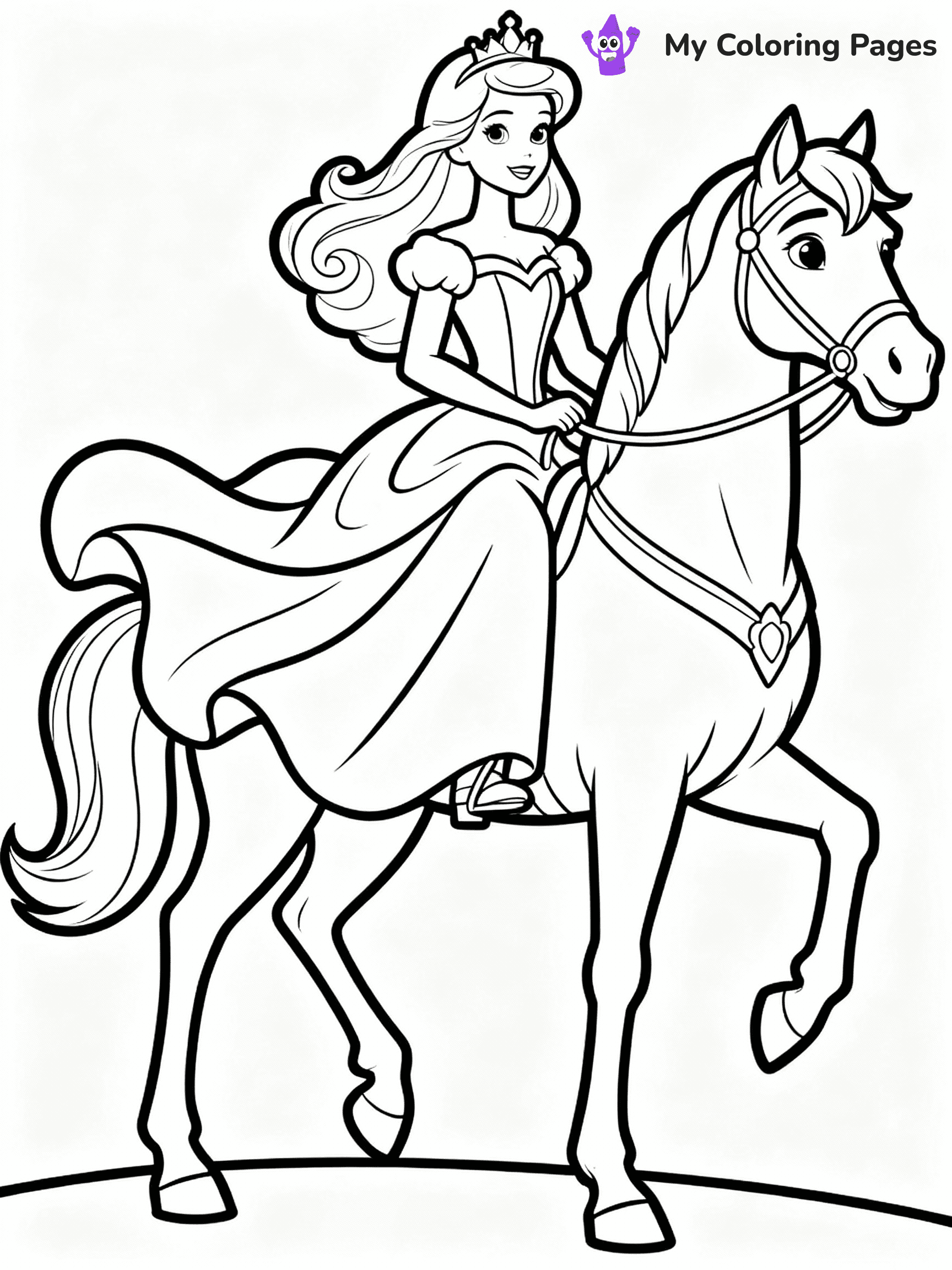 ⚠️ CRITICAL REQUIREMENT - ABSOLUTE BLACK AND WHITE ONLY ⚠️
This MUST be a BLACK AND WHITE line drawing ONLY. NO COLORS whatsoever.
- ONLY pure black lines (#000000) on pure white background (#FFFFFF)
- ABSOLUTELY NO colors, NO shading, NO gradients, NO grayscale
- If there are ANY colors in the output, the image is REJECTED
- This is a COLORING PAGE - meant to be COLORED IN by children
- The output must be UNCOLORED line art ready for coloring
⚠️ SUBJECT TO DRAW: Princess Barbie on a majestic horse, flowing gown billowing in the wind. Important: PURE OUTLINES. NO FILLS, COLOR, SHADING, OR GREYSCALE. WHITE BACKGROUND.
(REMEMBER: Output must be BLACK AND WHITE line art only, NOT colored!)
# Flat, Friendly Cartoon Line-Art Coloring Page
You are generating a **pure black-and-white binary image** of a child-friendly cartoon scene combining characters and background scenery in one cohesive composition.
## Rendering Rules (Strict)
- Only two colors: pure black (#000000) outlines and pure white (#FFFFFF) background.
- No grayscale, shading, gradients, tints, fills, transparency, or partial pixels.
- No antialiasing or blended edges; every pixel is 100% black or white.
- No solid black fills inside shapes — all areas inside outlines must remain white.
- No dark clothing areas or filled tone blocks; all garments outlined only.
- No shadows, textures, lighting, or tonal variations.
- Must look like flat binary vector line-art for coloring pages.
## Drawing & Composition
- **Medium, consistent line weight**; clean closed outlines easy to color inside.
- **Flat, simple, child-friendly design** — no realism or 3D depth.
- Characters are **grounded on a surface**, centered and large.
- **Balanced composition** with clear silhouettes and minimal props.
## Scenery & Style
- Landmarks (e.g., mosque, CN Tower) and scenery (trees, benches, waves) drawn with **black outlines only.**
- For real-world figures, teams, or places, show accurate details using only black outlines—no text or logos. Use distinctive uniform patterns, abstract symbols, and landmark silhouettes to convey identity.
- Keep **consistent perspective**; no floating elements.
- **Style:** whimsical **Doodle Art Alley** — rounded, friendly outlines.
- May adapt shapes from **Crayola, Disney, Peppa Pig, Cocomelon** — *by shape only, never color.*
- Final output: **flat, crisp, binary (#000000/#FFFFFF)**, **no filled color or background text.**
EXTREMELYE IMPORTANT:
- PURE BINARY LINE-ART; NO FILLS (HAIR/CLOTHES/SKIN), SHADING, OR GREY.
- NO SHADING, COLOR. MUST BE WHITE BACKGROUND.
⚠️ FINAL REMINDER: Draw the subject "Princess Barbie on a majestic horse, flowing gown billowing in the wind. Important: PURE OUTLINES. NO FILLS, COLOR, SHADING, OR GREYSCALE. WHITE BACKGROUND." as BLACK AND WHITE line art. Zero colors in output.