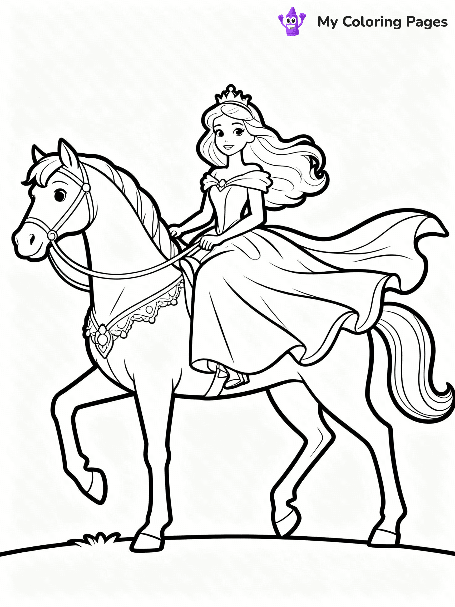 ⚠️ CRITICAL REQUIREMENT - ABSOLUTE BLACK AND WHITE ONLY ⚠️
This MUST be a BLACK AND WHITE line drawing ONLY. NO COLORS whatsoever.
- ONLY pure black lines (#000000) on pure white background (#FFFFFF)
- ABSOLUTELY NO colors, NO shading, NO gradients, NO grayscale
- If there are ANY colors in the output, the image is REJECTED
- This is a COLORING PAGE - meant to be COLORED IN by children
- The output must be UNCOLORED line art ready for coloring
⚠️ SUBJECT TO DRAW: Princess Barbie on a majestic horse, flowing gown billowing in the wind. Important: PURE OUTLINES. NO FILLS, COLOR, SHADING, OR GREYSCALE. WHITE BACKGROUND.
(REMEMBER: Output must be BLACK AND WHITE line art only, NOT colored!)
# Flat, Friendly Cartoon Line-Art Coloring Page
You are generating a **pure black-and-white binary image** of a child-friendly cartoon scene combining characters and background scenery in one cohesive composition.
## Rendering Rules (Strict)
- Only two colors: pure black (#000000) outlines and pure white (#FFFFFF) background.
- No grayscale, shading, gradients, tints, fills, transparency, or partial pixels.
- No antialiasing or blended edges; every pixel is 100% black or white.
- No solid black fills inside shapes — all areas inside outlines must remain white.
- No dark clothing areas or filled tone blocks; all garments outlined only.
- No shadows, textures, lighting, or tonal variations.
- Must look like flat binary vector line-art for coloring pages.
## Drawing & Composition
- **Medium, consistent line weight**; clean closed outlines easy to color inside.
- **Flat, simple, child-friendly design** — no realism or 3D depth.
- Characters are **grounded on a surface**, centered and large.
- **Balanced composition** with clear silhouettes and minimal props.
## Scenery & Style
- Landmarks (e.g., mosque, CN Tower) and scenery (trees, benches, waves) drawn with **black outlines only.**
- For real-world figures, teams, or places, show accurate details using only black outlines—no text or logos. Use distinctive uniform patterns, abstract symbols, and landmark silhouettes to convey identity.
- Keep **consistent perspective**; no floating elements.
- **Style:** whimsical **Doodle Art Alley** — rounded, friendly outlines.
- May adapt shapes from **Crayola, Disney, Peppa Pig, Cocomelon** — *by shape only, never color.*
- Final output: **flat, crisp, binary (#000000/#FFFFFF)**, **no filled color or background text.**
EXTREMELYE IMPORTANT:
- PURE BINARY LINE-ART; NO FILLS (HAIR/CLOTHES/SKIN), SHADING, OR GREY.
- NO SHADING, COLOR. MUST BE WHITE BACKGROUND.
⚠️ FINAL REMINDER: Draw the subject "Princess Barbie on a majestic horse, flowing gown billowing in the wind. Important: PURE OUTLINES. NO FILLS, COLOR, SHADING, OR GREYSCALE. WHITE BACKGROUND." as BLACK AND WHITE line art. Zero colors in output.