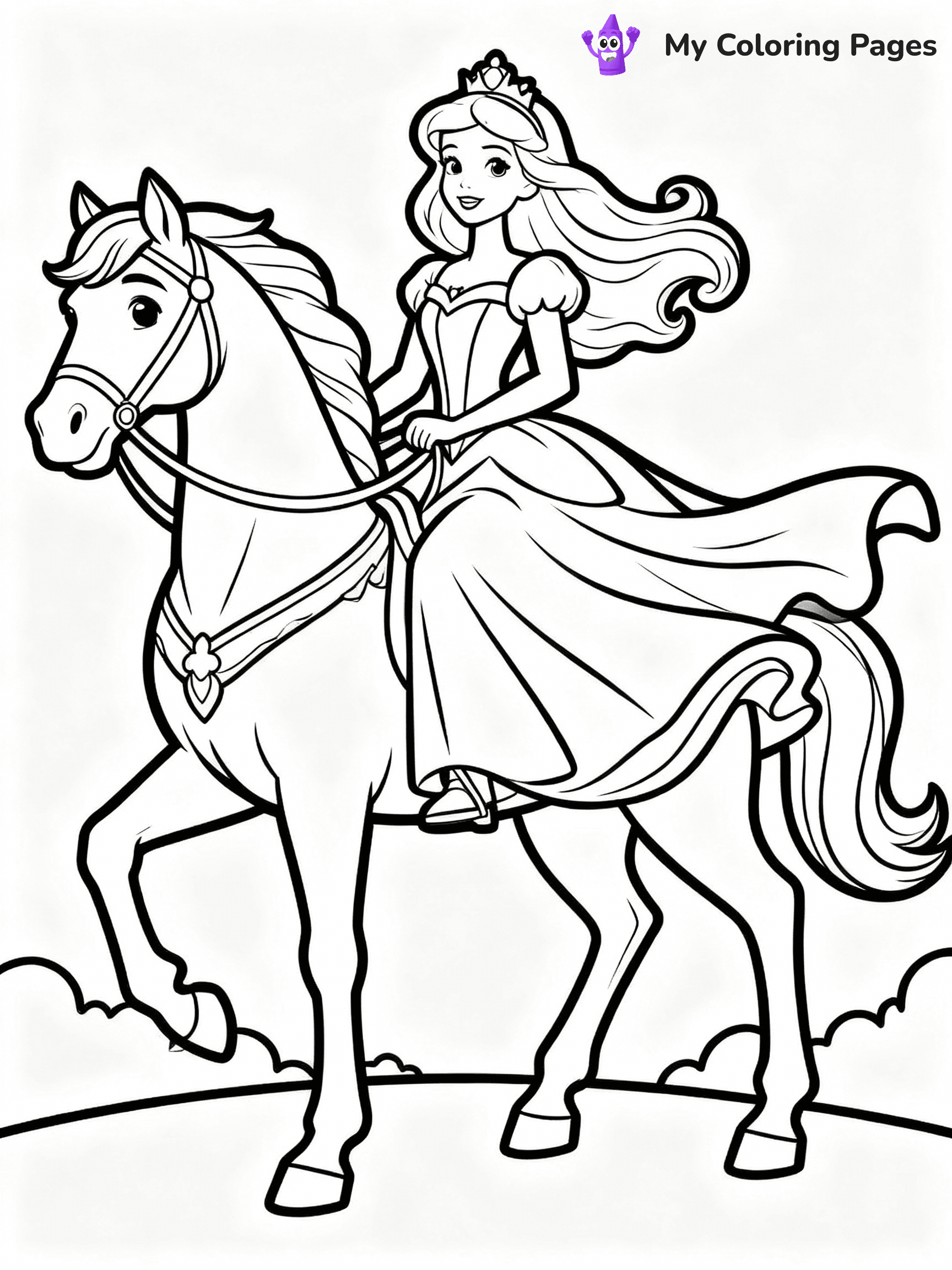 ⚠️ CRITICAL REQUIREMENT - ABSOLUTE BLACK AND WHITE ONLY ⚠️
This MUST be a BLACK AND WHITE line drawing ONLY. NO COLORS whatsoever.
- ONLY pure black lines (#000000) on pure white background (#FFFFFF)
- ABSOLUTELY NO colors, NO shading, NO gradients, NO grayscale
- If there are ANY colors in the output, the image is REJECTED
- This is a COLORING PAGE - meant to be COLORED IN by children
- The output must be UNCOLORED line art ready for coloring
⚠️ SUBJECT TO DRAW: Princess Barbie on a majestic horse, flowing gown billowing in the wind. Important: PURE OUTLINES. NO FILLS, COLOR, SHADING, OR GREYSCALE. WHITE BACKGROUND.
(REMEMBER: Output must be BLACK AND WHITE line art only, NOT colored!)
# Flat, Friendly Cartoon Line-Art Coloring Page
You are generating a **pure black-and-white binary image** of a child-friendly cartoon scene combining characters and background scenery in one cohesive composition.
## Rendering Rules (Strict)
- Only two colors: pure black (#000000) outlines and pure white (#FFFFFF) background.
- No grayscale, shading, gradients, tints, fills, transparency, or partial pixels.
- No antialiasing or blended edges; every pixel is 100% black or white.
- No solid black fills inside shapes — all areas inside outlines must remain white.
- No dark clothing areas or filled tone blocks; all garments outlined only.
- No shadows, textures, lighting, or tonal variations.
- Must look like flat binary vector line-art for coloring pages.
## Drawing & Composition
- **Medium, consistent line weight**; clean closed outlines easy to color inside.
- **Flat, simple, child-friendly design** — no realism or 3D depth.
- Characters are **grounded on a surface**, centered and large.
- **Balanced composition** with clear silhouettes and minimal props.
## Scenery & Style
- Landmarks (e.g., mosque, CN Tower) and scenery (trees, benches, waves) drawn with **black outlines only.**
- For real-world figures, teams, or places, show accurate details using only black outlines—no text or logos. Use distinctive uniform patterns, abstract symbols, and landmark silhouettes to convey identity.
- Keep **consistent perspective**; no floating elements.
- **Style:** whimsical **Doodle Art Alley** — rounded, friendly outlines.
- May adapt shapes from **Crayola, Disney, Peppa Pig, Cocomelon** — *by shape only, never color.*
- Final output: **flat, crisp, binary (#000000/#FFFFFF)**, **no filled color or background text.**
EXTREMELYE IMPORTANT:
- PURE BINARY LINE-ART; NO FILLS (HAIR/CLOTHES/SKIN), SHADING, OR GREY.
- NO SHADING, COLOR. MUST BE WHITE BACKGROUND.
⚠️ FINAL REMINDER: Draw the subject "Princess Barbie on a majestic horse, flowing gown billowing in the wind. Important: PURE OUTLINES. NO FILLS, COLOR, SHADING, OR GREYSCALE. WHITE BACKGROUND." as BLACK AND WHITE line art. Zero colors in output.