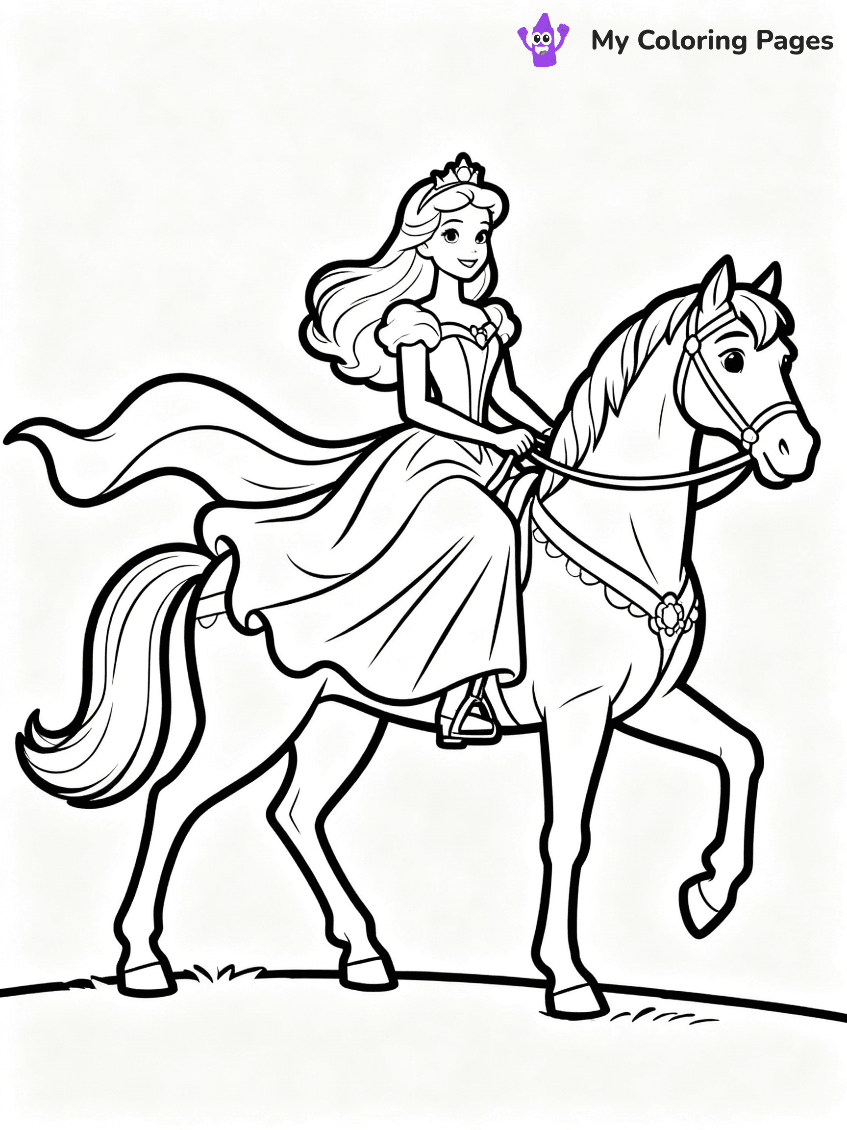 ⚠️ CRITICAL REQUIREMENT - ABSOLUTE BLACK AND WHITE ONLY ⚠️
This MUST be a BLACK AND WHITE line drawing ONLY. NO COLORS whatsoever.
- ONLY pure black lines (#000000) on pure white background (#FFFFFF)
- ABSOLUTELY NO colors, NO shading, NO gradients, NO grayscale
- If there are ANY colors in the output, the image is REJECTED
- This is a COLORING PAGE - meant to be COLORED IN by children
- The output must be UNCOLORED line art ready for coloring
⚠️ SUBJECT TO DRAW: Princess Barbie on a majestic horse, flowing gown billowing in the wind. Important: PURE OUTLINES. NO FILLS, COLOR, SHADING, OR GREYSCALE. WHITE BACKGROUND.
(REMEMBER: Output must be BLACK AND WHITE line art only, NOT colored!)
# Flat, Friendly Cartoon Line-Art Coloring Page
You are generating a **pure black-and-white binary image** of a child-friendly cartoon scene combining characters and background scenery in one cohesive composition.
## Rendering Rules (Strict)
- Only two colors: pure black (#000000) outlines and pure white (#FFFFFF) background.
- No grayscale, shading, gradients, tints, fills, transparency, or partial pixels.
- No antialiasing or blended edges; every pixel is 100% black or white.
- No solid black fills inside shapes — all areas inside outlines must remain white.
- No dark clothing areas or filled tone blocks; all garments outlined only.
- No shadows, textures, lighting, or tonal variations.
- Must look like flat binary vector line-art for coloring pages.
## Drawing & Composition
- **Medium, consistent line weight**; clean closed outlines easy to color inside.
- **Flat, simple, child-friendly design** — no realism or 3D depth.
- Characters are **grounded on a surface**, centered and large.
- **Balanced composition** with clear silhouettes and minimal props.
## Scenery & Style
- Landmarks (e.g., mosque, CN Tower) and scenery (trees, benches, waves) drawn with **black outlines only.**
- For real-world figures, teams, or places, show accurate details using only black outlines—no text or logos. Use distinctive uniform patterns, abstract symbols, and landmark silhouettes to convey identity.
- Keep **consistent perspective**; no floating elements.
- **Style:** whimsical **Doodle Art Alley** — rounded, friendly outlines.
- May adapt shapes from **Crayola, Disney, Peppa Pig, Cocomelon** — *by shape only, never color.*
- Final output: **flat, crisp, binary (#000000/#FFFFFF)**, **no filled color or background text.**
EXTREMELYE IMPORTANT:
- PURE BINARY LINE-ART; NO FILLS (HAIR/CLOTHES/SKIN), SHADING, OR GREY.
- NO SHADING, COLOR. MUST BE WHITE BACKGROUND.
⚠️ FINAL REMINDER: Draw the subject "Princess Barbie on a majestic horse, flowing gown billowing in the wind. Important: PURE OUTLINES. NO FILLS, COLOR, SHADING, OR GREYSCALE. WHITE BACKGROUND." as BLACK AND WHITE line art. Zero colors in output.