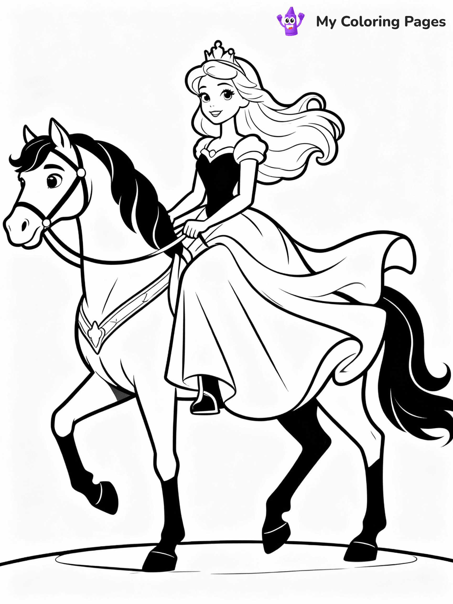 ⚠️ CRITICAL REQUIREMENT - ABSOLUTE BLACK AND WHITE ONLY ⚠️
This MUST be a BLACK AND WHITE line drawing ONLY. NO COLORS whatsoever.
- ONLY pure black lines (#000000) on pure white background (#FFFFFF)
- ABSOLUTELY NO colors, NO shading, NO gradients, NO grayscale
- If there are ANY colors in the output, the image is REJECTED
- This is a COLORING PAGE - meant to be COLORED IN by children
- The output must be UNCOLORED line art ready for coloring
⚠️ SUBJECT TO DRAW: Princess Barbie on a majestic horse, flowing gown billowing in the wind. Important: PURE OUTLINES. NO FILLS, COLOR, SHADING, OR GREYSCALE. WHITE BACKGROUND.
(REMEMBER: Output must be BLACK AND WHITE line art only, NOT colored!)
# Flat, Friendly Cartoon Line-Art Coloring Page
You are generating a **pure black-and-white binary image** of a child-friendly cartoon scene combining characters and background scenery in one cohesive composition.
## Rendering Rules (Strict)
- Only two colors: pure black (#000000) outlines and pure white (#FFFFFF) background.
- No grayscale, shading, gradients, tints, fills, transparency, or partial pixels.
- No antialiasing or blended edges; every pixel is 100% black or white.
- No solid black fills inside shapes — all areas inside outlines must remain white.
- No dark clothing areas or filled tone blocks; all garments outlined only.
- No shadows, textures, lighting, or tonal variations.
- Must look like flat binary vector line-art for coloring pages.
## Drawing & Composition
- **Medium, consistent line weight**; clean closed outlines easy to color inside.
- **Flat, simple, child-friendly design** — no realism or 3D depth.
- Characters are **grounded on a surface**, centered and large.
- **Balanced composition** with clear silhouettes and minimal props.
## Scenery & Style
- Landmarks (e.g., mosque, CN Tower) and scenery (trees, benches, waves) drawn with **black outlines only.**
- For real-world figures, teams, or places, show accurate details using only black outlines—no text or logos. Use distinctive uniform patterns, abstract symbols, and landmark silhouettes to convey identity.
- Keep **consistent perspective**; no floating elements.
- **Style:** whimsical **Doodle Art Alley** — rounded, friendly outlines.
- May adapt shapes from **Crayola, Disney, Peppa Pig, Cocomelon** — *by shape only, never color.*
- Final output: **flat, crisp, binary (#000000/#FFFFFF)**, **no filled color or background text.**
EXTREMELYE IMPORTANT:
- PURE BINARY LINE-ART; NO FILLS (HAIR/CLOTHES/SKIN), SHADING, OR GREY.
- NO SHADING, COLOR. MUST BE WHITE BACKGROUND.
⚠️ FINAL REMINDER: Draw the subject "Princess Barbie on a majestic horse, flowing gown billowing in the wind. Important: PURE OUTLINES. NO FILLS, COLOR, SHADING, OR GREYSCALE. WHITE BACKGROUND." as BLACK AND WHITE line art. Zero colors in output.