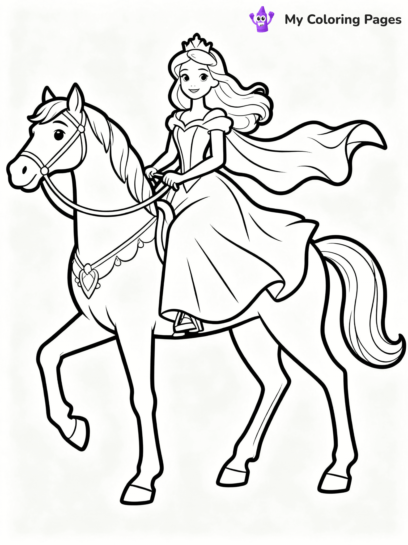 ⚠️ CRITICAL REQUIREMENT - ABSOLUTE BLACK AND WHITE ONLY ⚠️
This MUST be a BLACK AND WHITE line drawing ONLY. NO COLORS whatsoever.
- ONLY pure black lines (#000000) on pure white background (#FFFFFF)
- ABSOLUTELY NO colors, NO shading, NO gradients, NO grayscale
- If there are ANY colors in the output, the image is REJECTED
- This is a COLORING PAGE - meant to be COLORED IN by children
- The output must be UNCOLORED line art ready for coloring
⚠️ SUBJECT TO DRAW: Princess Barbie on a majestic horse, flowing gown billowing in the wind. Important: PURE OUTLINES. NO FILLS, COLOR, SHADING, OR GREYSCALE. WHITE BACKGROUND.
(REMEMBER: Output must be BLACK AND WHITE line art only, NOT colored!)
# Flat, Friendly Cartoon Line-Art Coloring Page
You are generating a **pure black-and-white binary image** of a child-friendly cartoon scene combining characters and background scenery in one cohesive composition.
## Rendering Rules (Strict)
- Only two colors: pure black (#000000) outlines and pure white (#FFFFFF) background.
- No grayscale, shading, gradients, tints, fills, transparency, or partial pixels.
- No antialiasing or blended edges; every pixel is 100% black or white.
- No solid black fills inside shapes — all areas inside outlines must remain white.
- No dark clothing areas or filled tone blocks; all garments outlined only.
- No shadows, textures, lighting, or tonal variations.
- Must look like flat binary vector line-art for coloring pages.
## Drawing & Composition
- **Medium, consistent line weight**; clean closed outlines easy to color inside.
- **Flat, simple, child-friendly design** — no realism or 3D depth.
- Characters are **grounded on a surface**, centered and large.
- **Balanced composition** with clear silhouettes and minimal props.
## Scenery & Style
- Landmarks (e.g., mosque, CN Tower) and scenery (trees, benches, waves) drawn with **black outlines only.**
- For real-world figures, teams, or places, show accurate details using only black outlines—no text or logos. Use distinctive uniform patterns, abstract symbols, and landmark silhouettes to convey identity.
- Keep **consistent perspective**; no floating elements.
- **Style:** whimsical **Doodle Art Alley** — rounded, friendly outlines.
- May adapt shapes from **Crayola, Disney, Peppa Pig, Cocomelon** — *by shape only, never color.*
- Final output: **flat, crisp, binary (#000000/#FFFFFF)**, **no filled color or background text.**
EXTREMELYE IMPORTANT:
- PURE BINARY LINE-ART; NO FILLS (HAIR/CLOTHES/SKIN), SHADING, OR GREY.
- NO SHADING, COLOR. MUST BE WHITE BACKGROUND.
⚠️ FINAL REMINDER: Draw the subject "Princess Barbie on a majestic horse, flowing gown billowing in the wind. Important: PURE OUTLINES. NO FILLS, COLOR, SHADING, OR GREYSCALE. WHITE BACKGROUND." as BLACK AND WHITE line art. Zero colors in output.