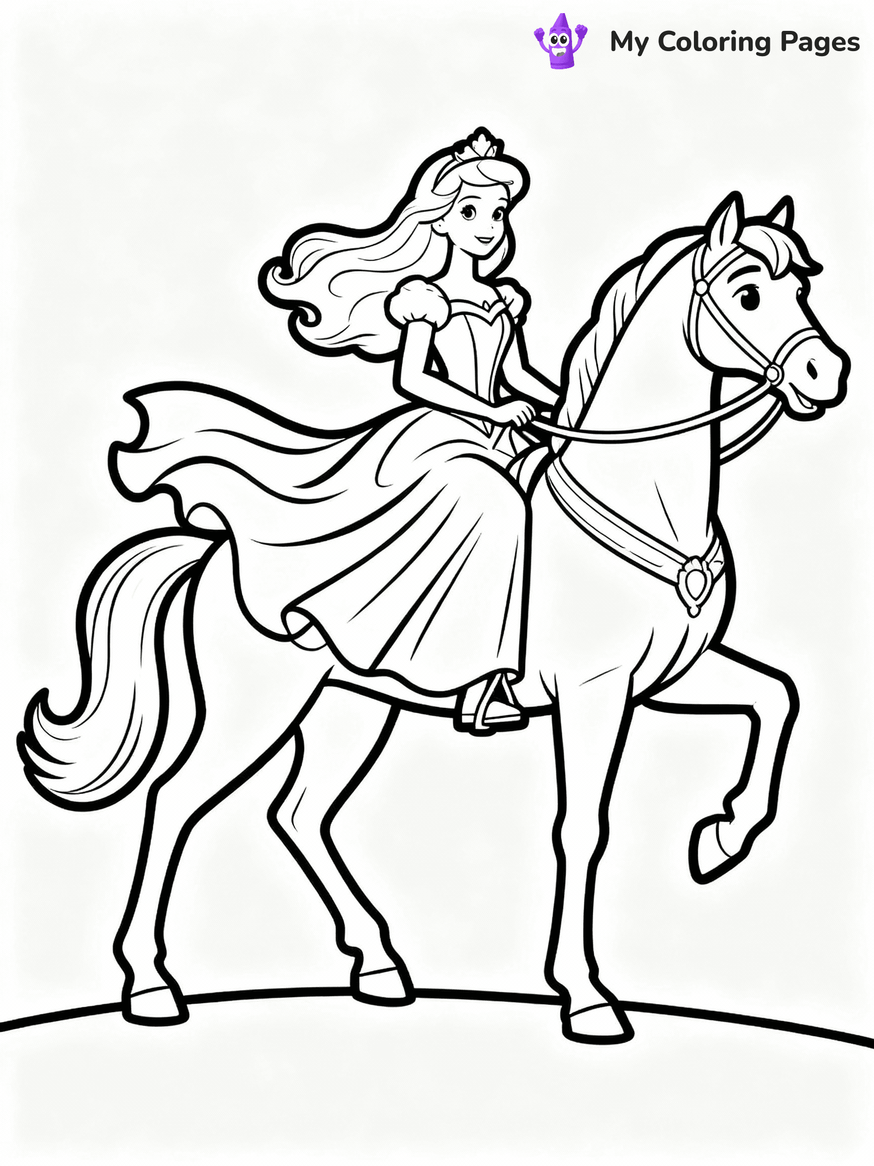 ⚠️ CRITICAL REQUIREMENT - ABSOLUTE BLACK AND WHITE ONLY ⚠️
This MUST be a BLACK AND WHITE line drawing ONLY. NO COLORS whatsoever.
- ONLY pure black lines (#000000) on pure white background (#FFFFFF)
- ABSOLUTELY NO colors, NO shading, NO gradients, NO grayscale
- If there are ANY colors in the output, the image is REJECTED
- This is a COLORING PAGE - meant to be COLORED IN by children
- The output must be UNCOLORED line art ready for coloring
⚠️ SUBJECT TO DRAW: Princess Barbie on a majestic horse, flowing gown billowing in the wind. Important: PURE OUTLINES. NO FILLS, COLOR, SHADING, OR GREYSCALE. WHITE BACKGROUND.
(REMEMBER: Output must be BLACK AND WHITE line art only, NOT colored!)
# Flat, Friendly Cartoon Line-Art Coloring Page
You are generating a **pure black-and-white binary image** of a child-friendly cartoon scene combining characters and background scenery in one cohesive composition.
## Rendering Rules (Strict)
- Only two colors: pure black (#000000) outlines and pure white (#FFFFFF) background.
- No grayscale, shading, gradients, tints, fills, transparency, or partial pixels.
- No antialiasing or blended edges; every pixel is 100% black or white.
- No solid black fills inside shapes — all areas inside outlines must remain white.
- No dark clothing areas or filled tone blocks; all garments outlined only.
- No shadows, textures, lighting, or tonal variations.
- Must look like flat binary vector line-art for coloring pages.
## Drawing & Composition
- **Medium, consistent line weight**; clean closed outlines easy to color inside.
- **Flat, simple, child-friendly design** — no realism or 3D depth.
- Characters are **grounded on a surface**, centered and large.
- **Balanced composition** with clear silhouettes and minimal props.
## Scenery & Style
- Landmarks (e.g., mosque, CN Tower) and scenery (trees, benches, waves) drawn with **black outlines only.**
- For real-world figures, teams, or places, show accurate details using only black outlines—no text or logos. Use distinctive uniform patterns, abstract symbols, and landmark silhouettes to convey identity.
- Keep **consistent perspective**; no floating elements.
- **Style:** whimsical **Doodle Art Alley** — rounded, friendly outlines.
- May adapt shapes from **Crayola, Disney, Peppa Pig, Cocomelon** — *by shape only, never color.*
- Final output: **flat, crisp, binary (#000000/#FFFFFF)**, **no filled color or background text.**
EXTREMELYE IMPORTANT:
- PURE BINARY LINE-ART; NO FILLS (HAIR/CLOTHES/SKIN), SHADING, OR GREY.
- NO SHADING, COLOR. MUST BE WHITE BACKGROUND.
⚠️ FINAL REMINDER: Draw the subject "Princess Barbie on a majestic horse, flowing gown billowing in the wind. Important: PURE OUTLINES. NO FILLS, COLOR, SHADING, OR GREYSCALE. WHITE BACKGROUND." as BLACK AND WHITE line art. Zero colors in output.