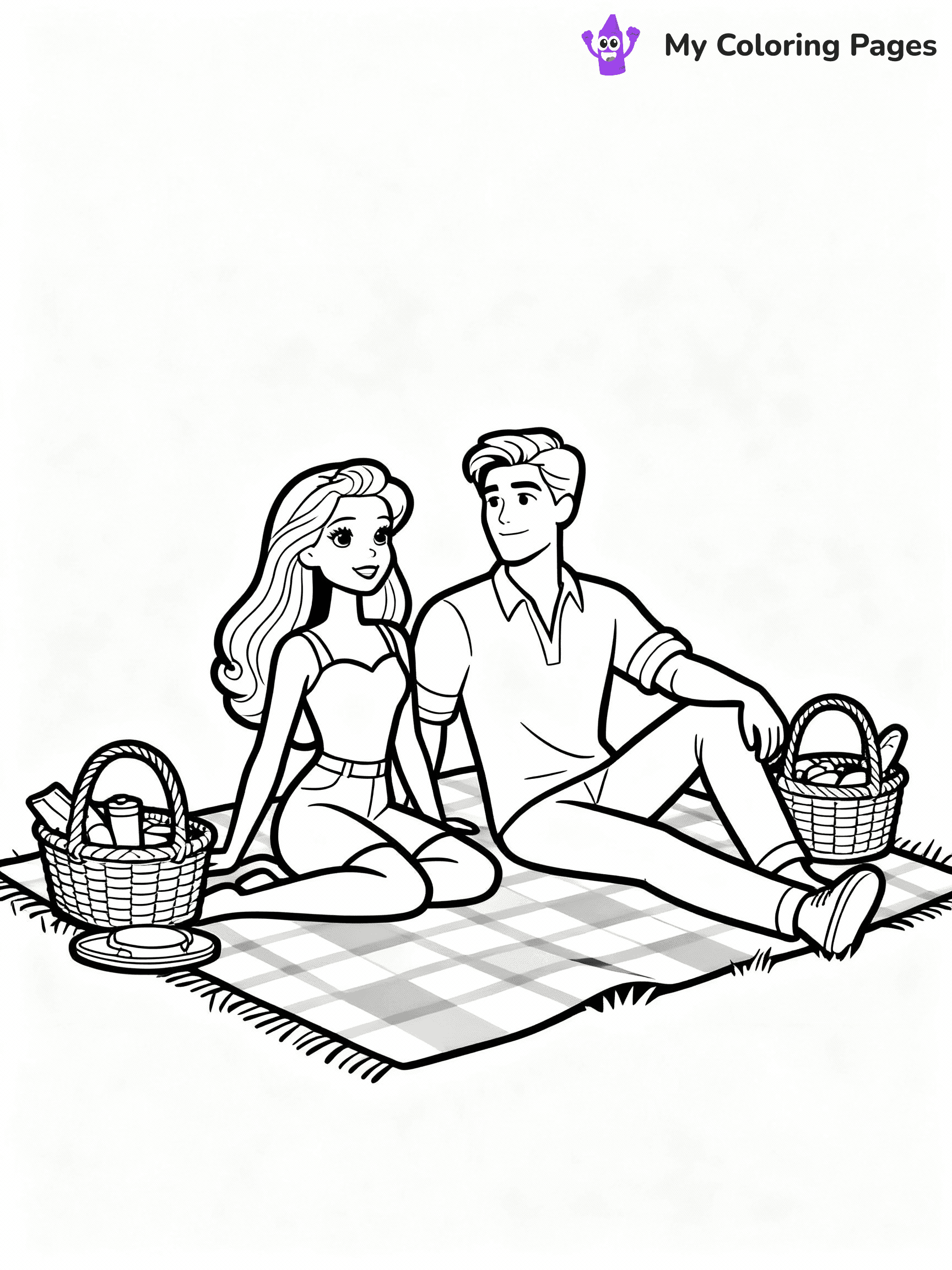 ⚠️ CRITICAL REQUIREMENT - ABSOLUTE BLACK AND WHITE ONLY ⚠️
This MUST be a BLACK AND WHITE line drawing ONLY. NO COLORS whatsoever.
- ONLY pure black lines (#000000) on pure white background (#FFFFFF)
- ABSOLUTELY NO colors, NO shading, NO gradients, NO grayscale
- If there are ANY colors in the output, the image is REJECTED
- This is a COLORING PAGE - meant to be COLORED IN by children
- The output must be UNCOLORED line art ready for coloring
⚠️ SUBJECT TO DRAW: Barbie and Ken enjoying a picnic, checkered blanket and baskets spread out. Important: PURE OUTLINES. NO FILLS, COLOR, SHADING, OR GREYSCALE. WHITE BACKGROUND.
(REMEMBER: Output must be BLACK AND WHITE line art only, NOT colored!)
# Flat, Friendly Cartoon Line-Art Coloring Page
You are generating a **pure black-and-white binary image** of a child-friendly cartoon scene combining characters and background scenery in one cohesive composition.
## Rendering Rules (Strict)
- Only two colors: pure black (#000000) outlines and pure white (#FFFFFF) background.
- No grayscale, shading, gradients, tints, fills, transparency, or partial pixels.
- No antialiasing or blended edges; every pixel is 100% black or white.
- No solid black fills inside shapes — all areas inside outlines must remain white.
- No dark clothing areas or filled tone blocks; all garments outlined only.
- No shadows, textures, lighting, or tonal variations.
- Must look like flat binary vector line-art for coloring pages.
## Drawing & Composition
- **Medium, consistent line weight**; clean closed outlines easy to color inside.
- **Flat, simple, child-friendly design** — no realism or 3D depth.
- Characters are **grounded on a surface**, centered and large.
- **Balanced composition** with clear silhouettes and minimal props.
## Scenery & Style
- Landmarks (e.g., mosque, CN Tower) and scenery (trees, benches, waves) drawn with **black outlines only.**
- For real-world figures, teams, or places, show accurate details using only black outlines—no text or logos. Use distinctive uniform patterns, abstract symbols, and landmark silhouettes to convey identity.
- Keep **consistent perspective**; no floating elements.
- **Style:** whimsical **Doodle Art Alley** — rounded, friendly outlines.
- May adapt shapes from **Crayola, Disney, Peppa Pig, Cocomelon** — *by shape only, never color.*
- Final output: **flat, crisp, binary (#000000/#FFFFFF)**, **no filled color or background text.**
EXTREMELYE IMPORTANT:
- PURE BINARY LINE-ART; NO FILLS (HAIR/CLOTHES/SKIN), SHADING, OR GREY.
- NO SHADING, COLOR. MUST BE WHITE BACKGROUND.
⚠️ FINAL REMINDER: Draw the subject "Barbie and Ken enjoying a picnic, checkered blanket and baskets spread out. Important: PURE OUTLINES. NO FILLS, COLOR, SHADING, OR GREYSCALE. WHITE BACKGROUND." as BLACK AND WHITE line art. Zero colors in output.