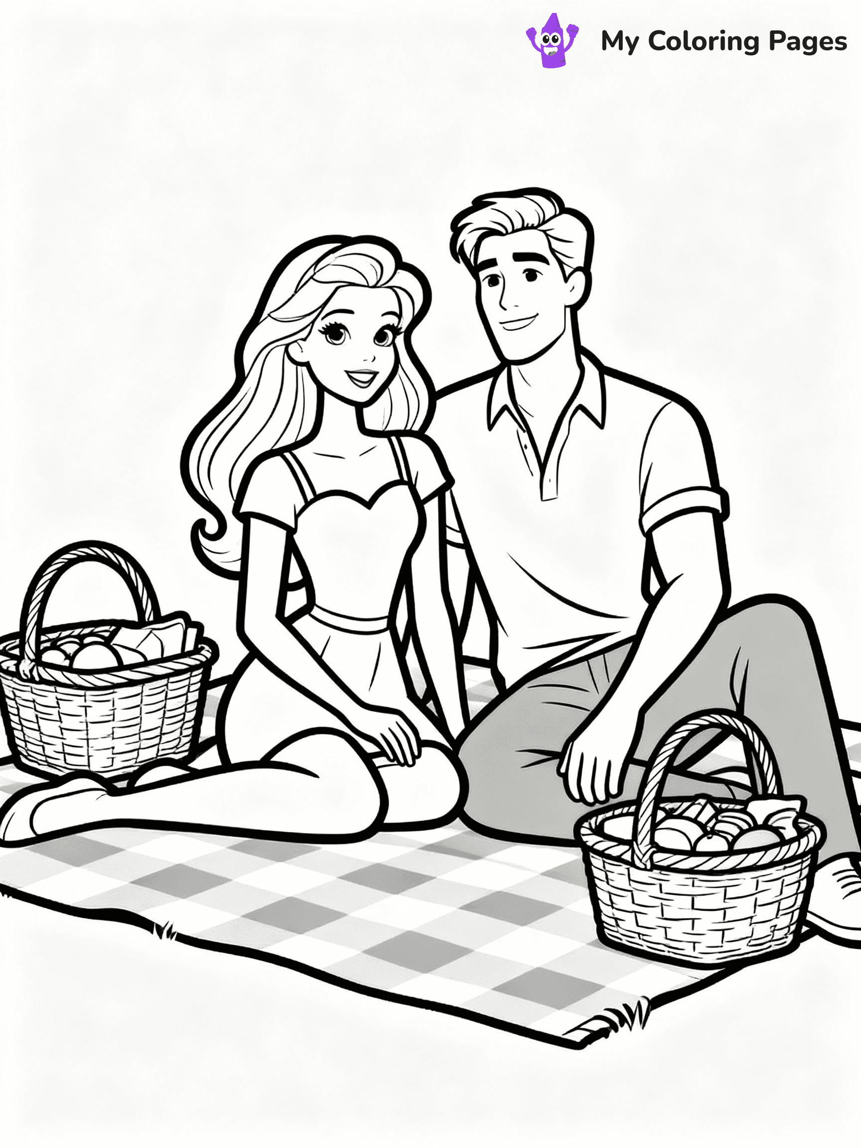 ⚠️ CRITICAL REQUIREMENT - ABSOLUTE BLACK AND WHITE ONLY ⚠️
This MUST be a BLACK AND WHITE line drawing ONLY. NO COLORS whatsoever.
- ONLY pure black lines (#000000) on pure white background (#FFFFFF)
- ABSOLUTELY NO colors, NO shading, NO gradients, NO grayscale
- If there are ANY colors in the output, the image is REJECTED
- This is a COLORING PAGE - meant to be COLORED IN by children
- The output must be UNCOLORED line art ready for coloring
⚠️ SUBJECT TO DRAW: Barbie and Ken enjoying a picnic, checkered blanket and baskets spread out. Important: PURE OUTLINES. NO FILLS, COLOR, SHADING, OR GREYSCALE. WHITE BACKGROUND.
(REMEMBER: Output must be BLACK AND WHITE line art only, NOT colored!)
# Flat, Friendly Cartoon Line-Art Coloring Page
You are generating a **pure black-and-white binary image** of a child-friendly cartoon scene combining characters and background scenery in one cohesive composition.
## Rendering Rules (Strict)
- Only two colors: pure black (#000000) outlines and pure white (#FFFFFF) background.
- No grayscale, shading, gradients, tints, fills, transparency, or partial pixels.
- No antialiasing or blended edges; every pixel is 100% black or white.
- No solid black fills inside shapes — all areas inside outlines must remain white.
- No dark clothing areas or filled tone blocks; all garments outlined only.
- No shadows, textures, lighting, or tonal variations.
- Must look like flat binary vector line-art for coloring pages.
## Drawing & Composition
- **Medium, consistent line weight**; clean closed outlines easy to color inside.
- **Flat, simple, child-friendly design** — no realism or 3D depth.
- Characters are **grounded on a surface**, centered and large.
- **Balanced composition** with clear silhouettes and minimal props.
## Scenery & Style
- Landmarks (e.g., mosque, CN Tower) and scenery (trees, benches, waves) drawn with **black outlines only.**
- For real-world figures, teams, or places, show accurate details using only black outlines—no text or logos. Use distinctive uniform patterns, abstract symbols, and landmark silhouettes to convey identity.
- Keep **consistent perspective**; no floating elements.
- **Style:** whimsical **Doodle Art Alley** — rounded, friendly outlines.
- May adapt shapes from **Crayola, Disney, Peppa Pig, Cocomelon** — *by shape only, never color.*
- Final output: **flat, crisp, binary (#000000/#FFFFFF)**, **no filled color or background text.**
EXTREMELYE IMPORTANT:
- PURE BINARY LINE-ART; NO FILLS (HAIR/CLOTHES/SKIN), SHADING, OR GREY.
- NO SHADING, COLOR. MUST BE WHITE BACKGROUND.
⚠️ FINAL REMINDER: Draw the subject "Barbie and Ken enjoying a picnic, checkered blanket and baskets spread out. Important: PURE OUTLINES. NO FILLS, COLOR, SHADING, OR GREYSCALE. WHITE BACKGROUND." as BLACK AND WHITE line art. Zero colors in output.