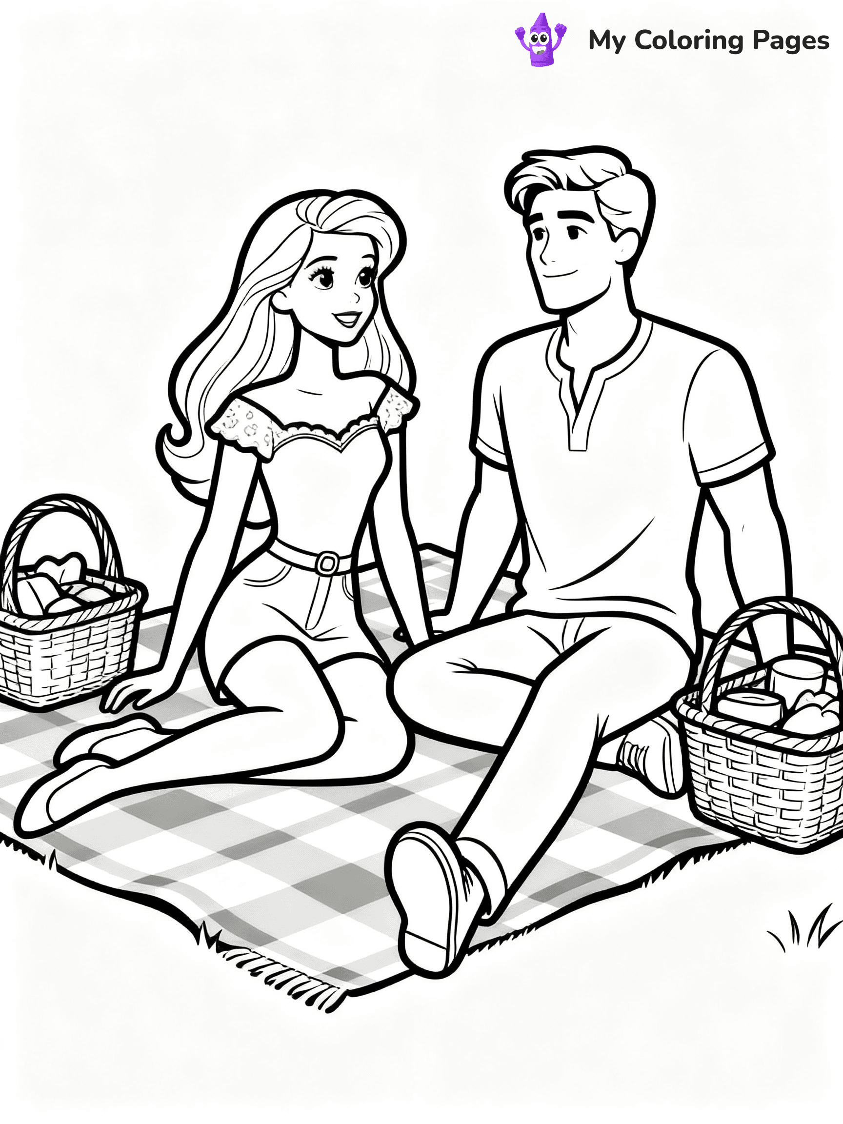 ⚠️ CRITICAL REQUIREMENT - ABSOLUTE BLACK AND WHITE ONLY ⚠️
This MUST be a BLACK AND WHITE line drawing ONLY. NO COLORS whatsoever.
- ONLY pure black lines (#000000) on pure white background (#FFFFFF)
- ABSOLUTELY NO colors, NO shading, NO gradients, NO grayscale
- If there are ANY colors in the output, the image is REJECTED
- This is a COLORING PAGE - meant to be COLORED IN by children
- The output must be UNCOLORED line art ready for coloring
⚠️ SUBJECT TO DRAW: Barbie and Ken enjoying a picnic, checkered blanket and baskets spread out. Important: PURE OUTLINES. NO FILLS, COLOR, SHADING, OR GREYSCALE. WHITE BACKGROUND.
(REMEMBER: Output must be BLACK AND WHITE line art only, NOT colored!)
# Flat, Friendly Cartoon Line-Art Coloring Page
You are generating a **pure black-and-white binary image** of a child-friendly cartoon scene combining characters and background scenery in one cohesive composition.
## Rendering Rules (Strict)
- Only two colors: pure black (#000000) outlines and pure white (#FFFFFF) background.
- No grayscale, shading, gradients, tints, fills, transparency, or partial pixels.
- No antialiasing or blended edges; every pixel is 100% black or white.
- No solid black fills inside shapes — all areas inside outlines must remain white.
- No dark clothing areas or filled tone blocks; all garments outlined only.
- No shadows, textures, lighting, or tonal variations.
- Must look like flat binary vector line-art for coloring pages.
## Drawing & Composition
- **Medium, consistent line weight**; clean closed outlines easy to color inside.
- **Flat, simple, child-friendly design** — no realism or 3D depth.
- Characters are **grounded on a surface**, centered and large.
- **Balanced composition** with clear silhouettes and minimal props.
## Scenery & Style
- Landmarks (e.g., mosque, CN Tower) and scenery (trees, benches, waves) drawn with **black outlines only.**
- For real-world figures, teams, or places, show accurate details using only black outlines—no text or logos. Use distinctive uniform patterns, abstract symbols, and landmark silhouettes to convey identity.
- Keep **consistent perspective**; no floating elements.
- **Style:** whimsical **Doodle Art Alley** — rounded, friendly outlines.
- May adapt shapes from **Crayola, Disney, Peppa Pig, Cocomelon** — *by shape only, never color.*
- Final output: **flat, crisp, binary (#000000/#FFFFFF)**, **no filled color or background text.**
EXTREMELYE IMPORTANT:
- PURE BINARY LINE-ART; NO FILLS (HAIR/CLOTHES/SKIN), SHADING, OR GREY.
- NO SHADING, COLOR. MUST BE WHITE BACKGROUND.
⚠️ FINAL REMINDER: Draw the subject "Barbie and Ken enjoying a picnic, checkered blanket and baskets spread out. Important: PURE OUTLINES. NO FILLS, COLOR, SHADING, OR GREYSCALE. WHITE BACKGROUND." as BLACK AND WHITE line art. Zero colors in output.