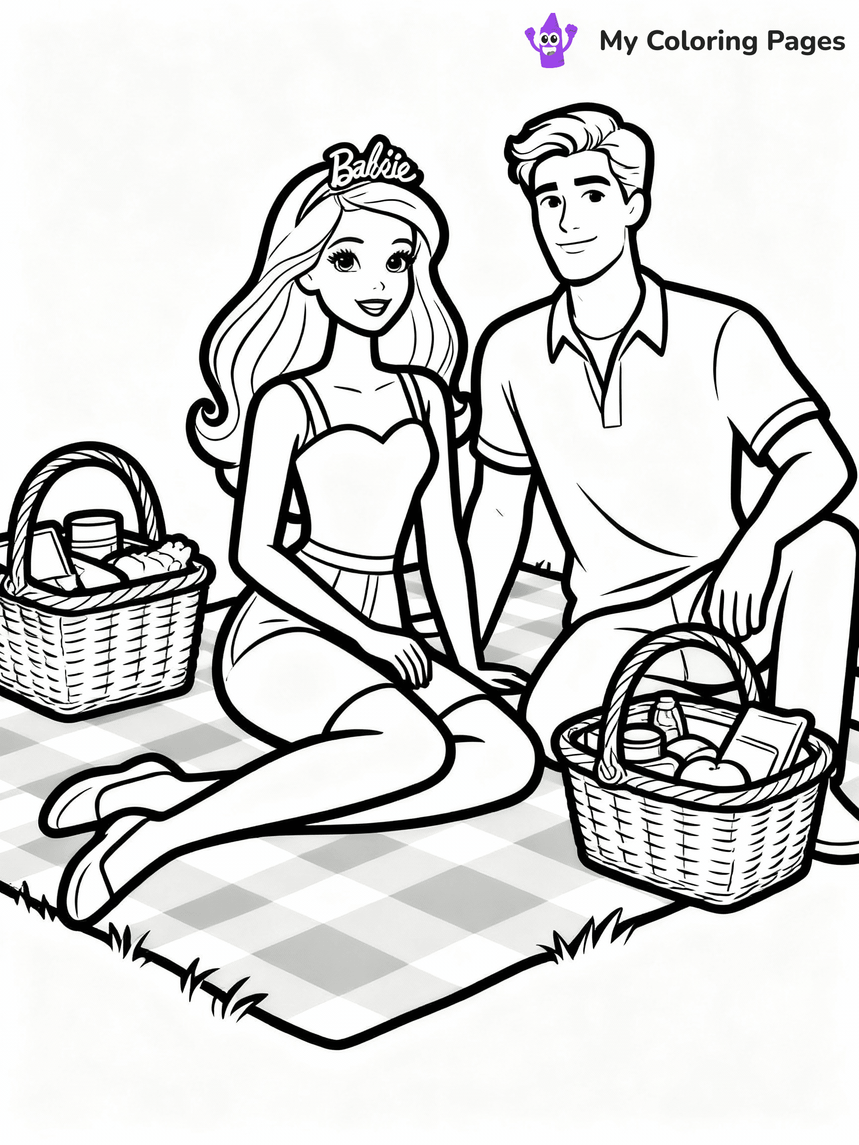 ⚠️ CRITICAL REQUIREMENT - ABSOLUTE BLACK AND WHITE ONLY ⚠️
This MUST be a BLACK AND WHITE line drawing ONLY. NO COLORS whatsoever.
- ONLY pure black lines (#000000) on pure white background (#FFFFFF)
- ABSOLUTELY NO colors, NO shading, NO gradients, NO grayscale
- If there are ANY colors in the output, the image is REJECTED
- This is a COLORING PAGE - meant to be COLORED IN by children
- The output must be UNCOLORED line art ready for coloring
⚠️ SUBJECT TO DRAW: Barbie and Ken enjoying a picnic, checkered blanket and baskets spread out. Important: PURE OUTLINES. NO FILLS, COLOR, SHADING, OR GREYSCALE. WHITE BACKGROUND.
(REMEMBER: Output must be BLACK AND WHITE line art only, NOT colored!)
# Flat, Friendly Cartoon Line-Art Coloring Page
You are generating a **pure black-and-white binary image** of a child-friendly cartoon scene combining characters and background scenery in one cohesive composition.
## Rendering Rules (Strict)
- Only two colors: pure black (#000000) outlines and pure white (#FFFFFF) background.
- No grayscale, shading, gradients, tints, fills, transparency, or partial pixels.
- No antialiasing or blended edges; every pixel is 100% black or white.
- No solid black fills inside shapes — all areas inside outlines must remain white.
- No dark clothing areas or filled tone blocks; all garments outlined only.
- No shadows, textures, lighting, or tonal variations.
- Must look like flat binary vector line-art for coloring pages.
## Drawing & Composition
- **Medium, consistent line weight**; clean closed outlines easy to color inside.
- **Flat, simple, child-friendly design** — no realism or 3D depth.
- Characters are **grounded on a surface**, centered and large.
- **Balanced composition** with clear silhouettes and minimal props.
## Scenery & Style
- Landmarks (e.g., mosque, CN Tower) and scenery (trees, benches, waves) drawn with **black outlines only.**
- For real-world figures, teams, or places, show accurate details using only black outlines—no text or logos. Use distinctive uniform patterns, abstract symbols, and landmark silhouettes to convey identity.
- Keep **consistent perspective**; no floating elements.
- **Style:** whimsical **Doodle Art Alley** — rounded, friendly outlines.
- May adapt shapes from **Crayola, Disney, Peppa Pig, Cocomelon** — *by shape only, never color.*
- Final output: **flat, crisp, binary (#000000/#FFFFFF)**, **no filled color or background text.**
EXTREMELYE IMPORTANT:
- PURE BINARY LINE-ART; NO FILLS (HAIR/CLOTHES/SKIN), SHADING, OR GREY.
- NO SHADING, COLOR. MUST BE WHITE BACKGROUND.
⚠️ FINAL REMINDER: Draw the subject "Barbie and Ken enjoying a picnic, checkered blanket and baskets spread out. Important: PURE OUTLINES. NO FILLS, COLOR, SHADING, OR GREYSCALE. WHITE BACKGROUND." as BLACK AND WHITE line art. Zero colors in output.