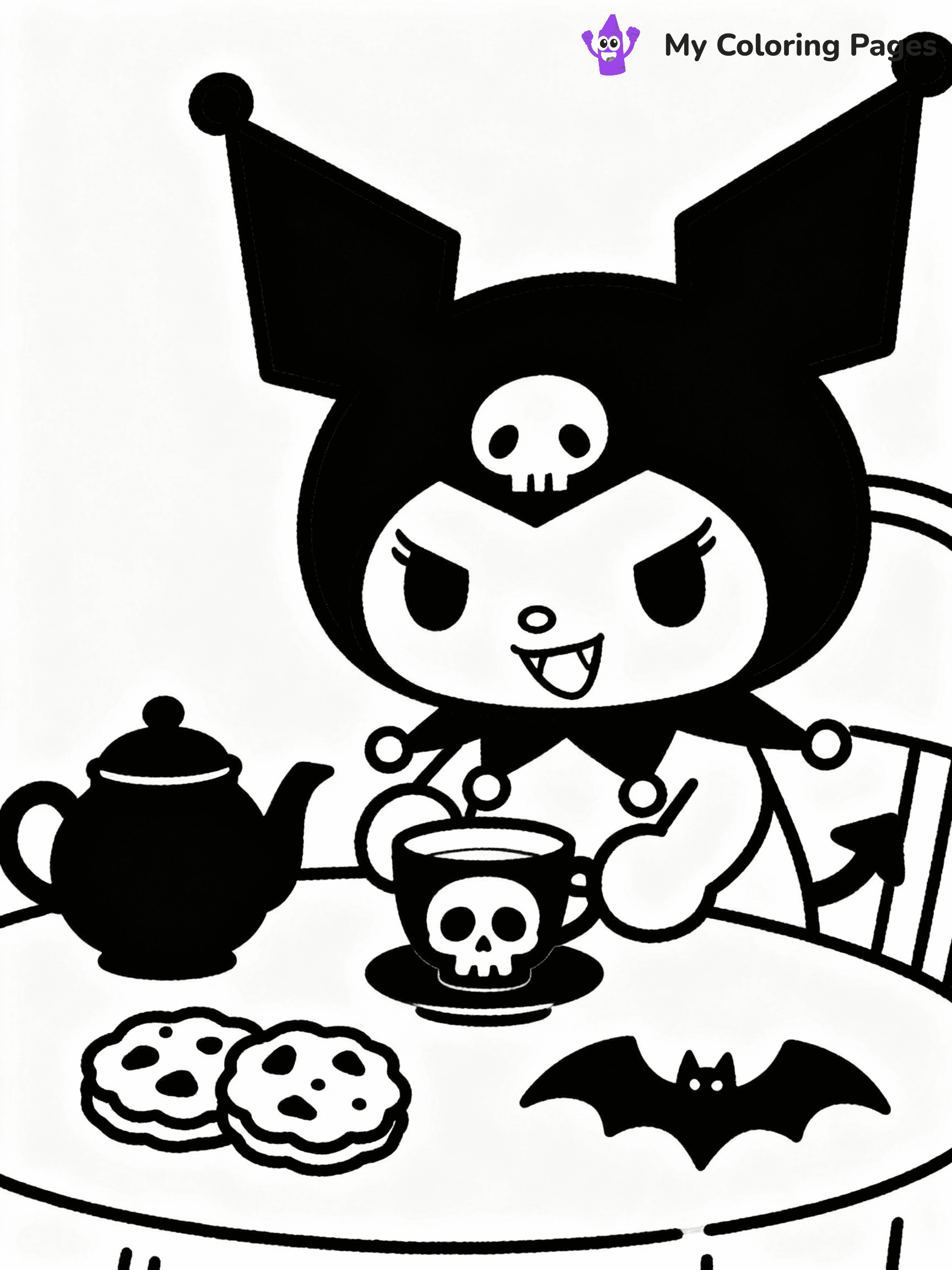 ⚠️ CRITICAL REQUIREMENT - ABSOLUTE BLACK AND WHITE ONLY ⚠️
This MUST be a BLACK AND WHITE line drawing ONLY. NO COLORS whatsoever.
- ONLY pure black lines (#000000) on pure white background (#FFFFFF)
- ABSOLUTELY NO colors, NO shading, NO gradients, NO grayscale
- If there are ANY colors in the output, the image is REJECTED
- This is a COLORING PAGE - meant to be COLORED IN by children
- The output must be UNCOLORED line art ready for coloring
⚠️ SUBJECT TO DRAW: Kuromi from My Melody in Sanrio style, having tea party, mischievous grin, gothic accessories on table
(REMEMBER: Output must be BLACK AND WHITE line art only, NOT colored!)
# COLORING PAGE: BLACK OUTLINES ONLY - WHITE BACKGROUND MANDATORY
Create a **coloring book page** using EXACTLY two values: black lines, white space.
## NON-NEGOTIABLE BINARY RULES
- **ONLY #000000 (black) and #FFFFFF (white)** - NO other values exist
- **EVERY PIXEL = BLACK OR WHITE** - no gray/shading/antialiasing
- **WHITE BACKGROUND MANDATORY** - entire canvas stays white
- **ALL SHAPES HOLLOW** - everything is empty outlines waiting to be colored
- **FORBIDDEN:** fills, shading, gradients, patterns, textures, colors
- **NO SOLID REGIONS** - if it's not a thin line, it's wrong
## Universal Line Standards
- Black outlines ONLY - thin, uniform weight
- Every shape completely empty inside
- Closed contours suitable for coloring
- Simple flat illustration - zero depth/3D/realism
- **Style:** Whimsical Doodle Art Alley - rounded, friendly outlines (unless specified)
## Everything = Outline Only
- Characters/animals: hollow shapes
- Objects/clothing: empty contours
- Backgrounds/scenery: line work only
- Natural elements: outlined forms
- Dark/night areas: don't exist (use outlined symbols)
- Textures/patterns: convert to simple lines
## The Test
Can a child color EVERY white space with crayons? If any area is pre-filled/shaded/gray or colored in, it FAILS. Every shape must be waiting to receive color.
**FINAL OUTPUT**: Binary coloring page. Black lines define shapes. White spaces ready for coloring. Nothing else exists. No exceptions. Print-ready.
⚠️ FINAL REMINDER: Draw the subject "Kuromi from My Melody in Sanrio style, having tea party, mischievous grin, gothic accessories on table" as BLACK AND WHITE line art. Zero colors in output.