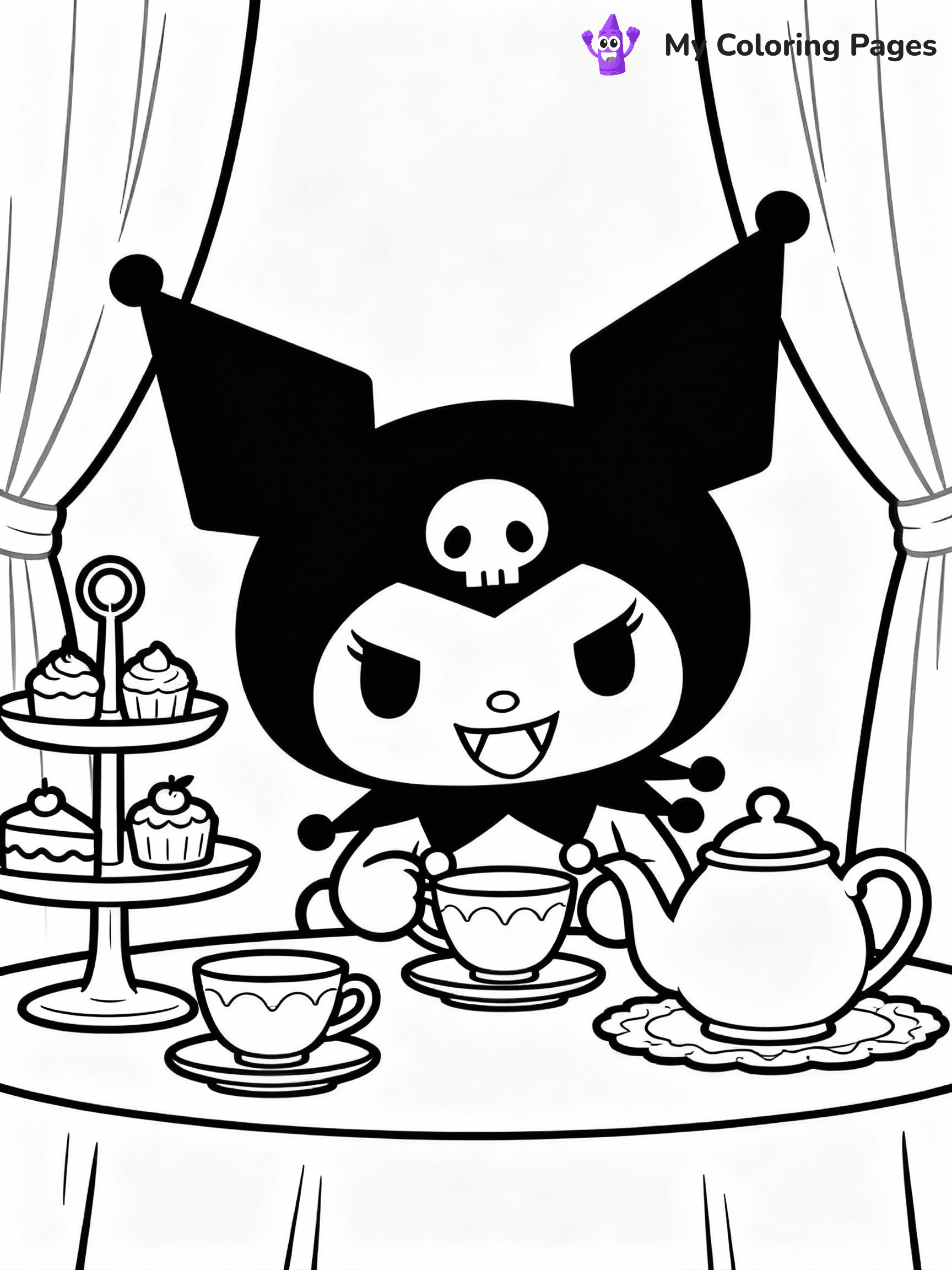 ⚠️ CRITICAL REQUIREMENT - ABSOLUTE BLACK AND WHITE ONLY ⚠️
This MUST be a BLACK AND WHITE line drawing ONLY. NO COLORS whatsoever.
- ONLY pure black lines (#000000) on pure white background (#FFFFFF)
- ABSOLUTELY NO colors, NO shading, NO gradients, NO grayscale
- If there are ANY colors in the output, the image is REJECTED
- This is a COLORING PAGE - meant to be COLORED IN by children
- The output must be UNCOLORED line art ready for coloring
⚠️ SUBJECT TO DRAW: Kuromi from My Melody in Sanrio style, having tea party, mischievous grin, gothic accessories on table
(REMEMBER: Output must be BLACK AND WHITE line art only, NOT colored!)
# COLORING PAGE: BLACK OUTLINES ONLY - WHITE BACKGROUND MANDATORY
Create a **coloring book page** using EXACTLY two values: black lines, white space.
## NON-NEGOTIABLE BINARY RULES
- **ONLY #000000 (black) and #FFFFFF (white)** - NO other values exist
- **EVERY PIXEL = BLACK OR WHITE** - no gray/shading/antialiasing
- **WHITE BACKGROUND MANDATORY** - entire canvas stays white
- **ALL SHAPES HOLLOW** - everything is empty outlines waiting to be colored
- **FORBIDDEN:** fills, shading, gradients, patterns, textures, colors
- **NO SOLID REGIONS** - if it's not a thin line, it's wrong
## Universal Line Standards
- Black outlines ONLY - thin, uniform weight
- Every shape completely empty inside
- Closed contours suitable for coloring
- Simple flat illustration - zero depth/3D/realism
- **Style:** Whimsical Doodle Art Alley - rounded, friendly outlines (unless specified)
## Everything = Outline Only
- Characters/animals: hollow shapes
- Objects/clothing: empty contours
- Backgrounds/scenery: line work only
- Natural elements: outlined forms
- Dark/night areas: don't exist (use outlined symbols)
- Textures/patterns: convert to simple lines
## The Test
Can a child color EVERY white space with crayons? If any area is pre-filled/shaded/gray or colored in, it FAILS. Every shape must be waiting to receive color.
**FINAL OUTPUT**: Binary coloring page. Black lines define shapes. White spaces ready for coloring. Nothing else exists. No exceptions. Print-ready.
⚠️ FINAL REMINDER: Draw the subject "Kuromi from My Melody in Sanrio style, having tea party, mischievous grin, gothic accessories on table" as BLACK AND WHITE line art. Zero colors in output.