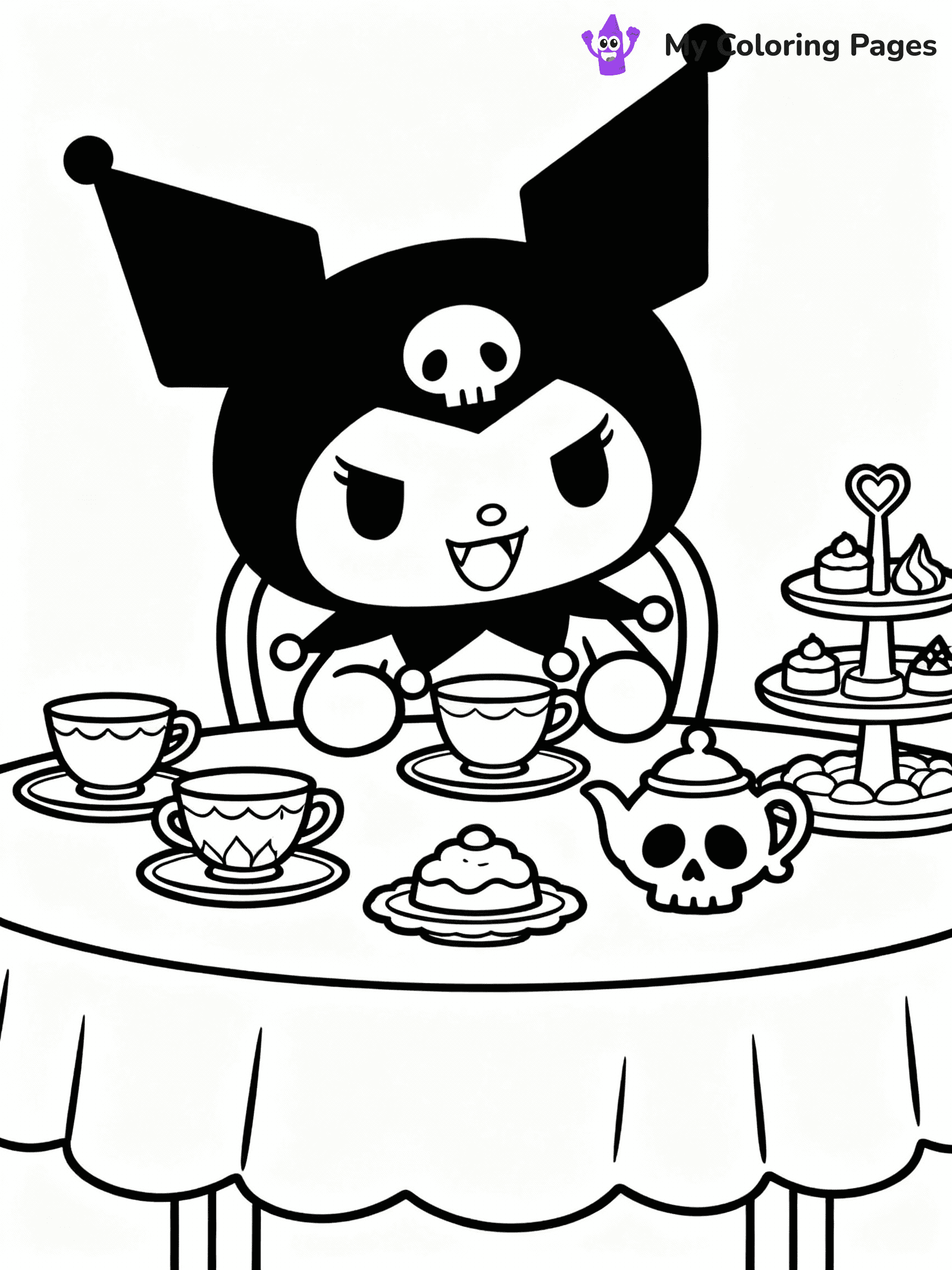 ⚠️ CRITICAL REQUIREMENT - ABSOLUTE BLACK AND WHITE ONLY ⚠️
This MUST be a BLACK AND WHITE line drawing ONLY. NO COLORS whatsoever.
- ONLY pure black lines (#000000) on pure white background (#FFFFFF)
- ABSOLUTELY NO colors, NO shading, NO gradients, NO grayscale
- If there are ANY colors in the output, the image is REJECTED
- This is a COLORING PAGE - meant to be COLORED IN by children
- The output must be UNCOLORED line art ready for coloring
⚠️ SUBJECT TO DRAW: Kuromi from My Melody in Sanrio style, having tea party, mischievous grin, gothic accessories on table
(REMEMBER: Output must be BLACK AND WHITE line art only, NOT colored!)
# COLORING PAGE: BLACK OUTLINES ONLY - WHITE BACKGROUND MANDATORY
Create a **coloring book page** using EXACTLY two values: black lines, white space.
## NON-NEGOTIABLE BINARY RULES
- **ONLY #000000 (black) and #FFFFFF (white)** - NO other values exist
- **EVERY PIXEL = BLACK OR WHITE** - no gray/shading/antialiasing
- **WHITE BACKGROUND MANDATORY** - entire canvas stays white
- **ALL SHAPES HOLLOW** - everything is empty outlines waiting to be colored
- **FORBIDDEN:** fills, shading, gradients, patterns, textures, colors
- **NO SOLID REGIONS** - if it's not a thin line, it's wrong
## Universal Line Standards
- Black outlines ONLY - thin, uniform weight
- Every shape completely empty inside
- Closed contours suitable for coloring
- Simple flat illustration - zero depth/3D/realism
- **Style:** Whimsical Doodle Art Alley - rounded, friendly outlines (unless specified)
## Everything = Outline Only
- Characters/animals: hollow shapes
- Objects/clothing: empty contours
- Backgrounds/scenery: line work only
- Natural elements: outlined forms
- Dark/night areas: don't exist (use outlined symbols)
- Textures/patterns: convert to simple lines
## The Test
Can a child color EVERY white space with crayons? If any area is pre-filled/shaded/gray or colored in, it FAILS. Every shape must be waiting to receive color.
**FINAL OUTPUT**: Binary coloring page. Black lines define shapes. White spaces ready for coloring. Nothing else exists. No exceptions. Print-ready.
⚠️ FINAL REMINDER: Draw the subject "Kuromi from My Melody in Sanrio style, having tea party, mischievous grin, gothic accessories on table" as BLACK AND WHITE line art. Zero colors in output.