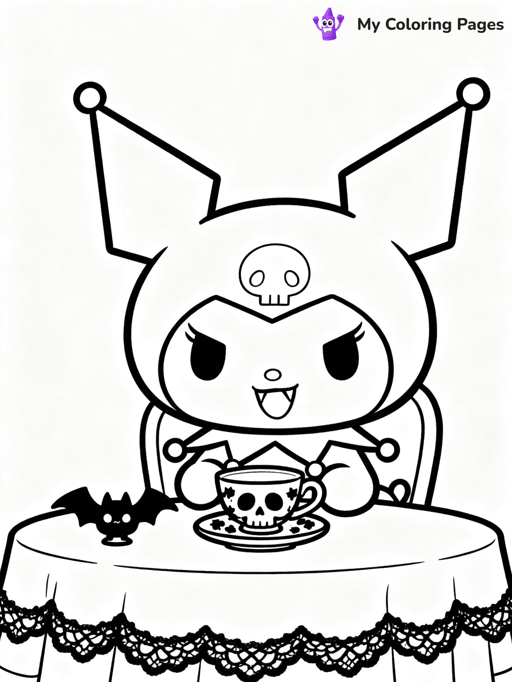 ⚠️ CRITICAL REQUIREMENT - ABSOLUTE BLACK AND WHITE ONLY ⚠️
This MUST be a BLACK AND WHITE line drawing ONLY. NO COLORS whatsoever.
- ONLY pure black lines (#000000) on pure white background (#FFFFFF)
- ABSOLUTELY NO colors, NO shading, NO gradients, NO grayscale
- If there are ANY colors in the output, the image is REJECTED
- This is a COLORING PAGE - meant to be COLORED IN by children
- The output must be UNCOLORED line art ready for coloring
⚠️ SUBJECT TO DRAW: Kuromi from My Melody in Sanrio style, having tea party, mischievous grin, gothic accessories on table
(REMEMBER: Output must be BLACK AND WHITE line art only, NOT colored!)
# COLORING PAGE: BLACK OUTLINES ONLY - WHITE BACKGROUND MANDATORY
Create a **coloring book page** using EXACTLY two values: black lines, white space.
## NON-NEGOTIABLE BINARY RULES
- **ONLY #000000 (black) and #FFFFFF (white)** - NO other values exist
- **EVERY PIXEL = BLACK OR WHITE** - no gray/shading/antialiasing
- **WHITE BACKGROUND MANDATORY** - entire canvas stays white
- **ALL SHAPES HOLLOW** - everything is empty outlines waiting to be colored
- **FORBIDDEN:** fills, shading, gradients, patterns, textures, colors
- **NO SOLID REGIONS** - if it's not a thin line, it's wrong
## Universal Line Standards
- Black outlines ONLY - thin, uniform weight
- Every shape completely empty inside
- Closed contours suitable for coloring
- Simple flat illustration - zero depth/3D/realism
- **Style:** Whimsical Doodle Art Alley - rounded, friendly outlines (unless specified)
## Everything = Outline Only
- Characters/animals: hollow shapes
- Objects/clothing: empty contours
- Backgrounds/scenery: line work only
- Natural elements: outlined forms
- Dark/night areas: don't exist (use outlined symbols)
- Textures/patterns: convert to simple lines
## The Test
Can a child color EVERY white space with crayons? If any area is pre-filled/shaded/gray or colored in, it FAILS. Every shape must be waiting to receive color.
**FINAL OUTPUT**: Binary coloring page. Black lines define shapes. White spaces ready for coloring. Nothing else exists. No exceptions. Print-ready.
⚠️ FINAL REMINDER: Draw the subject "Kuromi from My Melody in Sanrio style, having tea party, mischievous grin, gothic accessories on table" as BLACK AND WHITE line art. Zero colors in output.