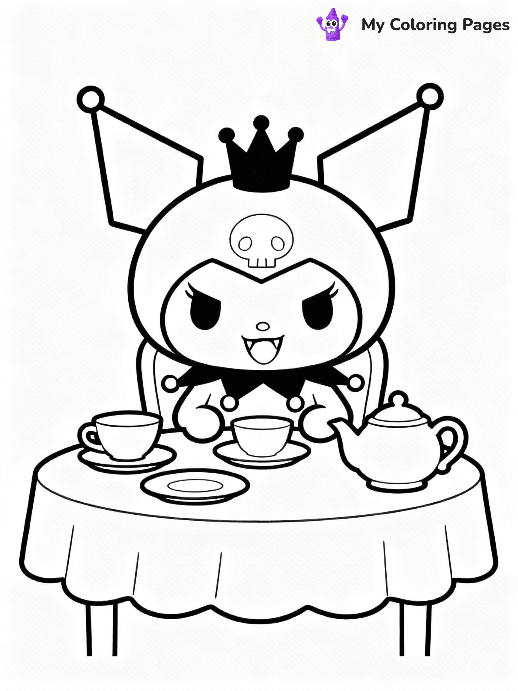⚠️ CRITICAL REQUIREMENT - ABSOLUTE BLACK AND WHITE ONLY ⚠️
This MUST be a BLACK AND WHITE line drawing ONLY. NO COLORS whatsoever.
- ONLY pure black lines (#000000) on pure white background (#FFFFFF)
- ABSOLUTELY NO colors, NO shading, NO gradients, NO grayscale
- If there are ANY colors in the output, the image is REJECTED
- This is a COLORING PAGE - meant to be COLORED IN by children
- The output must be UNCOLORED line art ready for coloring
⚠️ SUBJECT TO DRAW: Kuromi from My Melody in Sanrio style, having tea party, mischievous grin, gothic accessories on table
(REMEMBER: Output must be BLACK AND WHITE line art only, NOT colored!)
# COLORING PAGE: BLACK OUTLINES ONLY - WHITE BACKGROUND MANDATORY
Create a **coloring book page** using EXACTLY two values: black lines, white space.
## NON-NEGOTIABLE BINARY RULES
- **ONLY #000000 (black) and #FFFFFF (white)** - NO other values exist
- **EVERY PIXEL = BLACK OR WHITE** - no gray/shading/antialiasing
- **WHITE BACKGROUND MANDATORY** - entire canvas stays white
- **ALL SHAPES HOLLOW** - everything is empty outlines waiting to be colored
- **FORBIDDEN:** fills, shading, gradients, patterns, textures, colors
- **NO SOLID REGIONS** - if it's not a thin line, it's wrong
## Universal Line Standards
- Black outlines ONLY - thin, uniform weight
- Every shape completely empty inside
- Closed contours suitable for coloring
- Simple flat illustration - zero depth/3D/realism
- **Style:** Whimsical Doodle Art Alley - rounded, friendly outlines (unless specified)
## Everything = Outline Only
- Characters/animals: hollow shapes
- Objects/clothing: empty contours
- Backgrounds/scenery: line work only
- Natural elements: outlined forms
- Dark/night areas: don't exist (use outlined symbols)
- Textures/patterns: convert to simple lines
## The Test
Can a child color EVERY white space with crayons? If any area is pre-filled/shaded/gray or colored in, it FAILS. Every shape must be waiting to receive color.
**FINAL OUTPUT**: Binary coloring page. Black lines define shapes. White spaces ready for coloring. Nothing else exists. No exceptions. Print-ready.
⚠️ FINAL REMINDER: Draw the subject "Kuromi from My Melody in Sanrio style, having tea party, mischievous grin, gothic accessories on table" as BLACK AND WHITE line art. Zero colors in output.