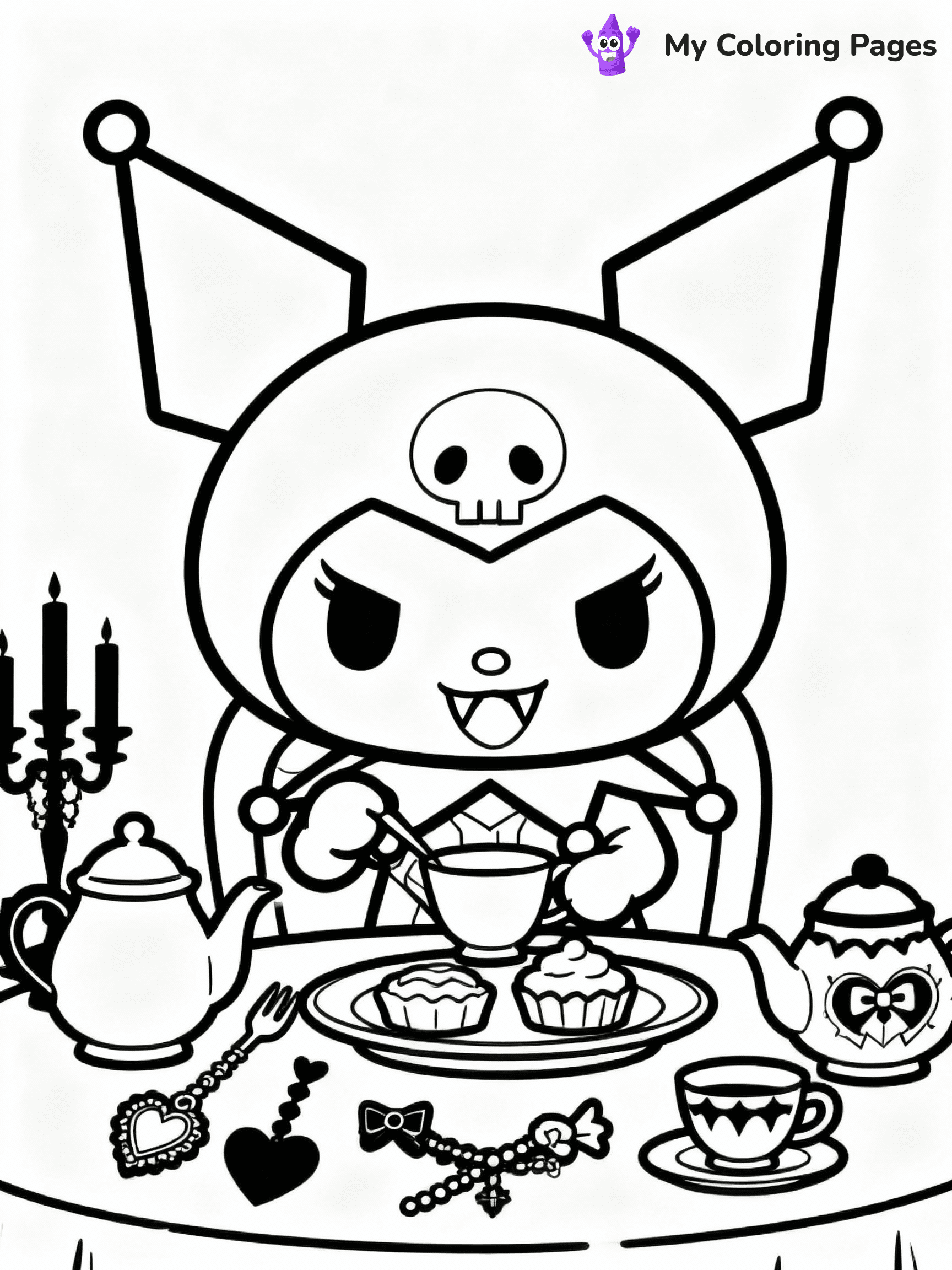 ⚠️ CRITICAL REQUIREMENT - ABSOLUTE BLACK AND WHITE ONLY ⚠️
This MUST be a BLACK AND WHITE line drawing ONLY. NO COLORS whatsoever.
- ONLY pure black lines (#000000) on pure white background (#FFFFFF)
- ABSOLUTELY NO colors, NO shading, NO gradients, NO grayscale
- If there are ANY colors in the output, the image is REJECTED
- This is a COLORING PAGE - meant to be COLORED IN by children
- The output must be UNCOLORED line art ready for coloring
⚠️ SUBJECT TO DRAW: Kuromi from My Melody in Sanrio style, having tea party, mischievous grin, gothic accessories on table
(REMEMBER: Output must be BLACK AND WHITE line art only, NOT colored!)
# COLORING PAGE: BLACK OUTLINES ONLY - WHITE BACKGROUND MANDATORY
Create a **coloring book page** using EXACTLY two values: black lines, white space.
## NON-NEGOTIABLE BINARY RULES
- **ONLY #000000 (black) and #FFFFFF (white)** - NO other values exist
- **EVERY PIXEL = BLACK OR WHITE** - no gray/shading/antialiasing
- **WHITE BACKGROUND MANDATORY** - entire canvas stays white
- **ALL SHAPES HOLLOW** - everything is empty outlines waiting to be colored
- **FORBIDDEN:** fills, shading, gradients, patterns, textures, colors
- **NO SOLID REGIONS** - if it's not a thin line, it's wrong
## Universal Line Standards
- Black outlines ONLY - thin, uniform weight
- Every shape completely empty inside
- Closed contours suitable for coloring
- Simple flat illustration - zero depth/3D/realism
- **Style:** Whimsical Doodle Art Alley - rounded, friendly outlines (unless specified)
## Everything = Outline Only
- Characters/animals: hollow shapes
- Objects/clothing: empty contours
- Backgrounds/scenery: line work only
- Natural elements: outlined forms
- Dark/night areas: don't exist (use outlined symbols)
- Textures/patterns: convert to simple lines
## The Test
Can a child color EVERY white space with crayons? If any area is pre-filled/shaded/gray or colored in, it FAILS. Every shape must be waiting to receive color.
**FINAL OUTPUT**: Binary coloring page. Black lines define shapes. White spaces ready for coloring. Nothing else exists. No exceptions. Print-ready.
⚠️ FINAL REMINDER: Draw the subject "Kuromi from My Melody in Sanrio style, having tea party, mischievous grin, gothic accessories on table" as BLACK AND WHITE line art. Zero colors in output.