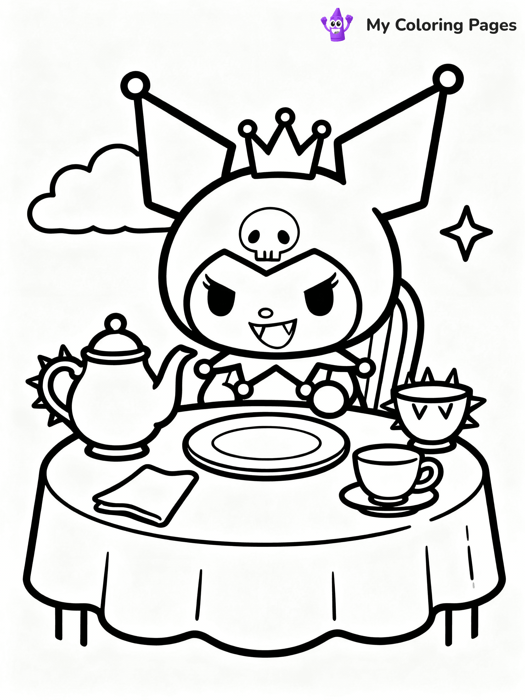 ⚠️ CRITICAL REQUIREMENT - ABSOLUTE BLACK AND WHITE ONLY ⚠️
This MUST be a BLACK AND WHITE line drawing ONLY. NO COLORS whatsoever.
- ONLY pure black lines (#000000) on pure white background (#FFFFFF)
- ABSOLUTELY NO colors, NO shading, NO gradients, NO grayscale
- If there are ANY colors in the output, the image is REJECTED
- This is a COLORING PAGE - meant to be COLORED IN by children
- The output must be UNCOLORED line art ready for coloring
⚠️ SUBJECT TO DRAW: Kuromi from My Melody in Sanrio style, having tea party, mischievous grin, gothic accessories on table
(REMEMBER: Output must be BLACK AND WHITE line art only, NOT colored!)
# COLORING PAGE: BLACK OUTLINES ONLY - WHITE BACKGROUND MANDATORY
Create a **coloring book page** using EXACTLY two values: black lines, white space.
## NON-NEGOTIABLE BINARY RULES
- **ONLY #000000 (black) and #FFFFFF (white)** - NO other values exist
- **EVERY PIXEL = BLACK OR WHITE** - no gray/shading/antialiasing
- **WHITE BACKGROUND MANDATORY** - entire canvas stays white
- **ALL SHAPES HOLLOW** - everything is empty outlines waiting to be colored
- **FORBIDDEN:** fills, shading, gradients, patterns, textures, colors
- **NO SOLID REGIONS** - if it's not a thin line, it's wrong
## Universal Line Standards
- Black outlines ONLY - thin, uniform weight
- Every shape completely empty inside
- Closed contours suitable for coloring
- Simple flat illustration - zero depth/3D/realism
- **Style:** Whimsical Doodle Art Alley - rounded, friendly outlines (unless specified)
## Everything = Outline Only
- Characters/animals: hollow shapes
- Objects/clothing: empty contours
- Backgrounds/scenery: line work only
- Natural elements: outlined forms
- Dark/night areas: don't exist (use outlined symbols)
- Textures/patterns: convert to simple lines
## The Test
Can a child color EVERY white space with crayons? If any area is pre-filled/shaded/gray or colored in, it FAILS. Every shape must be waiting to receive color.
**FINAL OUTPUT**: Binary coloring page. Black lines define shapes. White spaces ready for coloring. Nothing else exists. No exceptions. Print-ready.
⚠️ FINAL REMINDER: Draw the subject "Kuromi from My Melody in Sanrio style, having tea party, mischievous grin, gothic accessories on table" as BLACK AND WHITE line art. Zero colors in output.