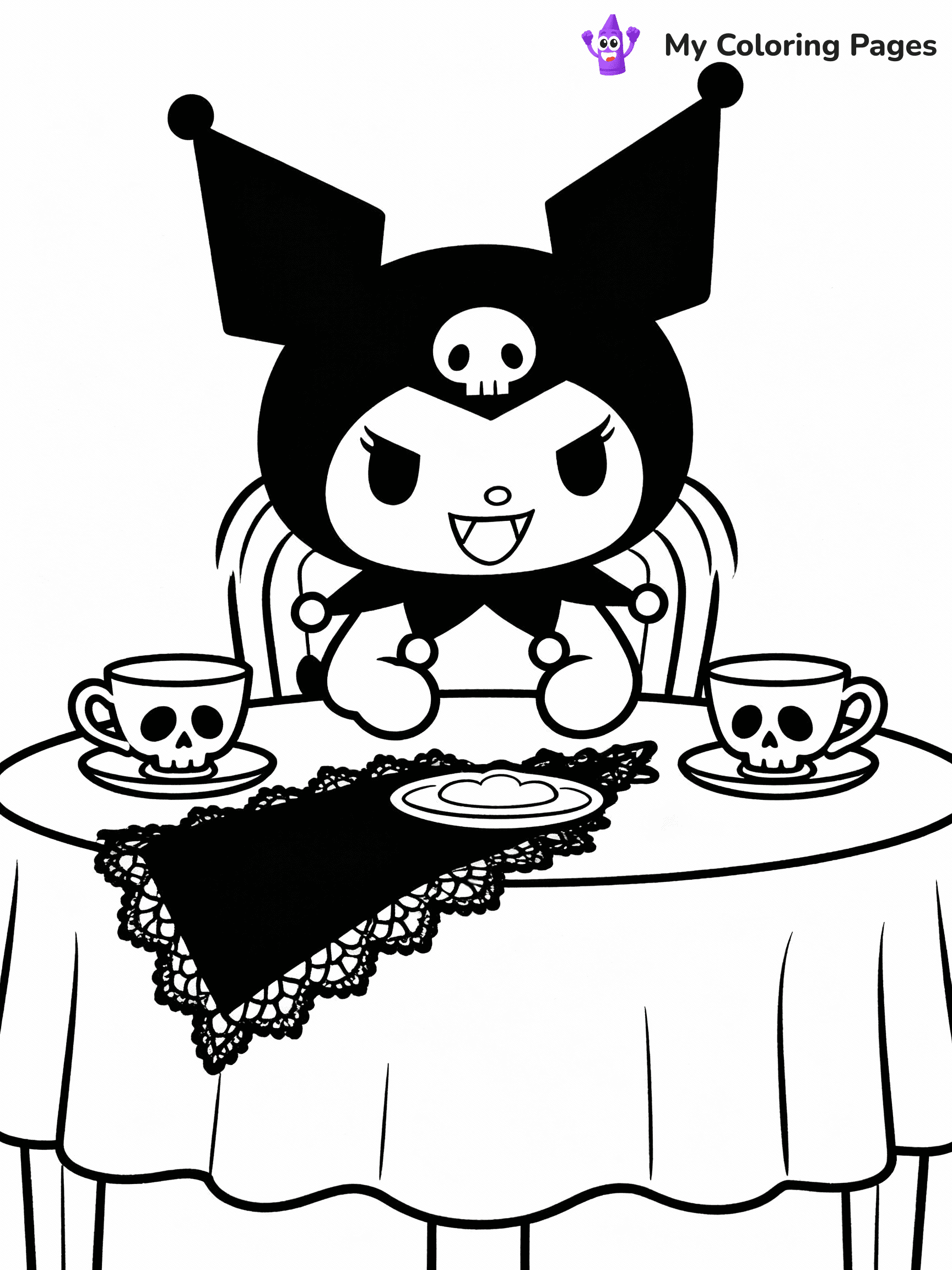 ⚠️ CRITICAL REQUIREMENT - ABSOLUTE BLACK AND WHITE ONLY ⚠️
This MUST be a BLACK AND WHITE line drawing ONLY. NO COLORS whatsoever.
- ONLY pure black lines (#000000) on pure white background (#FFFFFF)
- ABSOLUTELY NO colors, NO shading, NO gradients, NO grayscale
- If there are ANY colors in the output, the image is REJECTED
- This is a COLORING PAGE - meant to be COLORED IN by children
- The output must be UNCOLORED line art ready for coloring
⚠️ SUBJECT TO DRAW: Kuromi from My Melody in Sanrio style, having tea party, mischievous grin, gothic accessories on table
(REMEMBER: Output must be BLACK AND WHITE line art only, NOT colored!)
# COLORING PAGE: BLACK OUTLINES ONLY - WHITE BACKGROUND MANDATORY
Create a **coloring book page** using EXACTLY two values: black lines, white space.
## NON-NEGOTIABLE BINARY RULES
- **ONLY #000000 (black) and #FFFFFF (white)** - NO other values exist
- **EVERY PIXEL = BLACK OR WHITE** - no gray/shading/antialiasing
- **WHITE BACKGROUND MANDATORY** - entire canvas stays white
- **ALL SHAPES HOLLOW** - everything is empty outlines waiting to be colored
- **FORBIDDEN:** fills, shading, gradients, patterns, textures, colors
- **NO SOLID REGIONS** - if it's not a thin line, it's wrong
## Universal Line Standards
- Black outlines ONLY - thin, uniform weight
- Every shape completely empty inside
- Closed contours suitable for coloring
- Simple flat illustration - zero depth/3D/realism
- **Style:** Whimsical Doodle Art Alley - rounded, friendly outlines (unless specified)
## Everything = Outline Only
- Characters/animals: hollow shapes
- Objects/clothing: empty contours
- Backgrounds/scenery: line work only
- Natural elements: outlined forms
- Dark/night areas: don't exist (use outlined symbols)
- Textures/patterns: convert to simple lines
## The Test
Can a child color EVERY white space with crayons? If any area is pre-filled/shaded/gray or colored in, it FAILS. Every shape must be waiting to receive color.
**FINAL OUTPUT**: Binary coloring page. Black lines define shapes. White spaces ready for coloring. Nothing else exists. No exceptions. Print-ready.
⚠️ FINAL REMINDER: Draw the subject "Kuromi from My Melody in Sanrio style, having tea party, mischievous grin, gothic accessories on table" as BLACK AND WHITE line art. Zero colors in output.