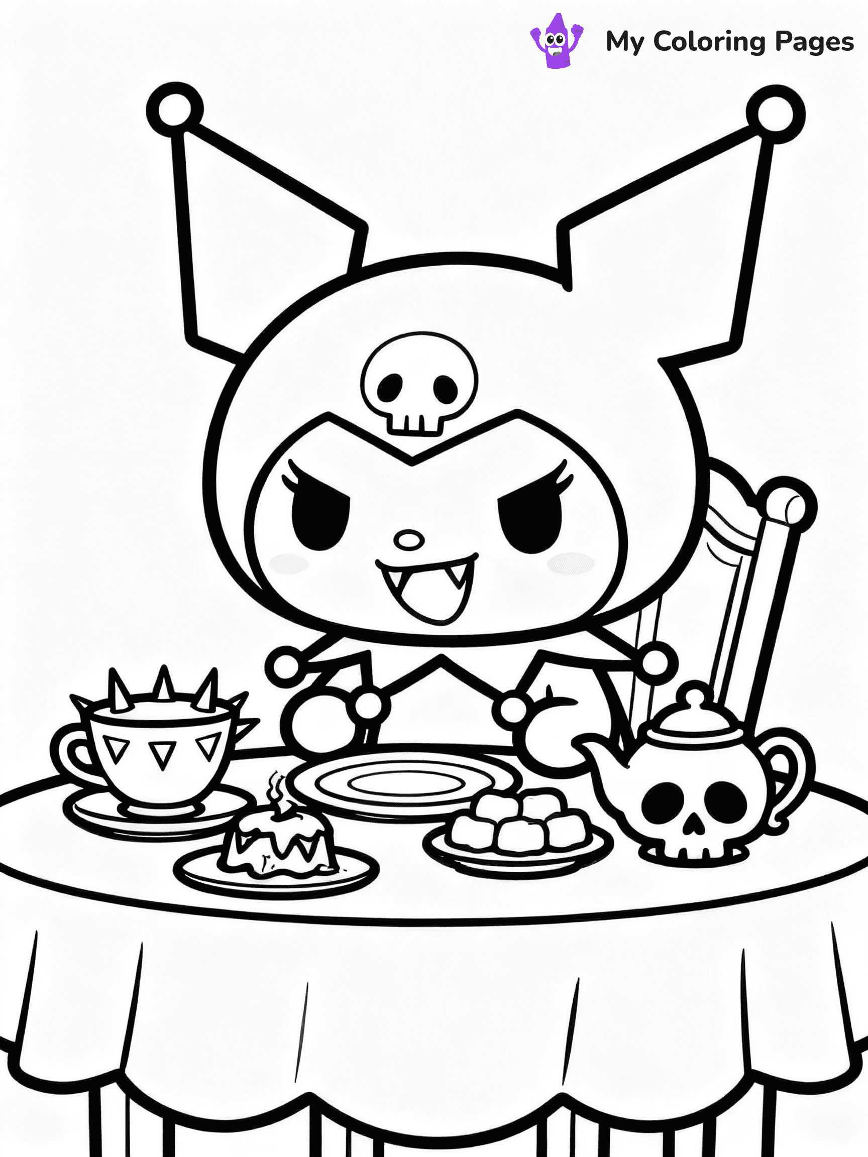 ⚠️ CRITICAL REQUIREMENT - ABSOLUTE BLACK AND WHITE ONLY ⚠️
This MUST be a BLACK AND WHITE line drawing ONLY. NO COLORS whatsoever.
- ONLY pure black lines (#000000) on pure white background (#FFFFFF)
- ABSOLUTELY NO colors, NO shading, NO gradients, NO grayscale
- If there are ANY colors in the output, the image is REJECTED
- This is a COLORING PAGE - meant to be COLORED IN by children
- The output must be UNCOLORED line art ready for coloring
⚠️ SUBJECT TO DRAW: Kuromi from My Melody in Sanrio style, having tea party, mischievous grin, gothic accessories on table
(REMEMBER: Output must be BLACK AND WHITE line art only, NOT colored!)
# COLORING PAGE: BLACK OUTLINES ONLY - WHITE BACKGROUND MANDATORY
Create a **coloring book page** using EXACTLY two values: black lines, white space.
## NON-NEGOTIABLE BINARY RULES
- **ONLY #000000 (black) and #FFFFFF (white)** - NO other values exist
- **EVERY PIXEL = BLACK OR WHITE** - no gray/shading/antialiasing
- **WHITE BACKGROUND MANDATORY** - entire canvas stays white
- **ALL SHAPES HOLLOW** - everything is empty outlines waiting to be colored
- **FORBIDDEN:** fills, shading, gradients, patterns, textures, colors
- **NO SOLID REGIONS** - if it's not a thin line, it's wrong
## Universal Line Standards
- Black outlines ONLY - thin, uniform weight
- Every shape completely empty inside
- Closed contours suitable for coloring
- Simple flat illustration - zero depth/3D/realism
- **Style:** Whimsical Doodle Art Alley - rounded, friendly outlines (unless specified)
## Everything = Outline Only
- Characters/animals: hollow shapes
- Objects/clothing: empty contours
- Backgrounds/scenery: line work only
- Natural elements: outlined forms
- Dark/night areas: don't exist (use outlined symbols)
- Textures/patterns: convert to simple lines
## The Test
Can a child color EVERY white space with crayons? If any area is pre-filled/shaded/gray or colored in, it FAILS. Every shape must be waiting to receive color.
**FINAL OUTPUT**: Binary coloring page. Black lines define shapes. White spaces ready for coloring. Nothing else exists. No exceptions. Print-ready.
⚠️ FINAL REMINDER: Draw the subject "Kuromi from My Melody in Sanrio style, having tea party, mischievous grin, gothic accessories on table" as BLACK AND WHITE line art. Zero colors in output.