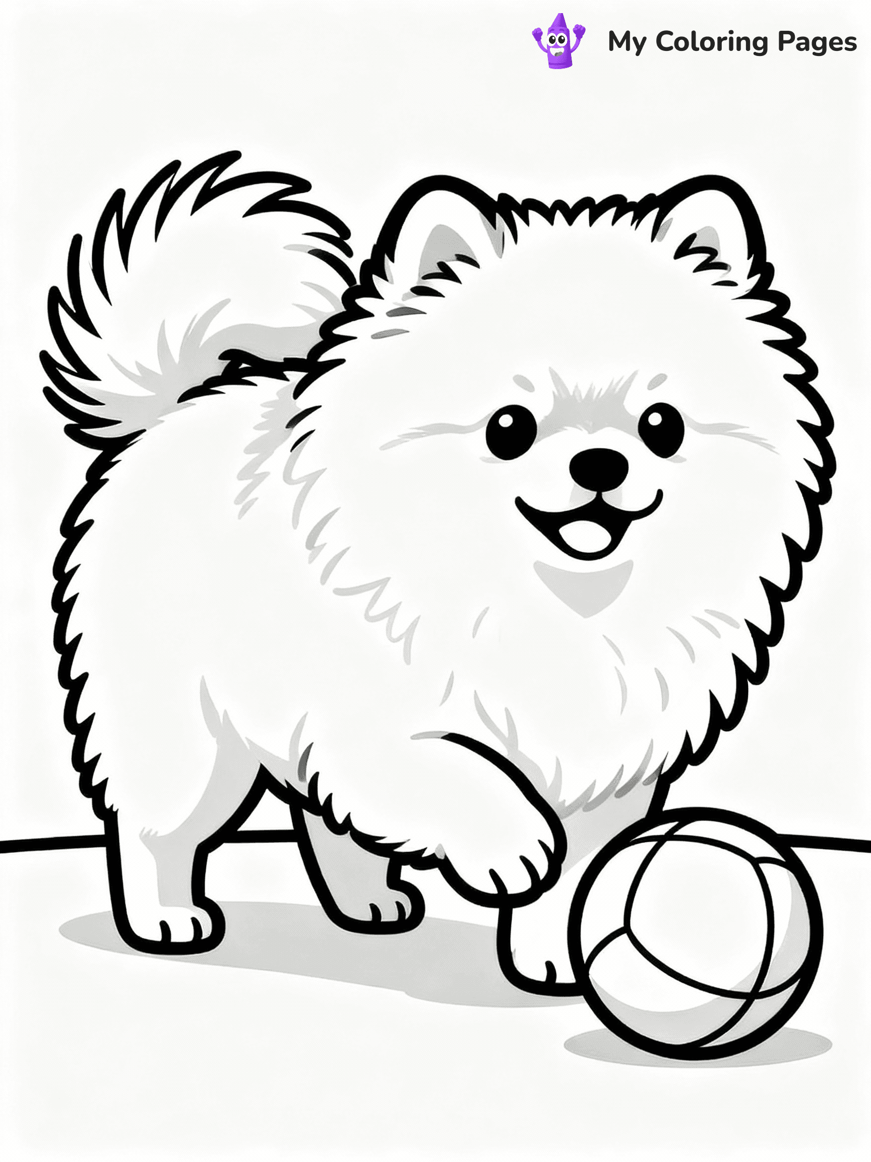 ⚠️ CRITICAL REQUIREMENT - ABSOLUTE BLACK AND WHITE ONLY ⚠️
This MUST be a BLACK AND WHITE line drawing ONLY. NO COLORS whatsoever.
- ONLY pure black lines (#000000) on pure white background (#FFFFFF)
- ABSOLUTELY NO colors, NO shading, NO gradients, NO grayscale
- If there are ANY colors in the output, the image is REJECTED
- This is a COLORING PAGE - meant to be COLORED IN by children
- The output must be UNCOLORED line art ready for coloring
⚠️ SUBJECT TO DRAW: Fluffy Pomeranian puppy playing with a ball, fur fluffed out, tail wagging. Important: PURE OUTLINES. NO FILLS, COLOR, SHADING, OR GREYSCALE. WHITE BACKGROUND.
(REMEMBER: Output must be BLACK AND WHITE line art only, NOT colored!)
# Flat, Friendly Cartoon Line-Art Coloring Page
You are generating a **pure black-and-white binary image** of a child-friendly cartoon scene combining characters and background scenery in one cohesive composition.
## Rendering Rules (Strict)
- Only two colors: pure black (#000000) outlines and pure white (#FFFFFF) background.
- No grayscale, shading, gradients, tints, fills, transparency, or partial pixels.
- No antialiasing or blended edges; every pixel is 100% black or white.
- No solid black fills inside shapes — all areas inside outlines must remain white.
- No dark clothing areas or filled tone blocks; all garments outlined only.
- No shadows, textures, lighting, or tonal variations.
- Must look like flat binary vector line-art for coloring pages.
## Drawing & Composition
- **Medium, consistent line weight**; clean closed outlines easy to color inside.
- **Flat, simple, child-friendly design** — no realism or 3D depth.
- Characters are **grounded on a surface**, centered and large.
- **Balanced composition** with clear silhouettes and minimal props.
## Scenery & Style
- Landmarks (e.g., mosque, CN Tower) and scenery (trees, benches, waves) drawn with **black outlines only.**
- For real-world figures, teams, or places, show accurate details using only black outlines—no text or logos. Use distinctive uniform patterns, abstract symbols, and landmark silhouettes to convey identity.
- Keep **consistent perspective**; no floating elements.
- **Style:** whimsical **Doodle Art Alley** — rounded, friendly outlines.
- May adapt shapes from **Crayola, Disney, Peppa Pig, Cocomelon** — *by shape only, never color.*
- Final output: **flat, crisp, binary (#000000/#FFFFFF)**, **no filled color or background text.**
EXTREMELYE IMPORTANT:
- PURE BINARY LINE-ART; NO FILLS (HAIR/CLOTHES/SKIN), SHADING, OR GREY.
- NO SHADING, COLOR. MUST BE WHITE BACKGROUND.
⚠️ FINAL REMINDER: Draw the subject "Fluffy Pomeranian puppy playing with a ball, fur fluffed out, tail wagging. Important: PURE OUTLINES. NO FILLS, COLOR, SHADING, OR GREYSCALE. WHITE BACKGROUND." as BLACK AND WHITE line art. Zero colors in output.