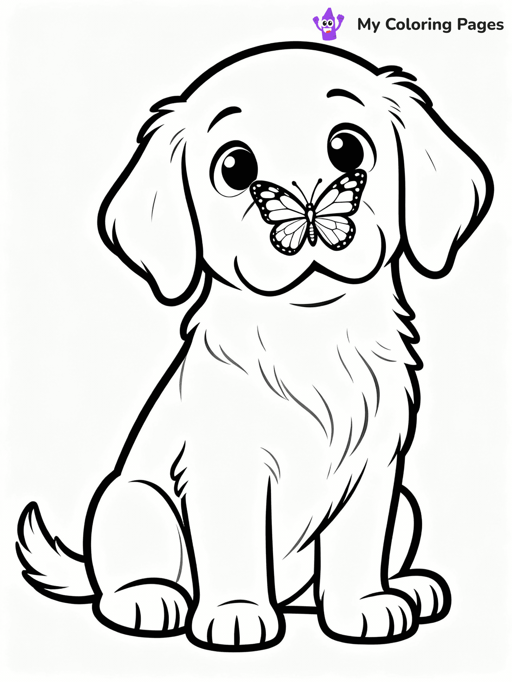 ⚠️ CRITICAL REQUIREMENT - ABSOLUTE BLACK AND WHITE ONLY ⚠️
This MUST be a BLACK AND WHITE line drawing ONLY. NO COLORS whatsoever.
- ONLY pure black lines (#000000) on pure white background (#FFFFFF)
- ABSOLUTELY NO colors, NO shading, NO gradients, NO grayscale
- If there are ANY colors in the output, the image is REJECTED
- This is a COLORING PAGE - meant to be COLORED IN by children
- The output must be UNCOLORED line art ready for coloring
⚠️ SUBJECT TO DRAW: Golden retriever puppy sitting with a butterfly on its nose, big eyes staring. Important: PURE OUTLINES. NO FILLS, COLOR, SHADING, OR GREYSCALE. WHITE BACKGROUND.
(REMEMBER: Output must be BLACK AND WHITE line art only, NOT colored!)
# Flat, Friendly Cartoon Line-Art Coloring Page
You are generating a **pure black-and-white binary image** of a child-friendly cartoon scene combining characters and background scenery in one cohesive composition.
## Rendering Rules (Strict)
- Only two colors: pure black (#000000) outlines and pure white (#FFFFFF) background.
- No grayscale, shading, gradients, tints, fills, transparency, or partial pixels.
- No antialiasing or blended edges; every pixel is 100% black or white.
- No solid black fills inside shapes — all areas inside outlines must remain white.
- No dark clothing areas or filled tone blocks; all garments outlined only.
- No shadows, textures, lighting, or tonal variations.
- Must look like flat binary vector line-art for coloring pages.
## Drawing & Composition
- **Medium, consistent line weight**; clean closed outlines easy to color inside.
- **Flat, simple, child-friendly design** — no realism or 3D depth.
- Characters are **grounded on a surface**, centered and large.
- **Balanced composition** with clear silhouettes and minimal props.
## Scenery & Style
- Landmarks (e.g., mosque, CN Tower) and scenery (trees, benches, waves) drawn with **black outlines only.**
- For real-world figures, teams, or places, show accurate details using only black outlines—no text or logos. Use distinctive uniform patterns, abstract symbols, and landmark silhouettes to convey identity.
- Keep **consistent perspective**; no floating elements.
- **Style:** whimsical **Doodle Art Alley** — rounded, friendly outlines.
- May adapt shapes from **Crayola, Disney, Peppa Pig, Cocomelon** — *by shape only, never color.*
- Final output: **flat, crisp, binary (#000000/#FFFFFF)**, **no filled color or background text.**
EXTREMELYE IMPORTANT:
- PURE BINARY LINE-ART; NO FILLS (HAIR/CLOTHES/SKIN), SHADING, OR GREY.
- NO SHADING, COLOR. MUST BE WHITE BACKGROUND.
⚠️ FINAL REMINDER: Draw the subject "Golden retriever puppy sitting with a butterfly on its nose, big eyes staring. Important: PURE OUTLINES. NO FILLS, COLOR, SHADING, OR GREYSCALE. WHITE BACKGROUND." as BLACK AND WHITE line art. Zero colors in output.