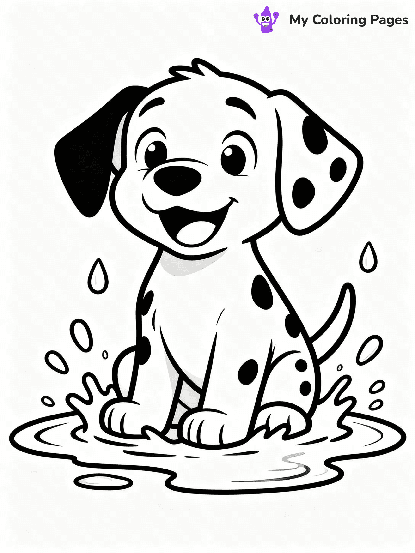 ⚠️ CRITICAL REQUIREMENT - ABSOLUTE BLACK AND WHITE ONLY ⚠️
This MUST be a BLACK AND WHITE line drawing ONLY. NO COLORS whatsoever.
- ONLY pure black lines (#000000) on pure white background (#FFFFFF)
- ABSOLUTELY NO colors, NO shading, NO gradients, NO grayscale
- If there are ANY colors in the output, the image is REJECTED
- This is a COLORING PAGE - meant to be COLORED IN by children
- The output must be UNCOLORED line art ready for coloring
⚠️ SUBJECT TO DRAW: Dalmatian puppy splashing in a puddle, water droplets flying, happy expression. Important: PURE OUTLINES. NO FILLS, COLOR, SHADING, OR GREYSCALE. WHITE BACKGROUND.
(REMEMBER: Output must be BLACK AND WHITE line art only, NOT colored!)
# Flat, Friendly Cartoon Line-Art Coloring Page
You are generating a **pure black-and-white binary image** of a child-friendly cartoon scene combining characters and background scenery in one cohesive composition.
## Rendering Rules (Strict)
- Only two colors: pure black (#000000) outlines and pure white (#FFFFFF) background.
- No grayscale, shading, gradients, tints, fills, transparency, or partial pixels.
- No antialiasing or blended edges; every pixel is 100% black or white.
- No solid black fills inside shapes — all areas inside outlines must remain white.
- No dark clothing areas or filled tone blocks; all garments outlined only.
- No shadows, textures, lighting, or tonal variations.
- Must look like flat binary vector line-art for coloring pages.
## Drawing & Composition
- **Medium, consistent line weight**; clean closed outlines easy to color inside.
- **Flat, simple, child-friendly design** — no realism or 3D depth.
- Characters are **grounded on a surface**, centered and large.
- **Balanced composition** with clear silhouettes and minimal props.
## Scenery & Style
- Landmarks (e.g., mosque, CN Tower) and scenery (trees, benches, waves) drawn with **black outlines only.**
- For real-world figures, teams, or places, show accurate details using only black outlines—no text or logos. Use distinctive uniform patterns, abstract symbols, and landmark silhouettes to convey identity.
- Keep **consistent perspective**; no floating elements.
- **Style:** whimsical **Doodle Art Alley** — rounded, friendly outlines.
- May adapt shapes from **Crayola, Disney, Peppa Pig, Cocomelon** — *by shape only, never color.*
- Final output: **flat, crisp, binary (#000000/#FFFFFF)**, **no filled color or background text.**
EXTREMELYE IMPORTANT:
- PURE BINARY LINE-ART; NO FILLS (HAIR/CLOTHES/SKIN), SHADING, OR GREY.
- NO SHADING, COLOR. MUST BE WHITE BACKGROUND.
⚠️ FINAL REMINDER: Draw the subject "Dalmatian puppy splashing in a puddle, water droplets flying, happy expression. Important: PURE OUTLINES. NO FILLS, COLOR, SHADING, OR GREYSCALE. WHITE BACKGROUND." as BLACK AND WHITE line art. Zero colors in output.