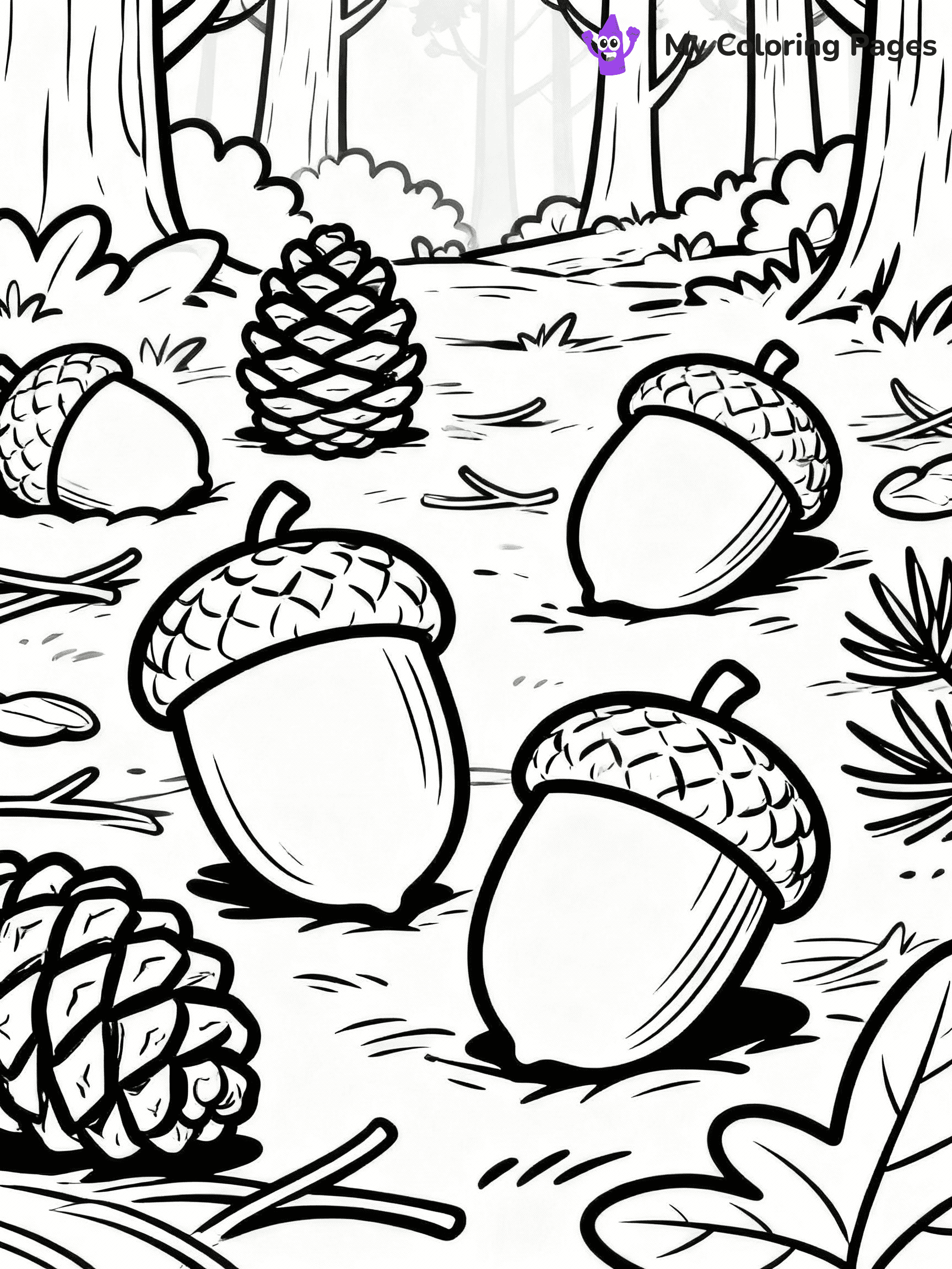 ⚠️ CRITICAL REQUIREMENT - ABSOLUTE BLACK AND WHITE ONLY ⚠️
This MUST be a BLACK AND WHITE line drawing ONLY. NO COLORS whatsoever.
- ONLY pure black lines (#000000) on pure white background (#FFFFFF)
- ABSOLUTELY NO colors, NO shading, NO gradients, NO grayscale
- If there are ANY colors in the output, the image is REJECTED
- This is a COLORING PAGE - meant to be COLORED IN by children
- The output must be UNCOLORED line art ready for coloring
⚠️ SUBJECT TO DRAW: Acorns and pinecones scattered on the forest floor, in fall-themed style. PURE OUTLINES. NO FILLS, COLOR, SHADING, OR GREYSCALE. WHITE BACKGROUND.
(REMEMBER: Output must be BLACK AND WHITE line art only, NOT colored!)
# Flat, Friendly Cartoon Line-Art Coloring Page
You are generating a **pure black-and-white binary image** of a child-friendly cartoon scene combining characters and background scenery in one cohesive composition.
## Rendering Rules (Strict)
- Only two colors: pure black (#000000) outlines and pure white (#FFFFFF) background.
- No grayscale, shading, gradients, tints, fills, transparency, or partial pixels.
- No antialiasing or blended edges; every pixel is 100% black or white.
- No solid black fills inside shapes — all areas inside outlines must remain white.
- No dark clothing areas or filled tone blocks; all garments outlined only.
- No shadows, textures, lighting, or tonal variations.
- Must look like flat binary vector line-art for coloring pages.
## Drawing & Composition
- **Medium, consistent line weight**; clean closed outlines easy to color inside.
- **Flat, simple, child-friendly design** — no realism or 3D depth.
- Characters are **grounded on a surface**, centered and large.
- **Balanced composition** with clear silhouettes and minimal props.
## Scenery & Style
- Landmarks (e.g., mosque, CN Tower) and scenery (trees, benches, waves) drawn with **black outlines only.**
- For real-world figures, teams, or places, show accurate details using only black outlines—no text or logos. Use distinctive uniform patterns, abstract symbols, and landmark silhouettes to convey identity.
- Keep **consistent perspective**; no floating elements.
- **Style:** whimsical **Doodle Art Alley** — rounded, friendly outlines.
- May adapt shapes from **Crayola, Disney, Peppa Pig, Cocomelon** — *by shape only, never color.*
- Final output: **flat, crisp, binary (#000000/#FFFFFF)**, **no filled color or background text.**
EXTREMELYE IMPORTANT:
- PURE BINARY LINE-ART; NO FILLS (HAIR/CLOTHES/SKIN), SHADING, OR GREY.
- NO SHADING, COLOR. MUST BE WHITE BACKGROUND.
⚠️ FINAL REMINDER: Draw the subject "Acorns and pinecones scattered on the forest floor, in fall-themed style. PURE OUTLINES. NO FILLS, COLOR, SHADING, OR GREYSCALE. WHITE BACKGROUND." as BLACK AND WHITE line art. Zero colors in output.