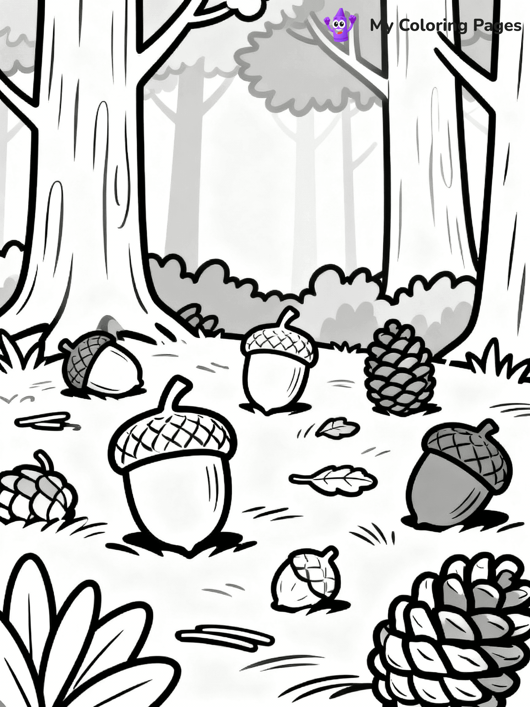 ⚠️ CRITICAL REQUIREMENT - ABSOLUTE BLACK AND WHITE ONLY ⚠️
This MUST be a BLACK AND WHITE line drawing ONLY. NO COLORS whatsoever.
- ONLY pure black lines (#000000) on pure white background (#FFFFFF)
- ABSOLUTELY NO colors, NO shading, NO gradients, NO grayscale
- If there are ANY colors in the output, the image is REJECTED
- This is a COLORING PAGE - meant to be COLORED IN by children
- The output must be UNCOLORED line art ready for coloring
⚠️ SUBJECT TO DRAW: Acorns and pinecones scattered on the forest floor, in fall-themed style. PURE OUTLINES. NO FILLS, COLOR, SHADING, OR GREYSCALE. WHITE BACKGROUND.
(REMEMBER: Output must be BLACK AND WHITE line art only, NOT colored!)
# Flat, Friendly Cartoon Line-Art Coloring Page
You are generating a **pure black-and-white binary image** of a child-friendly cartoon scene combining characters and background scenery in one cohesive composition.
## Rendering Rules (Strict)
- Only two colors: pure black (#000000) outlines and pure white (#FFFFFF) background.
- No grayscale, shading, gradients, tints, fills, transparency, or partial pixels.
- No antialiasing or blended edges; every pixel is 100% black or white.
- No solid black fills inside shapes — all areas inside outlines must remain white.
- No dark clothing areas or filled tone blocks; all garments outlined only.
- No shadows, textures, lighting, or tonal variations.
- Must look like flat binary vector line-art for coloring pages.
## Drawing & Composition
- **Medium, consistent line weight**; clean closed outlines easy to color inside.
- **Flat, simple, child-friendly design** — no realism or 3D depth.
- Characters are **grounded on a surface**, centered and large.
- **Balanced composition** with clear silhouettes and minimal props.
## Scenery & Style
- Landmarks (e.g., mosque, CN Tower) and scenery (trees, benches, waves) drawn with **black outlines only.**
- For real-world figures, teams, or places, show accurate details using only black outlines—no text or logos. Use distinctive uniform patterns, abstract symbols, and landmark silhouettes to convey identity.
- Keep **consistent perspective**; no floating elements.
- **Style:** whimsical **Doodle Art Alley** — rounded, friendly outlines.
- May adapt shapes from **Crayola, Disney, Peppa Pig, Cocomelon** — *by shape only, never color.*
- Final output: **flat, crisp, binary (#000000/#FFFFFF)**, **no filled color or background text.**
EXTREMELYE IMPORTANT:
- PURE BINARY LINE-ART; NO FILLS (HAIR/CLOTHES/SKIN), SHADING, OR GREY.
- NO SHADING, COLOR. MUST BE WHITE BACKGROUND.
⚠️ FINAL REMINDER: Draw the subject "Acorns and pinecones scattered on the forest floor, in fall-themed style. PURE OUTLINES. NO FILLS, COLOR, SHADING, OR GREYSCALE. WHITE BACKGROUND." as BLACK AND WHITE line art. Zero colors in output.