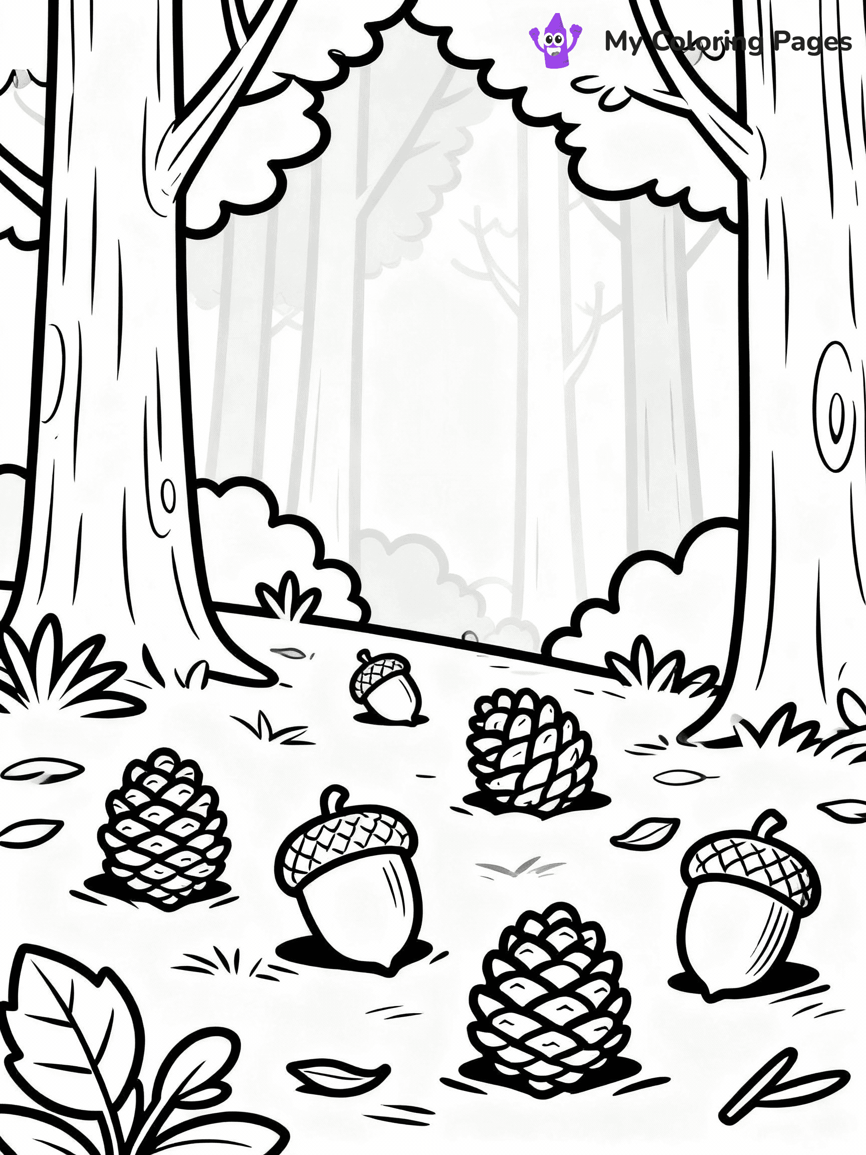 ⚠️ CRITICAL REQUIREMENT - ABSOLUTE BLACK AND WHITE ONLY ⚠️
This MUST be a BLACK AND WHITE line drawing ONLY. NO COLORS whatsoever.
- ONLY pure black lines (#000000) on pure white background (#FFFFFF)
- ABSOLUTELY NO colors, NO shading, NO gradients, NO grayscale
- If there are ANY colors in the output, the image is REJECTED
- This is a COLORING PAGE - meant to be COLORED IN by children
- The output must be UNCOLORED line art ready for coloring
⚠️ SUBJECT TO DRAW: Acorns and pinecones scattered on the forest floor, in fall-themed style. PURE OUTLINES. NO FILLS, COLOR, SHADING, OR GREYSCALE. WHITE BACKGROUND.
(REMEMBER: Output must be BLACK AND WHITE line art only, NOT colored!)
# Flat, Friendly Cartoon Line-Art Coloring Page
You are generating a **pure black-and-white binary image** of a child-friendly cartoon scene combining characters and background scenery in one cohesive composition.
## Rendering Rules (Strict)
- Only two colors: pure black (#000000) outlines and pure white (#FFFFFF) background.
- No grayscale, shading, gradients, tints, fills, transparency, or partial pixels.
- No antialiasing or blended edges; every pixel is 100% black or white.
- No solid black fills inside shapes — all areas inside outlines must remain white.
- No dark clothing areas or filled tone blocks; all garments outlined only.
- No shadows, textures, lighting, or tonal variations.
- Must look like flat binary vector line-art for coloring pages.
## Drawing & Composition
- **Medium, consistent line weight**; clean closed outlines easy to color inside.
- **Flat, simple, child-friendly design** — no realism or 3D depth.
- Characters are **grounded on a surface**, centered and large.
- **Balanced composition** with clear silhouettes and minimal props.
## Scenery & Style
- Landmarks (e.g., mosque, CN Tower) and scenery (trees, benches, waves) drawn with **black outlines only.**
- For real-world figures, teams, or places, show accurate details using only black outlines—no text or logos. Use distinctive uniform patterns, abstract symbols, and landmark silhouettes to convey identity.
- Keep **consistent perspective**; no floating elements.
- **Style:** whimsical **Doodle Art Alley** — rounded, friendly outlines.
- May adapt shapes from **Crayola, Disney, Peppa Pig, Cocomelon** — *by shape only, never color.*
- Final output: **flat, crisp, binary (#000000/#FFFFFF)**, **no filled color or background text.**
EXTREMELYE IMPORTANT:
- PURE BINARY LINE-ART; NO FILLS (HAIR/CLOTHES/SKIN), SHADING, OR GREY.
- NO SHADING, COLOR. MUST BE WHITE BACKGROUND.
⚠️ FINAL REMINDER: Draw the subject "Acorns and pinecones scattered on the forest floor, in fall-themed style. PURE OUTLINES. NO FILLS, COLOR, SHADING, OR GREYSCALE. WHITE BACKGROUND." as BLACK AND WHITE line art. Zero colors in output.