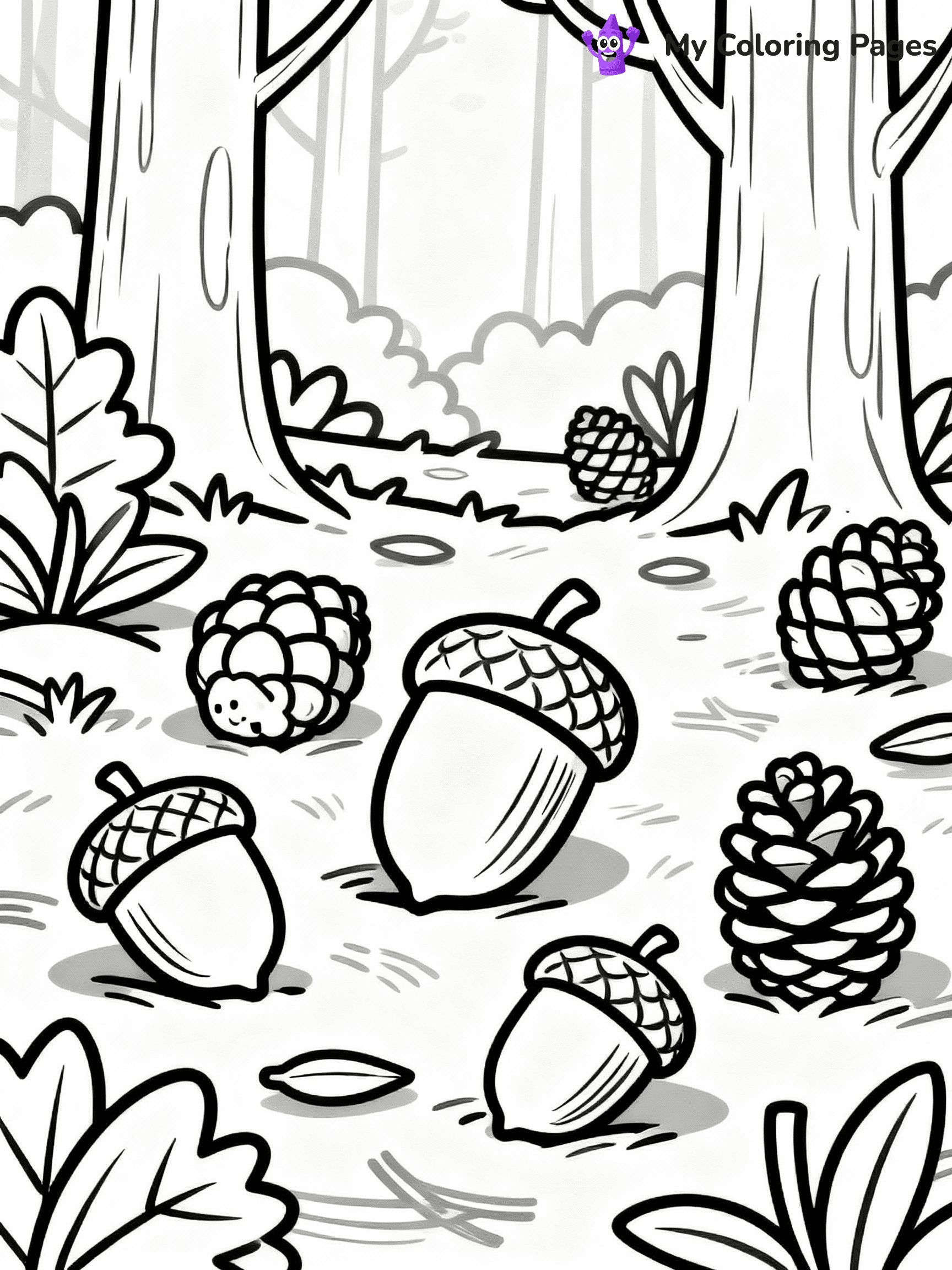 ⚠️ CRITICAL REQUIREMENT - ABSOLUTE BLACK AND WHITE ONLY ⚠️
This MUST be a BLACK AND WHITE line drawing ONLY. NO COLORS whatsoever.
- ONLY pure black lines (#000000) on pure white background (#FFFFFF)
- ABSOLUTELY NO colors, NO shading, NO gradients, NO grayscale
- If there are ANY colors in the output, the image is REJECTED
- This is a COLORING PAGE - meant to be COLORED IN by children
- The output must be UNCOLORED line art ready for coloring
⚠️ SUBJECT TO DRAW: Acorns and pinecones scattered on the forest floor, in fall-themed style. PURE OUTLINES. NO FILLS, COLOR, SHADING, OR GREYSCALE. WHITE BACKGROUND.
(REMEMBER: Output must be BLACK AND WHITE line art only, NOT colored!)
# Flat, Friendly Cartoon Line-Art Coloring Page
You are generating a **pure black-and-white binary image** of a child-friendly cartoon scene combining characters and background scenery in one cohesive composition.
## Rendering Rules (Strict)
- Only two colors: pure black (#000000) outlines and pure white (#FFFFFF) background.
- No grayscale, shading, gradients, tints, fills, transparency, or partial pixels.
- No antialiasing or blended edges; every pixel is 100% black or white.
- No solid black fills inside shapes — all areas inside outlines must remain white.
- No dark clothing areas or filled tone blocks; all garments outlined only.
- No shadows, textures, lighting, or tonal variations.
- Must look like flat binary vector line-art for coloring pages.
## Drawing & Composition
- **Medium, consistent line weight**; clean closed outlines easy to color inside.
- **Flat, simple, child-friendly design** — no realism or 3D depth.
- Characters are **grounded on a surface**, centered and large.
- **Balanced composition** with clear silhouettes and minimal props.
## Scenery & Style
- Landmarks (e.g., mosque, CN Tower) and scenery (trees, benches, waves) drawn with **black outlines only.**
- For real-world figures, teams, or places, show accurate details using only black outlines—no text or logos. Use distinctive uniform patterns, abstract symbols, and landmark silhouettes to convey identity.
- Keep **consistent perspective**; no floating elements.
- **Style:** whimsical **Doodle Art Alley** — rounded, friendly outlines.
- May adapt shapes from **Crayola, Disney, Peppa Pig, Cocomelon** — *by shape only, never color.*
- Final output: **flat, crisp, binary (#000000/#FFFFFF)**, **no filled color or background text.**
EXTREMELYE IMPORTANT:
- PURE BINARY LINE-ART; NO FILLS (HAIR/CLOTHES/SKIN), SHADING, OR GREY.
- NO SHADING, COLOR. MUST BE WHITE BACKGROUND.
⚠️ FINAL REMINDER: Draw the subject "Acorns and pinecones scattered on the forest floor, in fall-themed style. PURE OUTLINES. NO FILLS, COLOR, SHADING, OR GREYSCALE. WHITE BACKGROUND." as BLACK AND WHITE line art. Zero colors in output.