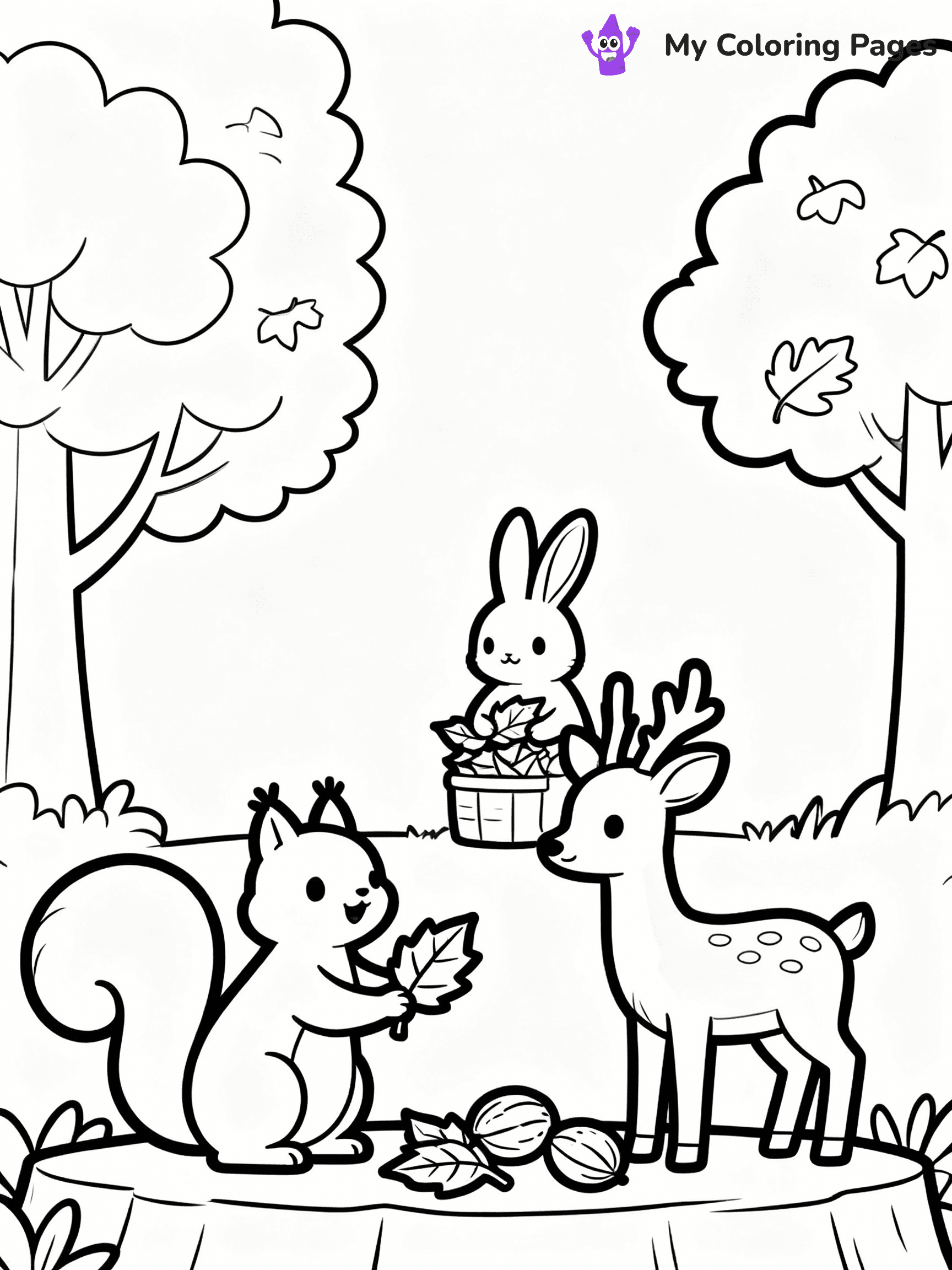 ⚠️ CRITICAL REQUIREMENT - ABSOLUTE BLACK AND WHITE ONLY ⚠️
This MUST be a BLACK AND WHITE line drawing ONLY. NO COLORS whatsoever.
- ONLY pure black lines (#000000) on pure white background (#FFFFFF)
- ABSOLUTELY NO colors, NO shading, NO gradients, NO grayscale
- If there are ANY colors in the output, the image is REJECTED
- This is a COLORING PAGE - meant to be COLORED IN by children
- The output must be UNCOLORED line art ready for coloring
⚠️ SUBJECT TO DRAW: Woodland animals gathering leaves in a cozy scene, in fall-themed style. PURE OUTLINES. NO FILLS, COLOR, SHADING, OR GREYSCALE. WHITE BACKGROUND.
(REMEMBER: Output must be BLACK AND WHITE line art only, NOT colored!)
# Flat, Friendly Cartoon Line-Art Coloring Page
You are generating a **pure black-and-white binary image** of a child-friendly cartoon scene combining characters and background scenery in one cohesive composition.
## Rendering Rules (Strict)
- Only two colors: pure black (#000000) outlines and pure white (#FFFFFF) background.
- No grayscale, shading, gradients, tints, fills, transparency, or partial pixels.
- No antialiasing or blended edges; every pixel is 100% black or white.
- No solid black fills inside shapes — all areas inside outlines must remain white.
- No dark clothing areas or filled tone blocks; all garments outlined only.
- No shadows, textures, lighting, or tonal variations.
- Must look like flat binary vector line-art for coloring pages.
## Drawing & Composition
- **Medium, consistent line weight**; clean closed outlines easy to color inside.
- **Flat, simple, child-friendly design** — no realism or 3D depth.
- Characters are **grounded on a surface**, centered and large.
- **Balanced composition** with clear silhouettes and minimal props.
## Scenery & Style
- Landmarks (e.g., mosque, CN Tower) and scenery (trees, benches, waves) drawn with **black outlines only.**
- For real-world figures, teams, or places, show accurate details using only black outlines—no text or logos. Use distinctive uniform patterns, abstract symbols, and landmark silhouettes to convey identity.
- Keep **consistent perspective**; no floating elements.
- **Style:** whimsical **Doodle Art Alley** — rounded, friendly outlines.
- May adapt shapes from **Crayola, Disney, Peppa Pig, Cocomelon** — *by shape only, never color.*
- Final output: **flat, crisp, binary (#000000/#FFFFFF)**, **no filled color or background text.**
EXTREMELYE IMPORTANT:
- PURE BINARY LINE-ART; NO FILLS (HAIR/CLOTHES/SKIN), SHADING, OR GREY.
- NO SHADING, COLOR. MUST BE WHITE BACKGROUND.
⚠️ FINAL REMINDER: Draw the subject "Woodland animals gathering leaves in a cozy scene, in fall-themed style. PURE OUTLINES. NO FILLS, COLOR, SHADING, OR GREYSCALE. WHITE BACKGROUND." as BLACK AND WHITE line art. Zero colors in output.