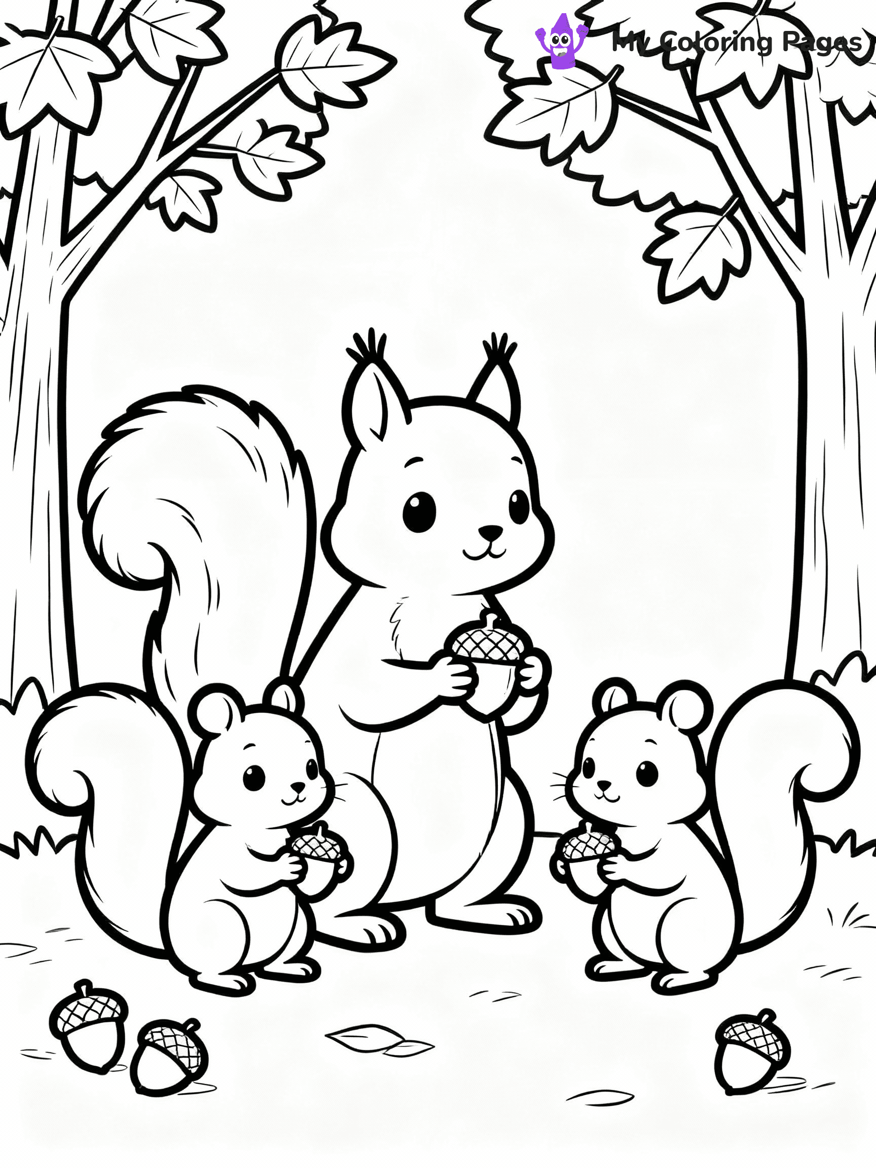 ⚠️ CRITICAL REQUIREMENT - ABSOLUTE BLACK AND WHITE ONLY ⚠️
This MUST be a BLACK AND WHITE line drawing ONLY. NO COLORS whatsoever.
- ONLY pure black lines (#000000) on pure white background (#FFFFFF)
- ABSOLUTELY NO colors, NO shading, NO gradients, NO grayscale
- If there are ANY colors in the output, the image is REJECTED
- This is a COLORING PAGE - meant to be COLORED IN by children
- The output must be UNCOLORED line art ready for coloring
⚠️ SUBJECT TO DRAW: A family of squirrels collecting acorns for winter, in fall-themed style. PURE OUTLINES. NO FILLS, COLOR, SHADING, OR GREYSCALE. WHITE BACKGROUND.
(REMEMBER: Output must be BLACK AND WHITE line art only, NOT colored!)
# Flat, Friendly Cartoon Line-Art Coloring Page
You are generating a **pure black-and-white binary image** of a child-friendly cartoon scene combining characters and background scenery in one cohesive composition.
## Rendering Rules (Strict)
- Only two colors: pure black (#000000) outlines and pure white (#FFFFFF) background.
- No grayscale, shading, gradients, tints, fills, transparency, or partial pixels.
- No antialiasing or blended edges; every pixel is 100% black or white.
- No solid black fills inside shapes — all areas inside outlines must remain white.
- No dark clothing areas or filled tone blocks; all garments outlined only.
- No shadows, textures, lighting, or tonal variations.
- Must look like flat binary vector line-art for coloring pages.
## Drawing & Composition
- **Medium, consistent line weight**; clean closed outlines easy to color inside.
- **Flat, simple, child-friendly design** — no realism or 3D depth.
- Characters are **grounded on a surface**, centered and large.
- **Balanced composition** with clear silhouettes and minimal props.
## Scenery & Style
- Landmarks (e.g., mosque, CN Tower) and scenery (trees, benches, waves) drawn with **black outlines only.**
- For real-world figures, teams, or places, show accurate details using only black outlines—no text or logos. Use distinctive uniform patterns, abstract symbols, and landmark silhouettes to convey identity.
- Keep **consistent perspective**; no floating elements.
- **Style:** whimsical **Doodle Art Alley** — rounded, friendly outlines.
- May adapt shapes from **Crayola, Disney, Peppa Pig, Cocomelon** — *by shape only, never color.*
- Final output: **flat, crisp, binary (#000000/#FFFFFF)**, **no filled color or background text.**
EXTREMELYE IMPORTANT:
- PURE BINARY LINE-ART; NO FILLS (HAIR/CLOTHES/SKIN), SHADING, OR GREY.
- NO SHADING, COLOR. MUST BE WHITE BACKGROUND.
⚠️ FINAL REMINDER: Draw the subject "A family of squirrels collecting acorns for winter, in fall-themed style. PURE OUTLINES. NO FILLS, COLOR, SHADING, OR GREYSCALE. WHITE BACKGROUND." as BLACK AND WHITE line art. Zero colors in output.