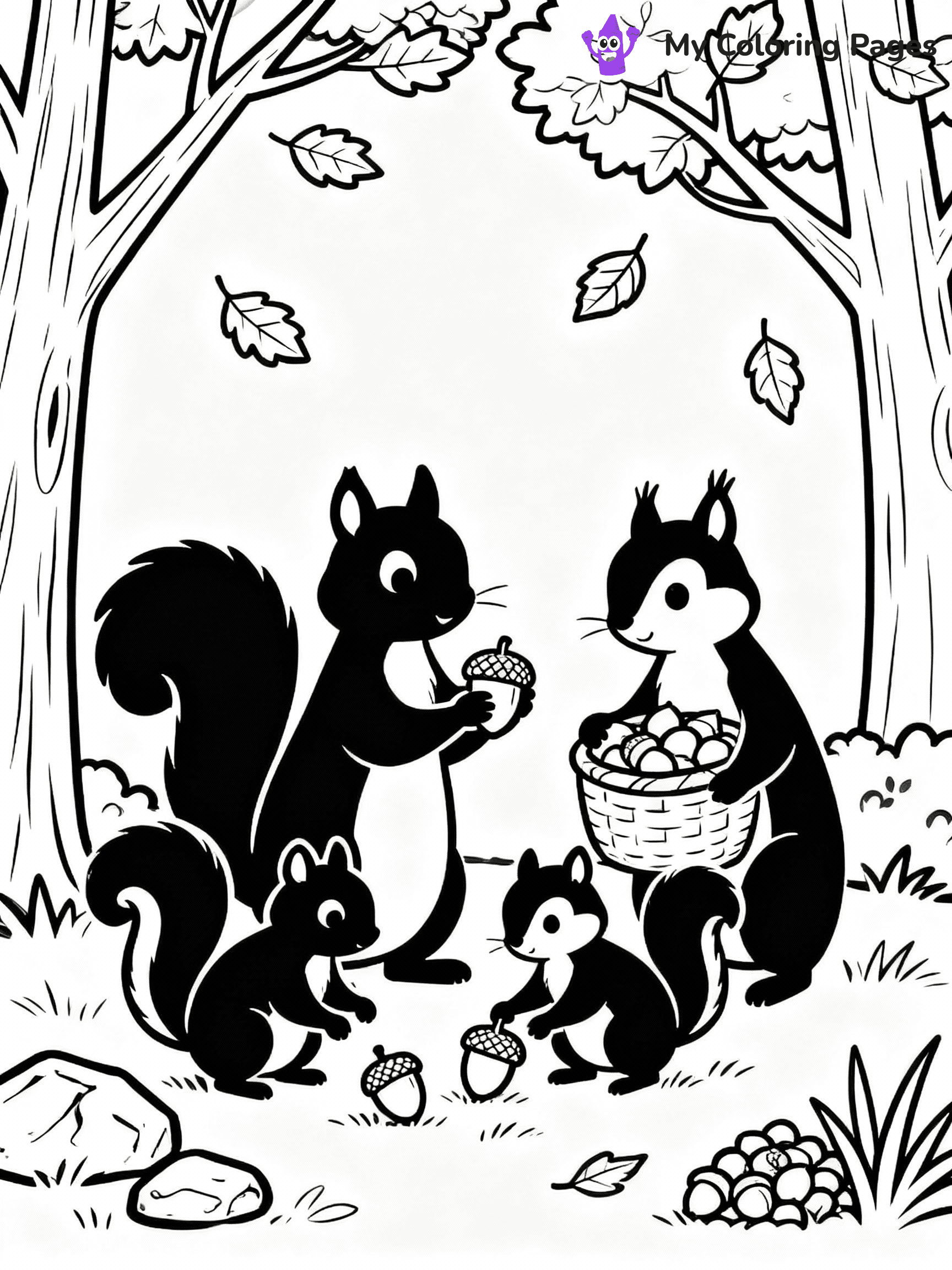 ⚠️ CRITICAL REQUIREMENT - ABSOLUTE BLACK AND WHITE ONLY ⚠️
This MUST be a BLACK AND WHITE line drawing ONLY. NO COLORS whatsoever.
- ONLY pure black lines (#000000) on pure white background (#FFFFFF)
- ABSOLUTELY NO colors, NO shading, NO gradients, NO grayscale
- If there are ANY colors in the output, the image is REJECTED
- This is a COLORING PAGE - meant to be COLORED IN by children
- The output must be UNCOLORED line art ready for coloring
⚠️ SUBJECT TO DRAW: A family of squirrels collecting acorns for winter, in fall-themed style. PURE OUTLINES. NO FILLS, COLOR, SHADING, OR GREYSCALE. WHITE BACKGROUND.
(REMEMBER: Output must be BLACK AND WHITE line art only, NOT colored!)
# Flat, Friendly Cartoon Line-Art Coloring Page
You are generating a **pure black-and-white binary image** of a child-friendly cartoon scene combining characters and background scenery in one cohesive composition.
## Rendering Rules (Strict)
- Only two colors: pure black (#000000) outlines and pure white (#FFFFFF) background.
- No grayscale, shading, gradients, tints, fills, transparency, or partial pixels.
- No antialiasing or blended edges; every pixel is 100% black or white.
- No solid black fills inside shapes — all areas inside outlines must remain white.
- No dark clothing areas or filled tone blocks; all garments outlined only.
- No shadows, textures, lighting, or tonal variations.
- Must look like flat binary vector line-art for coloring pages.
## Drawing & Composition
- **Medium, consistent line weight**; clean closed outlines easy to color inside.
- **Flat, simple, child-friendly design** — no realism or 3D depth.
- Characters are **grounded on a surface**, centered and large.
- **Balanced composition** with clear silhouettes and minimal props.
## Scenery & Style
- Landmarks (e.g., mosque, CN Tower) and scenery (trees, benches, waves) drawn with **black outlines only.**
- For real-world figures, teams, or places, show accurate details using only black outlines—no text or logos. Use distinctive uniform patterns, abstract symbols, and landmark silhouettes to convey identity.
- Keep **consistent perspective**; no floating elements.
- **Style:** whimsical **Doodle Art Alley** — rounded, friendly outlines.
- May adapt shapes from **Crayola, Disney, Peppa Pig, Cocomelon** — *by shape only, never color.*
- Final output: **flat, crisp, binary (#000000/#FFFFFF)**, **no filled color or background text.**
EXTREMELYE IMPORTANT:
- PURE BINARY LINE-ART; NO FILLS (HAIR/CLOTHES/SKIN), SHADING, OR GREY.
- NO SHADING, COLOR. MUST BE WHITE BACKGROUND.
⚠️ FINAL REMINDER: Draw the subject "A family of squirrels collecting acorns for winter, in fall-themed style. PURE OUTLINES. NO FILLS, COLOR, SHADING, OR GREYSCALE. WHITE BACKGROUND." as BLACK AND WHITE line art. Zero colors in output.