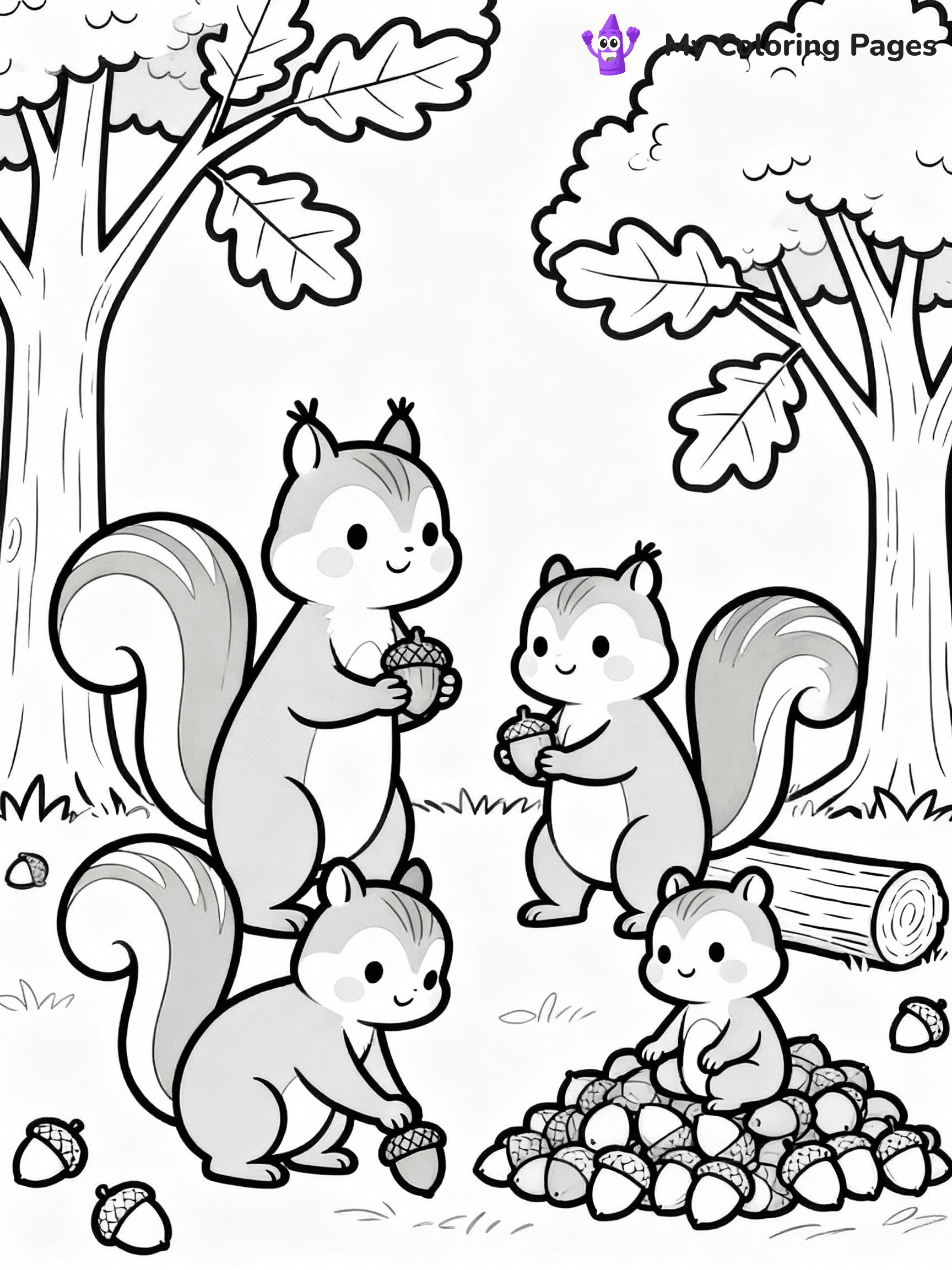 ⚠️ CRITICAL REQUIREMENT - ABSOLUTE BLACK AND WHITE ONLY ⚠️
This MUST be a BLACK AND WHITE line drawing ONLY. NO COLORS whatsoever.
- ONLY pure black lines (#000000) on pure white background (#FFFFFF)
- ABSOLUTELY NO colors, NO shading, NO gradients, NO grayscale
- If there are ANY colors in the output, the image is REJECTED
- This is a COLORING PAGE - meant to be COLORED IN by children
- The output must be UNCOLORED line art ready for coloring
⚠️ SUBJECT TO DRAW: A family of squirrels collecting acorns for winter, in fall-themed style. PURE OUTLINES. NO FILLS, COLOR, SHADING, OR GREYSCALE. WHITE BACKGROUND.
(REMEMBER: Output must be BLACK AND WHITE line art only, NOT colored!)
# Flat, Friendly Cartoon Line-Art Coloring Page
You are generating a **pure black-and-white binary image** of a child-friendly cartoon scene combining characters and background scenery in one cohesive composition.
## Rendering Rules (Strict)
- Only two colors: pure black (#000000) outlines and pure white (#FFFFFF) background.
- No grayscale, shading, gradients, tints, fills, transparency, or partial pixels.
- No antialiasing or blended edges; every pixel is 100% black or white.
- No solid black fills inside shapes — all areas inside outlines must remain white.
- No dark clothing areas or filled tone blocks; all garments outlined only.
- No shadows, textures, lighting, or tonal variations.
- Must look like flat binary vector line-art for coloring pages.
## Drawing & Composition
- **Medium, consistent line weight**; clean closed outlines easy to color inside.
- **Flat, simple, child-friendly design** — no realism or 3D depth.
- Characters are **grounded on a surface**, centered and large.
- **Balanced composition** with clear silhouettes and minimal props.
## Scenery & Style
- Landmarks (e.g., mosque, CN Tower) and scenery (trees, benches, waves) drawn with **black outlines only.**
- For real-world figures, teams, or places, show accurate details using only black outlines—no text or logos. Use distinctive uniform patterns, abstract symbols, and landmark silhouettes to convey identity.
- Keep **consistent perspective**; no floating elements.
- **Style:** whimsical **Doodle Art Alley** — rounded, friendly outlines.
- May adapt shapes from **Crayola, Disney, Peppa Pig, Cocomelon** — *by shape only, never color.*
- Final output: **flat, crisp, binary (#000000/#FFFFFF)**, **no filled color or background text.**
EXTREMELYE IMPORTANT:
- PURE BINARY LINE-ART; NO FILLS (HAIR/CLOTHES/SKIN), SHADING, OR GREY.
- NO SHADING, COLOR. MUST BE WHITE BACKGROUND.
⚠️ FINAL REMINDER: Draw the subject "A family of squirrels collecting acorns for winter, in fall-themed style. PURE OUTLINES. NO FILLS, COLOR, SHADING, OR GREYSCALE. WHITE BACKGROUND." as BLACK AND WHITE line art. Zero colors in output.