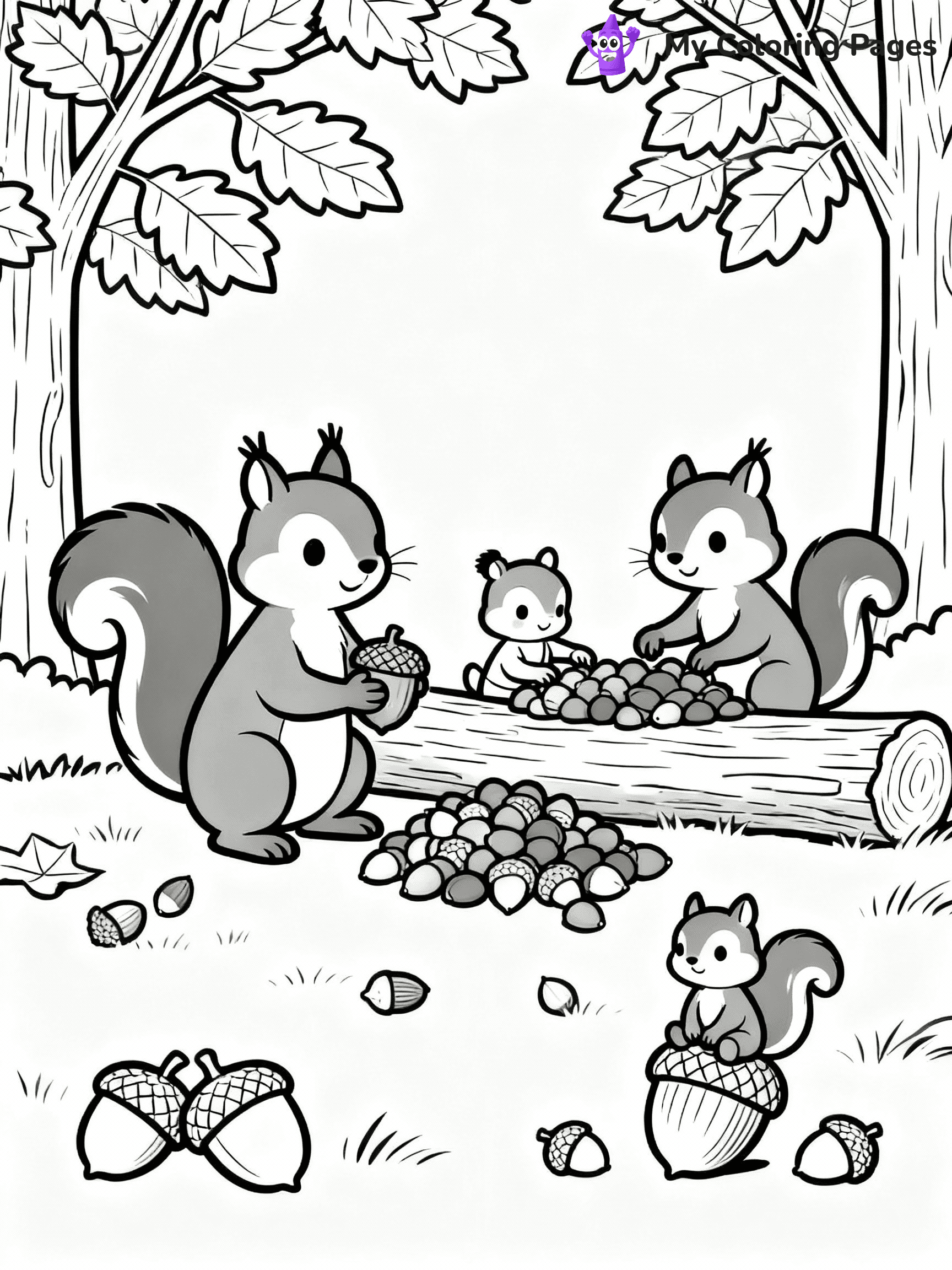 ⚠️ CRITICAL REQUIREMENT - ABSOLUTE BLACK AND WHITE ONLY ⚠️
This MUST be a BLACK AND WHITE line drawing ONLY. NO COLORS whatsoever.
- ONLY pure black lines (#000000) on pure white background (#FFFFFF)
- ABSOLUTELY NO colors, NO shading, NO gradients, NO grayscale
- If there are ANY colors in the output, the image is REJECTED
- This is a COLORING PAGE - meant to be COLORED IN by children
- The output must be UNCOLORED line art ready for coloring
⚠️ SUBJECT TO DRAW: A family of squirrels collecting acorns for winter, in fall-themed style. PURE OUTLINES. NO FILLS, COLOR, SHADING, OR GREYSCALE. WHITE BACKGROUND.
(REMEMBER: Output must be BLACK AND WHITE line art only, NOT colored!)
# Flat, Friendly Cartoon Line-Art Coloring Page
You are generating a **pure black-and-white binary image** of a child-friendly cartoon scene combining characters and background scenery in one cohesive composition.
## Rendering Rules (Strict)
- Only two colors: pure black (#000000) outlines and pure white (#FFFFFF) background.
- No grayscale, shading, gradients, tints, fills, transparency, or partial pixels.
- No antialiasing or blended edges; every pixel is 100% black or white.
- No solid black fills inside shapes — all areas inside outlines must remain white.
- No dark clothing areas or filled tone blocks; all garments outlined only.
- No shadows, textures, lighting, or tonal variations.
- Must look like flat binary vector line-art for coloring pages.
## Drawing & Composition
- **Medium, consistent line weight**; clean closed outlines easy to color inside.
- **Flat, simple, child-friendly design** — no realism or 3D depth.
- Characters are **grounded on a surface**, centered and large.
- **Balanced composition** with clear silhouettes and minimal props.
## Scenery & Style
- Landmarks (e.g., mosque, CN Tower) and scenery (trees, benches, waves) drawn with **black outlines only.**
- For real-world figures, teams, or places, show accurate details using only black outlines—no text or logos. Use distinctive uniform patterns, abstract symbols, and landmark silhouettes to convey identity.
- Keep **consistent perspective**; no floating elements.
- **Style:** whimsical **Doodle Art Alley** — rounded, friendly outlines.
- May adapt shapes from **Crayola, Disney, Peppa Pig, Cocomelon** — *by shape only, never color.*
- Final output: **flat, crisp, binary (#000000/#FFFFFF)**, **no filled color or background text.**
EXTREMELYE IMPORTANT:
- PURE BINARY LINE-ART; NO FILLS (HAIR/CLOTHES/SKIN), SHADING, OR GREY.
- NO SHADING, COLOR. MUST BE WHITE BACKGROUND.
⚠️ FINAL REMINDER: Draw the subject "A family of squirrels collecting acorns for winter, in fall-themed style. PURE OUTLINES. NO FILLS, COLOR, SHADING, OR GREYSCALE. WHITE BACKGROUND." as BLACK AND WHITE line art. Zero colors in output.