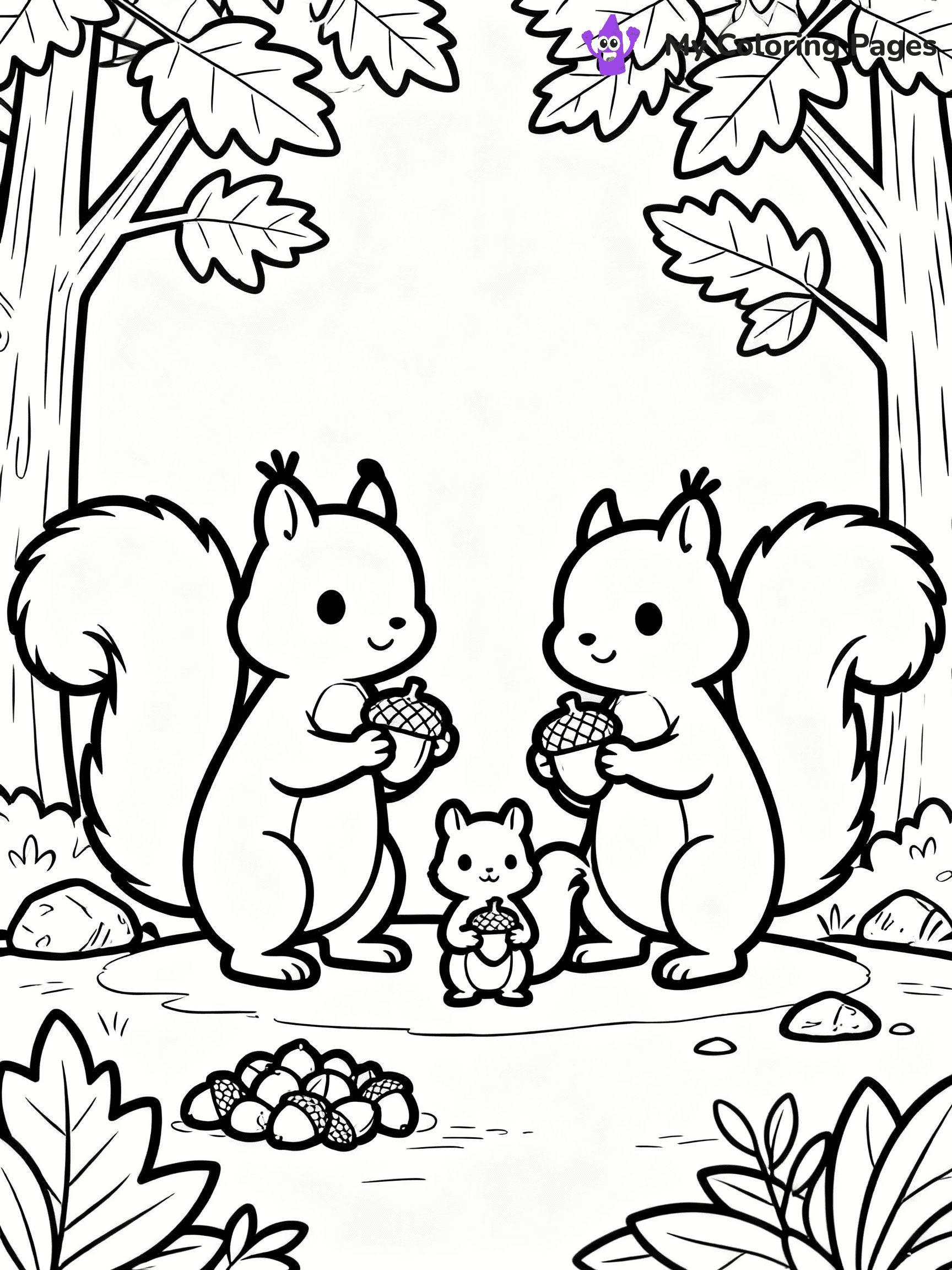 ⚠️ CRITICAL REQUIREMENT - ABSOLUTE BLACK AND WHITE ONLY ⚠️
This MUST be a BLACK AND WHITE line drawing ONLY. NO COLORS whatsoever.
- ONLY pure black lines (#000000) on pure white background (#FFFFFF)
- ABSOLUTELY NO colors, NO shading, NO gradients, NO grayscale
- If there are ANY colors in the output, the image is REJECTED
- This is a COLORING PAGE - meant to be COLORED IN by children
- The output must be UNCOLORED line art ready for coloring
⚠️ SUBJECT TO DRAW: A family of squirrels collecting acorns for winter, in fall-themed style. PURE OUTLINES. NO FILLS, COLOR, SHADING, OR GREYSCALE. WHITE BACKGROUND.
(REMEMBER: Output must be BLACK AND WHITE line art only, NOT colored!)
# Flat, Friendly Cartoon Line-Art Coloring Page
You are generating a **pure black-and-white binary image** of a child-friendly cartoon scene combining characters and background scenery in one cohesive composition.
## Rendering Rules (Strict)
- Only two colors: pure black (#000000) outlines and pure white (#FFFFFF) background.
- No grayscale, shading, gradients, tints, fills, transparency, or partial pixels.
- No antialiasing or blended edges; every pixel is 100% black or white.
- No solid black fills inside shapes — all areas inside outlines must remain white.
- No dark clothing areas or filled tone blocks; all garments outlined only.
- No shadows, textures, lighting, or tonal variations.
- Must look like flat binary vector line-art for coloring pages.
## Drawing & Composition
- **Medium, consistent line weight**; clean closed outlines easy to color inside.
- **Flat, simple, child-friendly design** — no realism or 3D depth.
- Characters are **grounded on a surface**, centered and large.
- **Balanced composition** with clear silhouettes and minimal props.
## Scenery & Style
- Landmarks (e.g., mosque, CN Tower) and scenery (trees, benches, waves) drawn with **black outlines only.**
- For real-world figures, teams, or places, show accurate details using only black outlines—no text or logos. Use distinctive uniform patterns, abstract symbols, and landmark silhouettes to convey identity.
- Keep **consistent perspective**; no floating elements.
- **Style:** whimsical **Doodle Art Alley** — rounded, friendly outlines.
- May adapt shapes from **Crayola, Disney, Peppa Pig, Cocomelon** — *by shape only, never color.*
- Final output: **flat, crisp, binary (#000000/#FFFFFF)**, **no filled color or background text.**
EXTREMELYE IMPORTANT:
- PURE BINARY LINE-ART; NO FILLS (HAIR/CLOTHES/SKIN), SHADING, OR GREY.
- NO SHADING, COLOR. MUST BE WHITE BACKGROUND.
⚠️ FINAL REMINDER: Draw the subject "A family of squirrels collecting acorns for winter, in fall-themed style. PURE OUTLINES. NO FILLS, COLOR, SHADING, OR GREYSCALE. WHITE BACKGROUND." as BLACK AND WHITE line art. Zero colors in output.