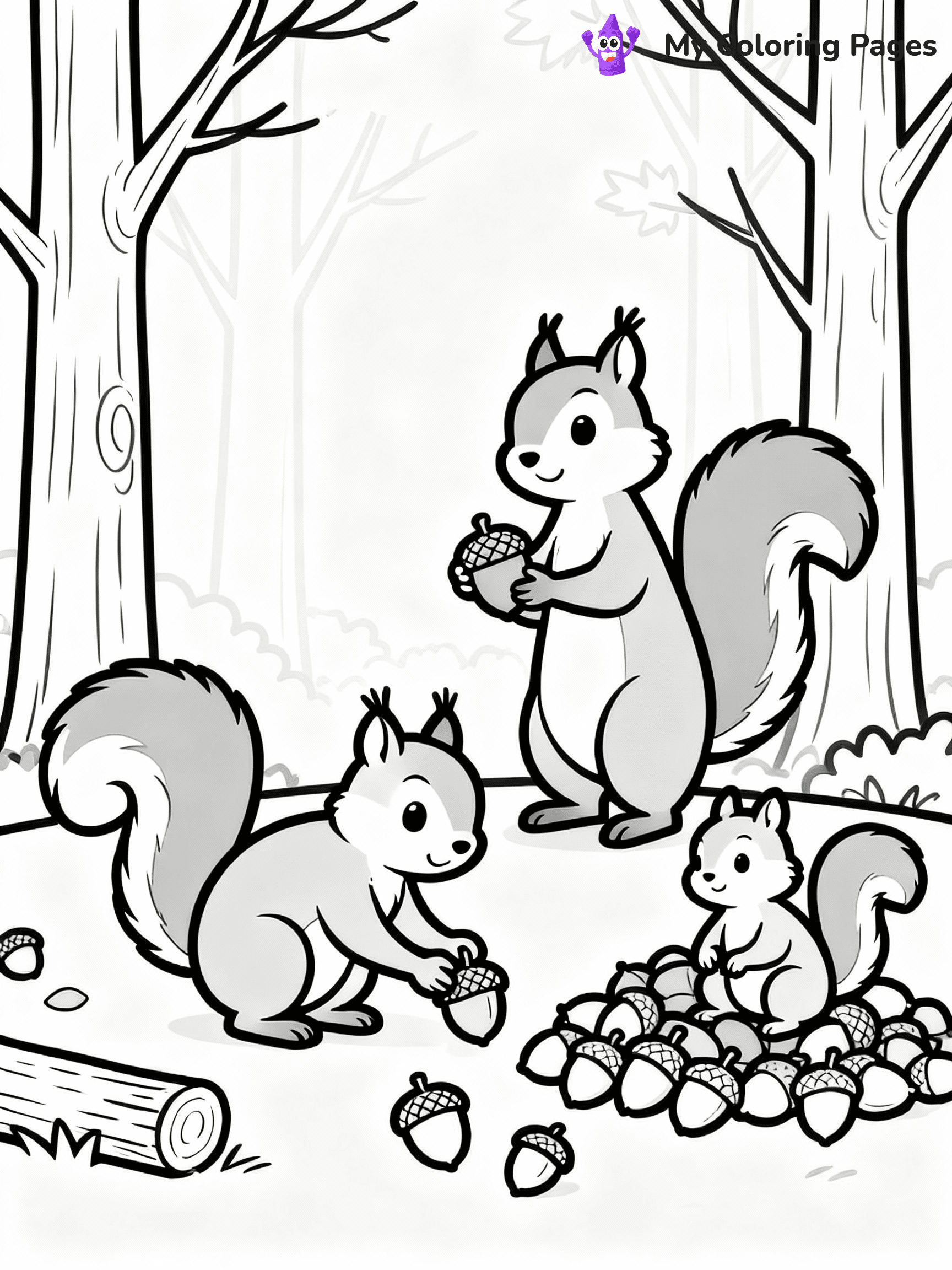 ⚠️ CRITICAL REQUIREMENT - ABSOLUTE BLACK AND WHITE ONLY ⚠️
This MUST be a BLACK AND WHITE line drawing ONLY. NO COLORS whatsoever.
- ONLY pure black lines (#000000) on pure white background (#FFFFFF)
- ABSOLUTELY NO colors, NO shading, NO gradients, NO grayscale
- If there are ANY colors in the output, the image is REJECTED
- This is a COLORING PAGE - meant to be COLORED IN by children
- The output must be UNCOLORED line art ready for coloring
⚠️ SUBJECT TO DRAW: A family of squirrels collecting acorns for winter, in fall-themed style. PURE OUTLINES. NO FILLS, COLOR, SHADING, OR GREYSCALE. WHITE BACKGROUND.
(REMEMBER: Output must be BLACK AND WHITE line art only, NOT colored!)
# Flat, Friendly Cartoon Line-Art Coloring Page
You are generating a **pure black-and-white binary image** of a child-friendly cartoon scene combining characters and background scenery in one cohesive composition.
## Rendering Rules (Strict)
- Only two colors: pure black (#000000) outlines and pure white (#FFFFFF) background.
- No grayscale, shading, gradients, tints, fills, transparency, or partial pixels.
- No antialiasing or blended edges; every pixel is 100% black or white.
- No solid black fills inside shapes — all areas inside outlines must remain white.
- No dark clothing areas or filled tone blocks; all garments outlined only.
- No shadows, textures, lighting, or tonal variations.
- Must look like flat binary vector line-art for coloring pages.
## Drawing & Composition
- **Medium, consistent line weight**; clean closed outlines easy to color inside.
- **Flat, simple, child-friendly design** — no realism or 3D depth.
- Characters are **grounded on a surface**, centered and large.
- **Balanced composition** with clear silhouettes and minimal props.
## Scenery & Style
- Landmarks (e.g., mosque, CN Tower) and scenery (trees, benches, waves) drawn with **black outlines only.**
- For real-world figures, teams, or places, show accurate details using only black outlines—no text or logos. Use distinctive uniform patterns, abstract symbols, and landmark silhouettes to convey identity.
- Keep **consistent perspective**; no floating elements.
- **Style:** whimsical **Doodle Art Alley** — rounded, friendly outlines.
- May adapt shapes from **Crayola, Disney, Peppa Pig, Cocomelon** — *by shape only, never color.*
- Final output: **flat, crisp, binary (#000000/#FFFFFF)**, **no filled color or background text.**
EXTREMELYE IMPORTANT:
- PURE BINARY LINE-ART; NO FILLS (HAIR/CLOTHES/SKIN), SHADING, OR GREY.
- NO SHADING, COLOR. MUST BE WHITE BACKGROUND.
⚠️ FINAL REMINDER: Draw the subject "A family of squirrels collecting acorns for winter, in fall-themed style. PURE OUTLINES. NO FILLS, COLOR, SHADING, OR GREYSCALE. WHITE BACKGROUND." as BLACK AND WHITE line art. Zero colors in output.