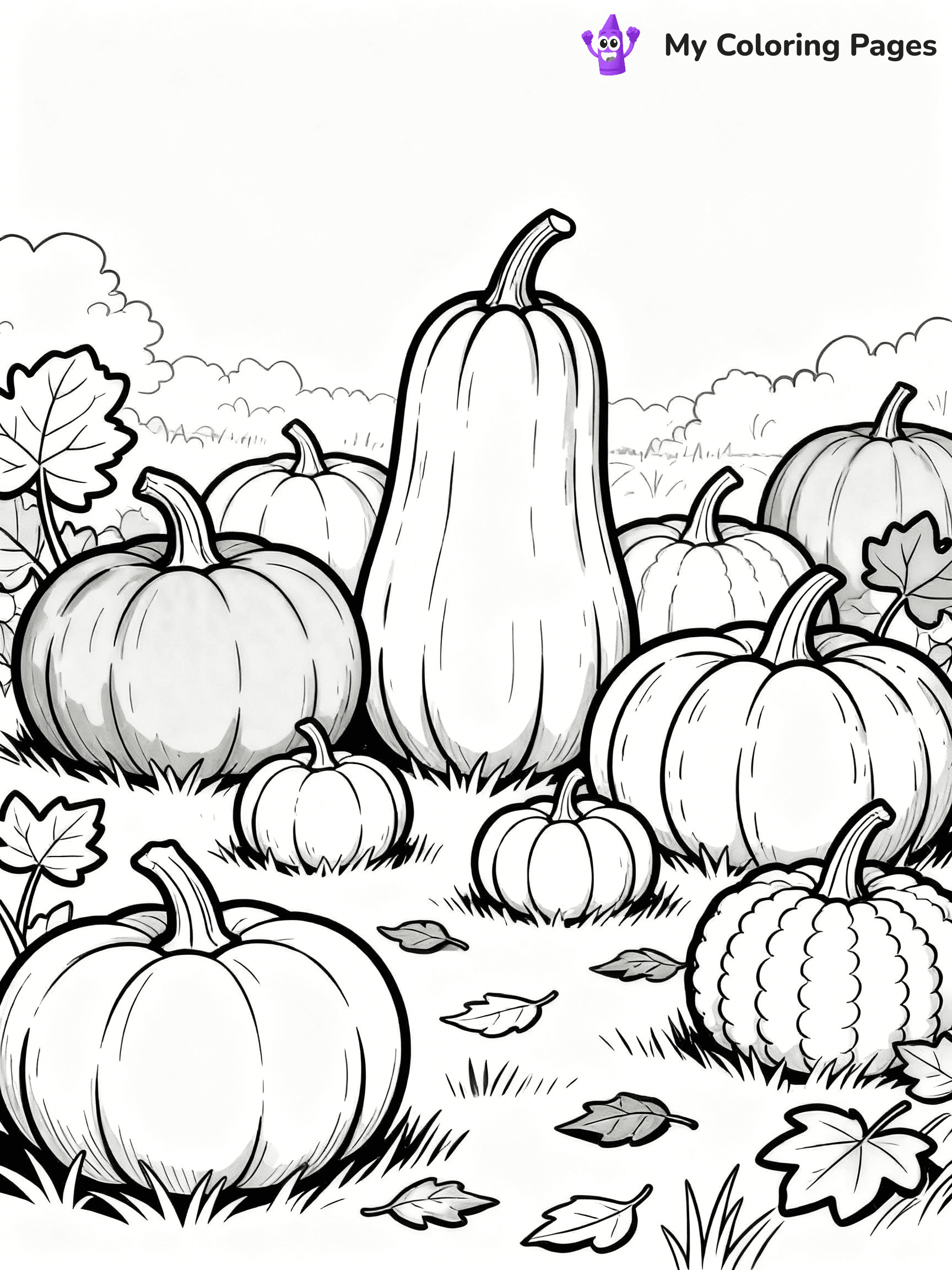 ⚠️ CRITICAL REQUIREMENT - ABSOLUTE BLACK AND WHITE ONLY ⚠️
This MUST be a BLACK AND WHITE line drawing ONLY. NO COLORS whatsoever.
- ONLY pure black lines (#000000) on pure white background (#FFFFFF)
- ABSOLUTELY NO colors, NO shading, NO gradients, NO grayscale
- If there are ANY colors in the output, the image is REJECTED
- This is a COLORING PAGE - meant to be COLORED IN by children
- The output must be UNCOLORED line art ready for coloring
⚠️ SUBJECT TO DRAW: A picturesque pumpkin patch with various pumpkins, in fall-themed style. PURE OUTLINES. NO FILLS, COLOR, SHADING, OR GREYSCALE. WHITE BACKGROUND.
(REMEMBER: Output must be BLACK AND WHITE line art only, NOT colored!)
# Flat, Friendly Cartoon Line-Art Coloring Page
You are generating a **pure black-and-white binary image** of a child-friendly cartoon scene combining characters and background scenery in one cohesive composition.
## Rendering Rules (Strict)
- Only two colors: pure black (#000000) outlines and pure white (#FFFFFF) background.
- No grayscale, shading, gradients, tints, fills, transparency, or partial pixels.
- No antialiasing or blended edges; every pixel is 100% black or white.
- No solid black fills inside shapes — all areas inside outlines must remain white.
- No dark clothing areas or filled tone blocks; all garments outlined only.
- No shadows, textures, lighting, or tonal variations.
- Must look like flat binary vector line-art for coloring pages.
## Drawing & Composition
- **Medium, consistent line weight**; clean closed outlines easy to color inside.
- **Flat, simple, child-friendly design** — no realism or 3D depth.
- Characters are **grounded on a surface**, centered and large.
- **Balanced composition** with clear silhouettes and minimal props.
## Scenery & Style
- Landmarks (e.g., mosque, CN Tower) and scenery (trees, benches, waves) drawn with **black outlines only.**
- For real-world figures, teams, or places, show accurate details using only black outlines—no text or logos. Use distinctive uniform patterns, abstract symbols, and landmark silhouettes to convey identity.
- Keep **consistent perspective**; no floating elements.
- **Style:** whimsical **Doodle Art Alley** — rounded, friendly outlines.
- May adapt shapes from **Crayola, Disney, Peppa Pig, Cocomelon** — *by shape only, never color.*
- Final output: **flat, crisp, binary (#000000/#FFFFFF)**, **no filled color or background text.**
EXTREMELYE IMPORTANT:
- PURE BINARY LINE-ART; NO FILLS (HAIR/CLOTHES/SKIN), SHADING, OR GREY.
- NO SHADING, COLOR. MUST BE WHITE BACKGROUND.
⚠️ FINAL REMINDER: Draw the subject "A picturesque pumpkin patch with various pumpkins, in fall-themed style. PURE OUTLINES. NO FILLS, COLOR, SHADING, OR GREYSCALE. WHITE BACKGROUND." as BLACK AND WHITE line art. Zero colors in output.