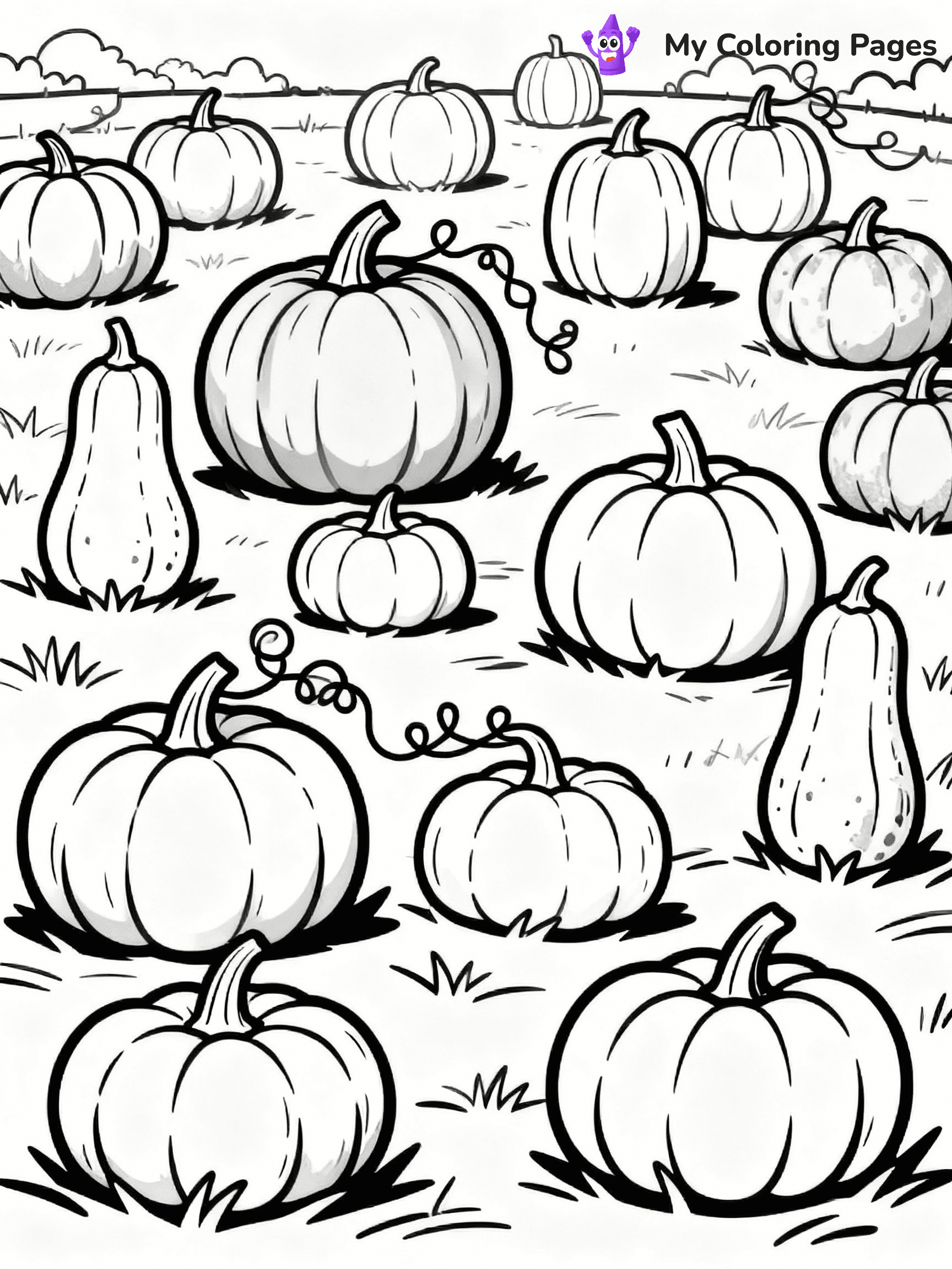 ⚠️ CRITICAL REQUIREMENT - ABSOLUTE BLACK AND WHITE ONLY ⚠️
This MUST be a BLACK AND WHITE line drawing ONLY. NO COLORS whatsoever.
- ONLY pure black lines (#000000) on pure white background (#FFFFFF)
- ABSOLUTELY NO colors, NO shading, NO gradients, NO grayscale
- If there are ANY colors in the output, the image is REJECTED
- This is a COLORING PAGE - meant to be COLORED IN by children
- The output must be UNCOLORED line art ready for coloring
⚠️ SUBJECT TO DRAW: A picturesque pumpkin patch with various pumpkins, in fall-themed style. PURE OUTLINES. NO FILLS, COLOR, SHADING, OR GREYSCALE. WHITE BACKGROUND.
(REMEMBER: Output must be BLACK AND WHITE line art only, NOT colored!)
# Flat, Friendly Cartoon Line-Art Coloring Page
You are generating a **pure black-and-white binary image** of a child-friendly cartoon scene combining characters and background scenery in one cohesive composition.
## Rendering Rules (Strict)
- Only two colors: pure black (#000000) outlines and pure white (#FFFFFF) background.
- No grayscale, shading, gradients, tints, fills, transparency, or partial pixels.
- No antialiasing or blended edges; every pixel is 100% black or white.
- No solid black fills inside shapes — all areas inside outlines must remain white.
- No dark clothing areas or filled tone blocks; all garments outlined only.
- No shadows, textures, lighting, or tonal variations.
- Must look like flat binary vector line-art for coloring pages.
## Drawing & Composition
- **Medium, consistent line weight**; clean closed outlines easy to color inside.
- **Flat, simple, child-friendly design** — no realism or 3D depth.
- Characters are **grounded on a surface**, centered and large.
- **Balanced composition** with clear silhouettes and minimal props.
## Scenery & Style
- Landmarks (e.g., mosque, CN Tower) and scenery (trees, benches, waves) drawn with **black outlines only.**
- For real-world figures, teams, or places, show accurate details using only black outlines—no text or logos. Use distinctive uniform patterns, abstract symbols, and landmark silhouettes to convey identity.
- Keep **consistent perspective**; no floating elements.
- **Style:** whimsical **Doodle Art Alley** — rounded, friendly outlines.
- May adapt shapes from **Crayola, Disney, Peppa Pig, Cocomelon** — *by shape only, never color.*
- Final output: **flat, crisp, binary (#000000/#FFFFFF)**, **no filled color or background text.**
EXTREMELYE IMPORTANT:
- PURE BINARY LINE-ART; NO FILLS (HAIR/CLOTHES/SKIN), SHADING, OR GREY.
- NO SHADING, COLOR. MUST BE WHITE BACKGROUND.
⚠️ FINAL REMINDER: Draw the subject "A picturesque pumpkin patch with various pumpkins, in fall-themed style. PURE OUTLINES. NO FILLS, COLOR, SHADING, OR GREYSCALE. WHITE BACKGROUND." as BLACK AND WHITE line art. Zero colors in output.