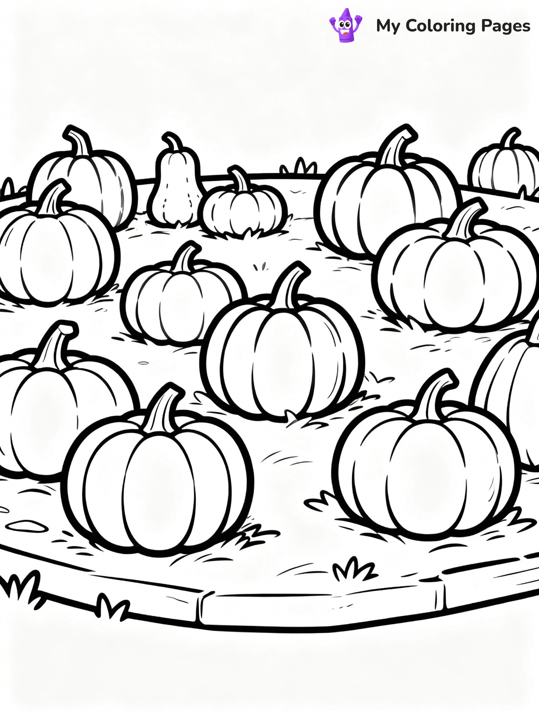 ⚠️ CRITICAL REQUIREMENT - ABSOLUTE BLACK AND WHITE ONLY ⚠️
This MUST be a BLACK AND WHITE line drawing ONLY. NO COLORS whatsoever.
- ONLY pure black lines (#000000) on pure white background (#FFFFFF)
- ABSOLUTELY NO colors, NO shading, NO gradients, NO grayscale
- If there are ANY colors in the output, the image is REJECTED
- This is a COLORING PAGE - meant to be COLORED IN by children
- The output must be UNCOLORED line art ready for coloring
⚠️ SUBJECT TO DRAW: A picturesque pumpkin patch with various pumpkins, in fall-themed style. PURE OUTLINES. NO FILLS, COLOR, SHADING, OR GREYSCALE. WHITE BACKGROUND.
(REMEMBER: Output must be BLACK AND WHITE line art only, NOT colored!)
# Flat, Friendly Cartoon Line-Art Coloring Page
You are generating a **pure black-and-white binary image** of a child-friendly cartoon scene combining characters and background scenery in one cohesive composition.
## Rendering Rules (Strict)
- Only two colors: pure black (#000000) outlines and pure white (#FFFFFF) background.
- No grayscale, shading, gradients, tints, fills, transparency, or partial pixels.
- No antialiasing or blended edges; every pixel is 100% black or white.
- No solid black fills inside shapes — all areas inside outlines must remain white.
- No dark clothing areas or filled tone blocks; all garments outlined only.
- No shadows, textures, lighting, or tonal variations.
- Must look like flat binary vector line-art for coloring pages.
## Drawing & Composition
- **Medium, consistent line weight**; clean closed outlines easy to color inside.
- **Flat, simple, child-friendly design** — no realism or 3D depth.
- Characters are **grounded on a surface**, centered and large.
- **Balanced composition** with clear silhouettes and minimal props.
## Scenery & Style
- Landmarks (e.g., mosque, CN Tower) and scenery (trees, benches, waves) drawn with **black outlines only.**
- For real-world figures, teams, or places, show accurate details using only black outlines—no text or logos. Use distinctive uniform patterns, abstract symbols, and landmark silhouettes to convey identity.
- Keep **consistent perspective**; no floating elements.
- **Style:** whimsical **Doodle Art Alley** — rounded, friendly outlines.
- May adapt shapes from **Crayola, Disney, Peppa Pig, Cocomelon** — *by shape only, never color.*
- Final output: **flat, crisp, binary (#000000/#FFFFFF)**, **no filled color or background text.**
EXTREMELYE IMPORTANT:
- PURE BINARY LINE-ART; NO FILLS (HAIR/CLOTHES/SKIN), SHADING, OR GREY.
- NO SHADING, COLOR. MUST BE WHITE BACKGROUND.
⚠️ FINAL REMINDER: Draw the subject "A picturesque pumpkin patch with various pumpkins, in fall-themed style. PURE OUTLINES. NO FILLS, COLOR, SHADING, OR GREYSCALE. WHITE BACKGROUND." as BLACK AND WHITE line art. Zero colors in output.