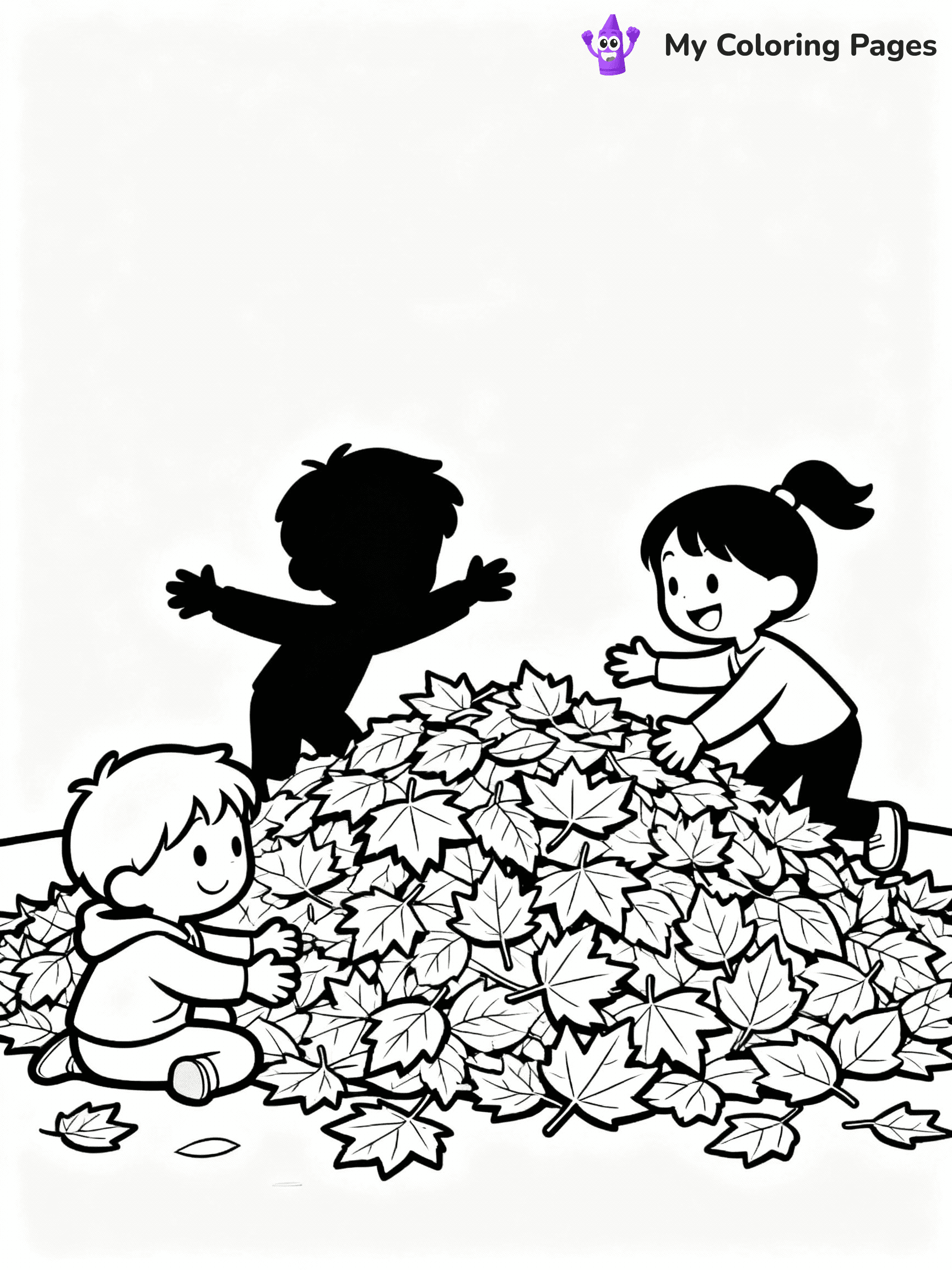 ⚠️ CRITICAL REQUIREMENT - ABSOLUTE BLACK AND WHITE ONLY ⚠️
This MUST be a BLACK AND WHITE line drawing ONLY. NO COLORS whatsoever.
- ONLY pure black lines (#000000) on pure white background (#FFFFFF)
- ABSOLUTELY NO colors, NO shading, NO gradients, NO grayscale
- If there are ANY colors in the output, the image is REJECTED
- This is a COLORING PAGE - meant to be COLORED IN by children
- The output must be UNCOLORED line art ready for coloring
⚠️ SUBJECT TO DRAW: Children playing in a pile of autumn leaves, in fall-themed style. PURE OUTLINES. NO FILLS, COLOR, SHADING, OR GREYSCALE. WHITE BACKGROUND.
(REMEMBER: Output must be BLACK AND WHITE line art only, NOT colored!)
# Flat, Friendly Cartoon Line-Art Coloring Page
You are generating a **pure black-and-white binary image** of a child-friendly cartoon scene combining characters and background scenery in one cohesive composition.
## Rendering Rules (Strict)
- Only two colors: pure black (#000000) outlines and pure white (#FFFFFF) background.
- No grayscale, shading, gradients, tints, fills, transparency, or partial pixels.
- No antialiasing or blended edges; every pixel is 100% black or white.
- No solid black fills inside shapes — all areas inside outlines must remain white.
- No dark clothing areas or filled tone blocks; all garments outlined only.
- No shadows, textures, lighting, or tonal variations.
- Must look like flat binary vector line-art for coloring pages.
## Drawing & Composition
- **Medium, consistent line weight**; clean closed outlines easy to color inside.
- **Flat, simple, child-friendly design** — no realism or 3D depth.
- Characters are **grounded on a surface**, centered and large.
- **Balanced composition** with clear silhouettes and minimal props.
## Scenery & Style
- Landmarks (e.g., mosque, CN Tower) and scenery (trees, benches, waves) drawn with **black outlines only.**
- For real-world figures, teams, or places, show accurate details using only black outlines—no text or logos. Use distinctive uniform patterns, abstract symbols, and landmark silhouettes to convey identity.
- Keep **consistent perspective**; no floating elements.
- **Style:** whimsical **Doodle Art Alley** — rounded, friendly outlines.
- May adapt shapes from **Crayola, Disney, Peppa Pig, Cocomelon** — *by shape only, never color.*
- Final output: **flat, crisp, binary (#000000/#FFFFFF)**, **no filled color or background text.**
EXTREMELYE IMPORTANT:
- PURE BINARY LINE-ART; NO FILLS (HAIR/CLOTHES/SKIN), SHADING, OR GREY.
- NO SHADING, COLOR. MUST BE WHITE BACKGROUND.
⚠️ FINAL REMINDER: Draw the subject "Children playing in a pile of autumn leaves, in fall-themed style. PURE OUTLINES. NO FILLS, COLOR, SHADING, OR GREYSCALE. WHITE BACKGROUND." as BLACK AND WHITE line art. Zero colors in output.