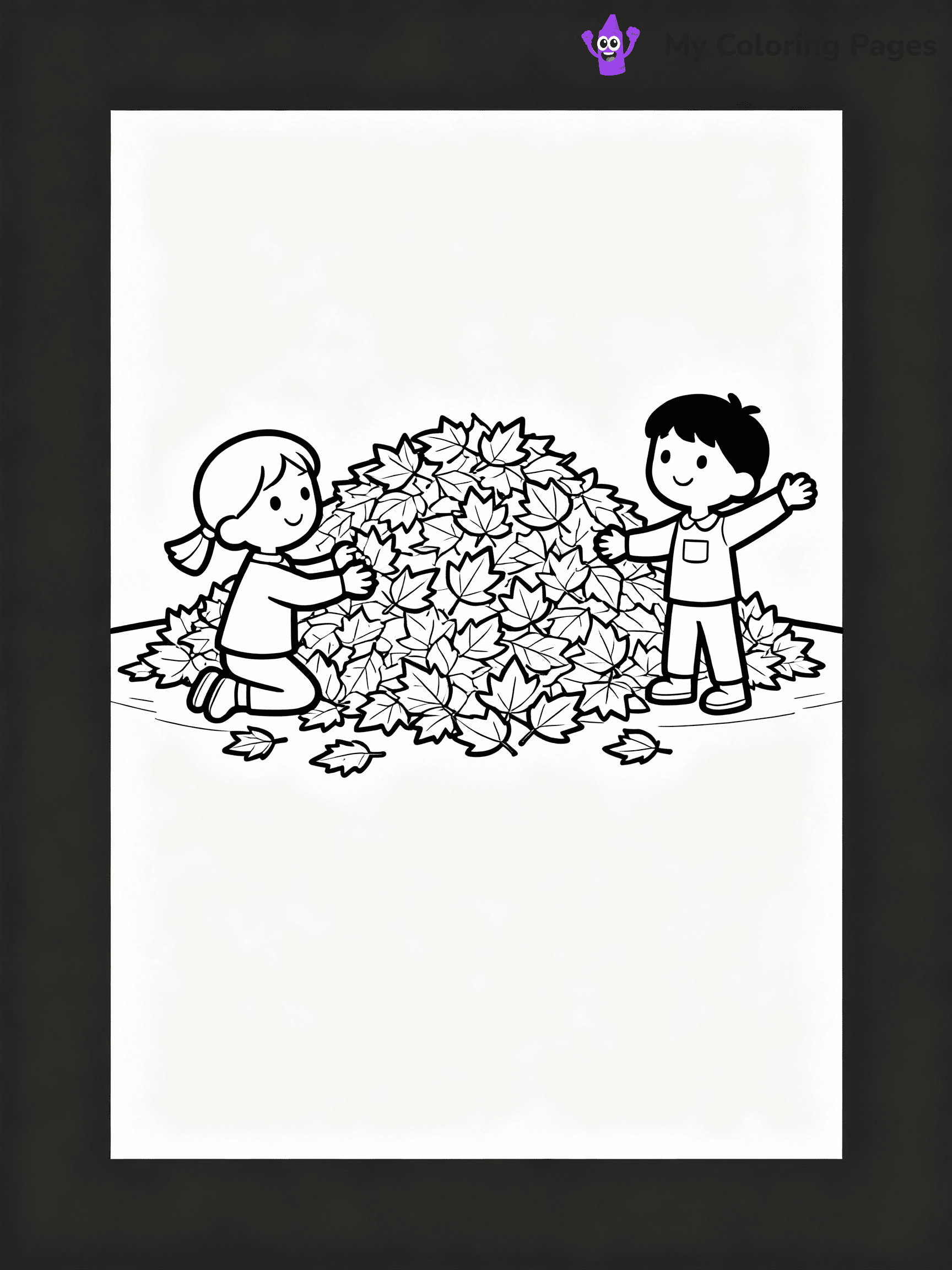 ⚠️ CRITICAL REQUIREMENT - ABSOLUTE BLACK AND WHITE ONLY ⚠️
This MUST be a BLACK AND WHITE line drawing ONLY. NO COLORS whatsoever.
- ONLY pure black lines (#000000) on pure white background (#FFFFFF)
- ABSOLUTELY NO colors, NO shading, NO gradients, NO grayscale
- If there are ANY colors in the output, the image is REJECTED
- This is a COLORING PAGE - meant to be COLORED IN by children
- The output must be UNCOLORED line art ready for coloring
⚠️ SUBJECT TO DRAW: Children playing in a pile of autumn leaves, in fall-themed style. PURE OUTLINES. NO FILLS, COLOR, SHADING, OR GREYSCALE. WHITE BACKGROUND.
(REMEMBER: Output must be BLACK AND WHITE line art only, NOT colored!)
# Flat, Friendly Cartoon Line-Art Coloring Page
You are generating a **pure black-and-white binary image** of a child-friendly cartoon scene combining characters and background scenery in one cohesive composition.
## Rendering Rules (Strict)
- Only two colors: pure black (#000000) outlines and pure white (#FFFFFF) background.
- No grayscale, shading, gradients, tints, fills, transparency, or partial pixels.
- No antialiasing or blended edges; every pixel is 100% black or white.
- No solid black fills inside shapes — all areas inside outlines must remain white.
- No dark clothing areas or filled tone blocks; all garments outlined only.
- No shadows, textures, lighting, or tonal variations.
- Must look like flat binary vector line-art for coloring pages.
## Drawing & Composition
- **Medium, consistent line weight**; clean closed outlines easy to color inside.
- **Flat, simple, child-friendly design** — no realism or 3D depth.
- Characters are **grounded on a surface**, centered and large.
- **Balanced composition** with clear silhouettes and minimal props.
## Scenery & Style
- Landmarks (e.g., mosque, CN Tower) and scenery (trees, benches, waves) drawn with **black outlines only.**
- For real-world figures, teams, or places, show accurate details using only black outlines—no text or logos. Use distinctive uniform patterns, abstract symbols, and landmark silhouettes to convey identity.
- Keep **consistent perspective**; no floating elements.
- **Style:** whimsical **Doodle Art Alley** — rounded, friendly outlines.
- May adapt shapes from **Crayola, Disney, Peppa Pig, Cocomelon** — *by shape only, never color.*
- Final output: **flat, crisp, binary (#000000/#FFFFFF)**, **no filled color or background text.**
EXTREMELYE IMPORTANT:
- PURE BINARY LINE-ART; NO FILLS (HAIR/CLOTHES/SKIN), SHADING, OR GREY.
- NO SHADING, COLOR. MUST BE WHITE BACKGROUND.
⚠️ FINAL REMINDER: Draw the subject "Children playing in a pile of autumn leaves, in fall-themed style. PURE OUTLINES. NO FILLS, COLOR, SHADING, OR GREYSCALE. WHITE BACKGROUND." as BLACK AND WHITE line art. Zero colors in output.